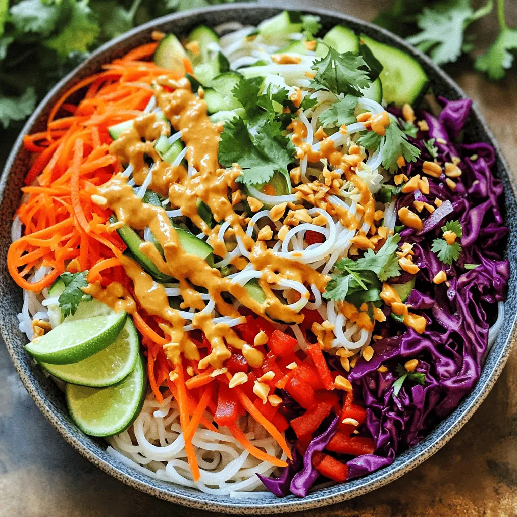 To make a tasty Thai Peanut Noodle Salad, you need: - 8 oz rice noodles - 1 cup shredded carrots - 1 red bell pepper, thinly sliced - 1 cucumber, julienned - 1 cup red cabbage, thinly sliced - ½ cup fresh cilantro, chopped - ¼ cup green onions, sliced - ½ cup roasted peanuts, chopped For the peanut sauce, gather: - ¼ cup natural peanut butter - 3 tablespoons soy sauce - 2 tablespoons lime juice - 1 tablespoon honey (or maple syrup for vegan) - 1 tablespoon sesame oil - 1 teaspoon grated ginger - 1 garlic clove, minced - 1-2 tablespoons water (to thin) If you want to switch things up, here are some great swaps: - Use almond butter or sunflower seed butter for peanut butter. - Try bell peppers, carrots, or zucchini for fresh veggies. - For gluten-free needs, use rice noodles and tamari instead of soy sauce. - Maple syrup can replace honey for a vegan option. Choosing fresh ingredients makes a big difference in taste. Here’s how to pick the best: - Rice Noodles: Look for firm noodles without cracks. - Vegetables: Choose bright, vibrant colors and avoid any wilting. - Peanuts: Use dry-roasted peanuts for the best flavor and crunch. - Herbs: Fresh cilantro should smell strong and look bright green. Select ingredients with care to boost your salad's flavor and freshness. To cook the rice noodles, first, bring a pot of water to a boil. Add the noodles and cook according to the package instructions, usually around 4 to 6 minutes. You want them soft but not mushy. Once cooked, drain the noodles in a colander. Rinse them under cold water to stop the cooking. This keeps the noodles from sticking. After rinsing, let them sit in the colander to drain well. Set the noodles aside for later. Next, let's make the peanut sauce. In a small bowl, add the natural peanut butter, soy sauce, lime juice, honey, sesame oil, grated ginger, and minced garlic. Whisk them together until smooth. If the sauce is too thick, add one or two tablespoons of water to thin it out. You want a creamy and pourable sauce, not runny. Taste it to adjust any flavors if needed—balance is key! Now it's time to assemble the salad. In a large mixing bowl, combine the cooked rice noodles, shredded carrots, sliced red bell pepper, julienned cucumber, thinly sliced red cabbage, chopped cilantro, and sliced green onions. Pour the peanut sauce over the noodle mixture. Toss everything gently until well coated. This ensures every bite is full of flavor. Let the salad sit for about 10 minutes. This helps the flavors blend well. Just before serving, sprinkle the chopped roasted peanuts on top for a crunchy finish. To add more depth to your Thai Peanut Noodle Salad, use fresh herbs. Basil, mint, and cilantro bring bright notes. You can also try adding a pinch of red pepper flakes for heat. Mixing in sesame seeds gives a nutty crunch. Fresh lime zest adds a citrus punch too. Experiment with these herbs and spices to find your favorite mix! Serve your salad in a large bowl for a family-style meal. For individual plates, layer the ingredients neatly. Top with extra chopped peanuts and a sprig of cilantro. A lime wedge on the side adds color and flavor. Use a vibrant plate to make the colors pop. Eye-catching presentation makes the meal more enjoyable. You can prep this salad a day in advance. Cook the noodles and chop the veggies early. Keep the peanut sauce separate until you are ready to serve. This way, the salad stays crisp and fresh. Just before serving, toss everything together. This saves time and allows the flavors to blend nicely! {{image_2}} You can easily change this salad to fit your diet. For a vegan version, swap honey for maple syrup. Use gluten-free soy sauce if you need a gluten-free option. If you are allergic to nuts, try sunflower seed butter instead of peanut butter. This way, you can still enjoy the creamy texture and flavor. You can add more veggies and proteins to this salad. Try adding bell peppers, snap peas, or edamame for extra crunch and color. Tofu or grilled chicken can boost the protein. You might also sprinkle in some avocado for creaminess. Feel free to mix and match based on what you love! Want to make this salad even more exciting? Add some spice with sliced jalapeños or crushed red pepper flakes. For a sweeter taste, add more honey or some pineapple chunks. If you enjoy tangy flavors, try adding a splash of rice vinegar or more lime juice. These twists make the dish fun and fresh every time! To keep your Thai Peanut Noodle Salad fresh, store it in an airtight container. Place it in the fridge right after serving. This helps stop bacteria from growing. If you want to freeze it, do not add the peanuts yet. They lose their crunch when frozen. You can store the salad for up to three days in the fridge. For freezing, use a freezer-safe container and eat it within a month. The salad lasts about three days in the fridge. After that, the veggies may become soggy. To keep it fresh longer, make the peanut sauce and salad ingredients separately. Combine them just before you eat. This keeps the flavors bright and the texture nice. You can enjoy this salad cold, which is refreshing. If you prefer warm noodles, you can reheat them. Place the noodles in a pot over low heat. Add a splash of water to help steam them. Stir until they are warm. Mix them back with the salad after reheating. Enjoy it your way! Yes, you can make this salad ahead of time. Prep the salad and store it in the fridge. Keep the peanut sauce separate until you're ready to eat. This helps the salad stay fresh. When you're ready, mix the salad and sauce together. Let it sit for about 10 minutes. This helps the flavors blend better. If you have nut allergies, try sunflower seeds or pumpkin seeds. They add a nice crunch without the nuts. You can also skip the nuts altogether. Just top your salad with crispy rice or extra veggies to keep it exciting. Yes! To add spice, include sliced jalapeños or a dash of red pepper flakes. You can also mix in sriracha sauce with the peanut sauce. Start with a little and taste as you go. This way, you can control how hot it gets. This blog post outlined how to make a Thai Peanut Noodle Salad. We covered key ingredients, cooking steps, and tips for fresh ingredients. You learned how to enhance flavors and presented the dish beautifully. In conclusion, this salad is versatile and easy to make. You can adjust it for different diets and tastes. Enjoy making it, sharing with friends, or prepping meals ahead. It’s a dish that shines in flavor and presentation.