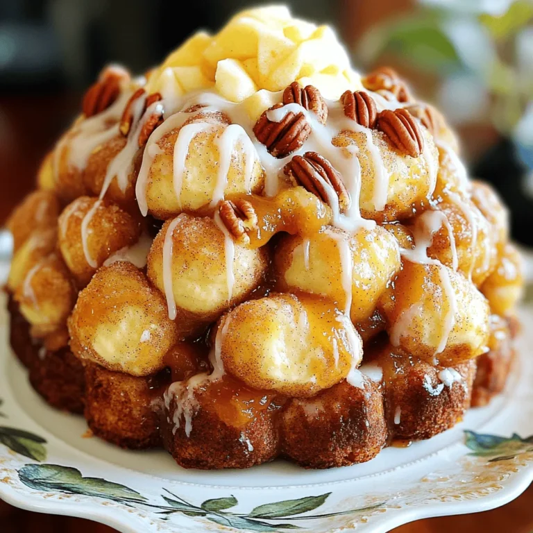 To make Apple Butter Monkey Bread, you will need: - 2 cans (16 oz each) refrigerated biscuit dough - 1 cup apple butter - 1/2 cup brown sugar - 1 teaspoon ground cinnamon - 1/4 teaspoon nutmeg - 1/2 cup chopped pecans (optional) - 1/4 cup melted butter - 1/4 cup powdered sugar (for drizzle) - 1 tablespoon milk (for drizzle) You can make this recipe even more fun with these options: - Chopped walnuts instead of pecans - A pinch of salt for added flavor - A splash of vanilla extract for depth If you don't have some ingredients, here are good swaps: - Use homemade biscuit dough if you prefer. - Swap apple butter with pumpkin butter for a twist. - Use light brown sugar instead of dark for a milder taste. Feel free to mix and match based on what you have at home. This recipe is flexible and simple! To start, preheat your oven to 350°F (175°C). Greasing the bundt pan is key. Use cooking spray or butter to coat the inside. This helps the monkey bread come out easily later. In a mixing bowl, combine 1/2 cup of brown sugar, 1 teaspoon of ground cinnamon, and 1/4 teaspoon of nutmeg. This mix gives the dough a sweet and spicy flavor. Set it aside until you are ready to use it. Open the cans of refrigerated biscuit dough. Cut each biscuit into quarters. Roll each piece into a small ball. Dip these balls in 1/4 cup of melted butter. Then, roll them in the sugar mixture until fully coated. Layer half of the coated dough balls in the bottom of the prepared bundt pan. Pour half of the apple butter over this layer. If you like nuts, sprinkle half of the chopped pecans on top. Repeat this step with the remaining dough balls, apple butter, and pecans. Bake in the preheated oven for 30-35 minutes. Look for a golden brown color to know it's done. Once baked, remove it from the oven. Let it cool for 10 minutes before inverting it onto a serving plate. For a sweet finish, mix 1/4 cup of powdered sugar with 1 tablespoon of milk. Drizzle this icing over the warm monkey bread. Enjoy every bite! For great layers in your monkey bread, start by cutting the biscuits evenly. Use kitchen scissors or a sharp knife to slice each biscuit into four pieces. This helps them mix well with the apple butter. When you roll the pieces into balls, keep them uniform in size. Smaller balls make for better layering. Make sure to coat each ball fully in the melted butter and sugar mix. This step adds flavor and helps stick layers together. Layer half the balls first, then add half the apple butter and pecans. Repeat this for the second layer. The more even your layers, the better your monkey bread will look! If you have leftovers, store them in an airtight container. This keeps the bread fresh and prevents it from drying out. You can leave it at room temperature for one day. For longer storage, place it in the fridge. Just remember to cover it well. When you are ready to eat it again, warm it in the oven. This brings back the soft texture. You can also drizzle some fresh icing on top for extra sweetness. One common mistake is not greasing the bundt pan well. This can make it tough to remove the monkey bread later. Another mistake is overbaking. Keep an eye on it in the oven. It should be golden brown but not too dark. Also, don’t skip the melting butter step. This is key for flavor and texture. Lastly, avoid using cold apple butter straight from the fridge. Let it warm up a bit first for better spreading. Following these tips will help you make a perfect apple butter monkey bread! {{image_2}} You can make your monkey bread even better by adding nuts or fruits. Chopped walnuts or almonds give a nice crunch. You can also add apples or raisins for extra flavor. Just mix these in with the biscuit balls or layer them in between. This adds great taste and texture to your dish. Apple butter is great, but don’t stop there! Try different flavors like pumpkin butter or pear butter. These changes will give your monkey bread a new twist. Each flavor brings its own unique taste. Experiment and see which one you like the most. Your friends and family will love the surprises! If you want a vegetarian option, this recipe is already meat-free. To make it gluten-free, use gluten-free biscuit dough. Many brands offer tasty options that work well. Make sure to check the labels. This way, everyone can enjoy your delicious creation, no matter their diet. To keep your apple butter monkey bread fresh, store it in an airtight container. This helps prevent it from drying out. Place the cooled monkey bread in the container. You can also wrap it tightly in plastic wrap or aluminum foil. Make sure to eat it within three days for the best taste. You can freeze monkey bread if you want to save some for later. First, let it cool completely. Then, wrap it tightly in plastic wrap. After that, place it in a freezer bag or container. It can last in the freezer for up to three months. When you’re ready, thaw it overnight in the fridge. Reheating your monkey bread is easy. Preheat the oven to 350°F (175°C). Place the monkey bread in an oven-safe dish. Cover it with foil to keep it moist. Heat for about 10-15 minutes. You can also use the microwave for a quick reheat. Just warm it for about 30 seconds, but be careful not to dry it out. Enjoy it warm for the best flavor! Yes, you can use homemade apple butter. It adds a personal touch to the dish. Homemade apple butter often has a richer flavor. This will make your monkey bread taste even better. Just make sure it has a smooth texture. Chunky apple butter may not blend well with the dough. I recommend using refrigerated biscuit dough. The flaky texture works perfectly for monkey bread. You can choose buttermilk or classic biscuits. Both options will create a soft, tasty bread. Avoid dough that is too dense. It may not rise or bake well. You can prepare the monkey bread the night before. Assemble it in the bundt pan. Cover it tightly with plastic wrap and store it in the fridge. When you’re ready to bake, just remove it from the fridge. Let it sit for about 30 minutes before baking. This way, it will rise better in the oven. We covered the key parts of making monkey bread. You learned about ingredients, step-by-step instructions, and tips for great results. I shared variations to make it your own and how to store any leftovers. Remember, the right ingredients and careful prep give the best taste. Avoid common mistakes, and your monkey bread will be a hit. Enjoy making this fun treat!