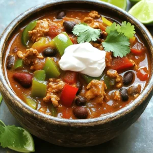 - 1 pound ground turkey - 1 medium onion, diced - 3 cloves garlic, minced - 1 red bell pepper, diced - 1 green bell pepper, diced - 1 can (15 oz) black beans, rinsed and drained - 1 can (15 oz) kidney beans, rinsed and drained - 1 can (28 oz) crushed tomatoes - 2 cups vegetable broth I use ground turkey for this chili because it cooks quickly and tastes great. The turkey gives the chili a nice, meaty flavor without being too heavy. I love adding onion and garlic for their rich taste and aroma. The bell peppers bring color and sweetness, making the dish even better. Black beans and kidney beans add protein and fiber, making this meal filling and healthy. - 2 tablespoons chipotle in adobo sauce, chopped - 1 tablespoon smoked paprika - 1 tablespoon ground cumin - 1 teaspoon dried oregano - 1 teaspoon salt - ½ teaspoon black pepper - 1 tablespoon olive oil Chipotle in adobo sauce gives the chili its smoky kick. I love how it adds depth and warmth. Smoked paprika and ground cumin also contribute to the rich flavor. Dried oregano adds a hint of earthiness, while salt and pepper enhance all the tastes. Olive oil is perfect for sautéing the onions and garlic, adding a bit of healthy fat to the mix. - Fresh cilantro, for garnish - Sour cream or Greek yogurt, for serving (optional) - Lime wedges, for serving (optional) I enjoy topping my chili with fresh cilantro. It brings a bright, fresh taste that balances the rich flavors. A dollop of sour cream or Greek yogurt adds creaminess and coolness, perfect for spicy chili. Lime wedges add a zesty finish that brings everything together. Together, these toppings make the chili even more delightful! To start, heat 1 tablespoon of olive oil in a large pot over medium heat. Add 1 medium diced onion and sauté for about 5 minutes. The onion should turn soft and clear. Next, add 3 minced garlic cloves. Cook for another minute until it smells great. Now, stir in 1 pound of ground turkey. Break it apart with a spoon. Cook until it turns brown, about 6-7 minutes. Once the turkey is browned, it's time to add some color and nutrition. Toss in 1 diced red bell pepper and 1 diced green bell pepper. Cook these for another 5 minutes until they begin to soften. Now, mix in 1 can of black beans and 1 can of kidney beans, both rinsed and drained. This adds protein and fiber to your chili. Now comes the exciting part! Pour in 1 can of crushed tomatoes and add 2 tablespoons of chipotle in adobo sauce. This gives the chili its smoky flavor. Stir in 1 tablespoon of smoked paprika, 1 tablespoon of ground cumin, 1 teaspoon of dried oregano, 1 teaspoon of salt, and ½ teaspoon of black pepper. Finally, add 2 cups of vegetable broth and stir everything together. Bring the mixture to a boil, then lower the heat. Let it simmer uncovered for 25-30 minutes. Stir it every so often until it thickens to your liking. If you want more heat, feel free to add extra chipotle sauce. After cooking, let it sit for a few minutes before serving. To make your Smoky Chipotle Turkey Chili shine, adjust the spice levels. Start with the recipe’s measurements. If you like heat, add more chipotle in adobo. For a milder taste, reduce the amount. Always taste as you go. This way, you can find the right balance for your taste buds. When sautéing your onions and garlic, heat the olive oil over medium heat. Add the onions first. Cook them until they are soft and clear. This usually takes about five minutes. Then, add the garlic. Cook it for one more minute to release its rich aroma. This step builds a great base for your chili. Serve Smoky Chipotle Turkey Chili with cornbread for a comforting meal. The sweet cornbread complements the chili’s heat. You can also serve it with tortilla chips for a fun crunch. For presentation, use deep bowls. Ladle the chili into them and top with a dollop of sour cream or Greek yogurt. Sprinkle fresh cilantro on top for a pop of color. Add lime wedges on the side for a zesty finish that brightens each bite. You can cook this chili in different ways. A slow cooker works well. After browning the turkey and sautéing the veggies, transfer everything to the slow cooker. Let it cook on low for 6-8 hours. This makes the flavors deepen nicely. To achieve your desired thickness, let the chili simmer uncovered. If it’s too thin, let it cook longer. If you want it thicker, mash some beans against the pot’s side. This will help create a creamy texture while keeping the chili hearty. {{image_2}} You can easily swap proteins in this chili. Ground turkey is great, but you can use chicken or beef. For a lighter option, try ground chicken. If you want a plant-based meal, swap in lentils or mushrooms. Both give a hearty bite. For vegetarian or vegan versions, use beans as the main protein. You can add more black beans, kidney beans, or chickpeas. They soak up flavors well and keep the dish filling. To boost the taste, add extra veggies. Try corn, zucchini, or carrots for a sweet twist. Each veggie adds new textures and colors. You can also mix in different beans. White beans or pinto beans work great in the chili. If you like heat, toss in fresh jalapeños or more chipotle. These changes make every bowl unique and fun. This chili is perfect for meal prep. Make a big batch and store it in containers. You can easily reheat it during the week for quick meals. Pair it with rice or cornbread for a complete feast. When serving, add tasty toppings. Fresh cilantro gives a nice pop of flavor. A dollop of sour cream or Greek yogurt adds creaminess. Serve with lime wedges for a zesty touch. These small additions make each bowl special. After enjoying your Smoky Chipotle Turkey Chili, store any leftovers in a safe way. Use an airtight container for the best results. Place the chili in the fridge for up to four days. Make sure it cools down before sealing. If you want to keep it longer, freeze it. Chili can freeze well for about three months. Just portion it out in freezer-safe containers. Label them with the date to keep track. When you're ready to enjoy the chili again, there are a few easy ways to reheat it. You can use the microwave, stove, or even an oven. If using the microwave, heat in short intervals, stirring in between. On the stove, warm it over low heat, stirring often. If you use the oven, place it in a covered dish at a low temperature. After reheating, taste the chili. You might need to adjust the seasoning. Add a pinch of salt or more chipotle for extra flavor. In the fridge, your chili lasts about four days. Keep an eye on it after that. Signs that it has gone bad include an off smell or mold. If it looks or smells strange, it is best to toss it. Always trust your senses; they help you stay safe! The Smoky Chipotle Turkey Chili has a nice kick. The chipotle in adobo sauce gives it a smoky heat. If you are sensitive to spice, you can adjust the heat by using less chipotle. Start with one tablespoon and taste. If you want more heat, you can add more later. This way, you control how spicy your chili will be. Yes, you can use different meats in this chili. Ground chicken, beef, or pork all work well. If you prefer, you can even use plant-based meat. Just make sure to brown it well before adding the other ingredients. Each meat will add its own flavor, making the chili unique. This chili is perfect for meal prep. It stores well in the fridge for about four days. You can also freeze it for up to three months. To make a large batch, just double the ingredients. When you are ready to eat, simply reheat on the stove. Add a splash of broth if it gets too thick. This blog post guides you through making Smoky Chipotle Turkey Chili. We discussed the main ingredients, like ground turkey, bell peppers, and beans. I shared tips on spices and optional toppings. You learned step-by-step instructions for a flavorful dish, plus storage tips for leftovers. In the end, cooking should be fun and easy. Feel free to tweak the recipe to match your taste. Enjoy the process and dig into a bowl of chili that warms your heart!