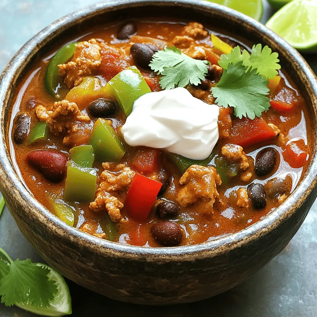 - 1 pound ground turkey - 1 medium onion, diced - 3 cloves garlic, minced - 1 red bell pepper, diced - 1 green bell pepper, diced - 1 can (15 oz) black beans, rinsed and drained - 1 can (15 oz) kidney beans, rinsed and drained - 1 can (28 oz) crushed tomatoes - 2 cups vegetable broth I use ground turkey for this chili because it cooks quickly and tastes great. The turkey gives the chili a nice, meaty flavor without being too heavy. I love adding onion and garlic for their rich taste and aroma. The bell peppers bring color and sweetness, making the dish even better. Black beans and kidney beans add protein and fiber, making this meal filling and healthy. - 2 tablespoons chipotle in adobo sauce, chopped - 1 tablespoon smoked paprika - 1 tablespoon ground cumin - 1 teaspoon dried oregano - 1 teaspoon salt - ½ teaspoon black pepper - 1 tablespoon olive oil Chipotle in adobo sauce gives the chili its smoky kick. I love how it adds depth and warmth. Smoked paprika and ground cumin also contribute to the rich flavor. Dried oregano adds a hint of earthiness, while salt and pepper enhance all the tastes. Olive oil is perfect for sautéing the onions and garlic, adding a bit of healthy fat to the mix. - Fresh cilantro, for garnish - Sour cream or Greek yogurt, for serving (optional) - Lime wedges, for serving (optional) I enjoy topping my chili with fresh cilantro. It brings a bright, fresh taste that balances the rich flavors. A dollop of sour cream or Greek yogurt adds creaminess and coolness, perfect for spicy chili. Lime wedges add a zesty finish that brings everything together. Together, these toppings make the chili even more delightful! To start, heat 1 tablespoon of olive oil in a large pot over medium heat. Add 1 medium diced onion and sauté for about 5 minutes. The onion should turn soft and clear. Next, add 3 minced garlic cloves. Cook for another minute until it smells great. Now, stir in 1 pound of ground turkey. Break it apart with a spoon. Cook until it turns brown, about 6-7 minutes. Once the turkey is browned, it's time to add some color and nutrition. Toss in 1 diced red bell pepper and 1 diced green bell pepper. Cook these for another 5 minutes until they begin to soften. Now, mix in 1 can of black beans and 1 can of kidney beans, both rinsed and drained. This adds protein and fiber to your chili. Now comes the exciting part! Pour in 1 can of crushed tomatoes and add 2 tablespoons of chipotle in adobo sauce. This gives the chili its smoky flavor. Stir in 1 tablespoon of smoked paprika, 1 tablespoon of ground cumin, 1 teaspoon of dried oregano, 1 teaspoon of salt, and ½ teaspoon of black pepper. Finally, add 2 cups of vegetable broth and stir everything together. Bring the mixture to a boil, then lower the heat. Let it simmer uncovered for 25-30 minutes. Stir it every so often until it thickens to your liking. If you want more heat, feel free to add extra chipotle sauce. After cooking, let it sit for a few minutes before serving. To make your Smoky Chipotle Turkey Chili shine, adjust the spice levels. Start with the recipe’s measurements. If you like heat, add more chipotle in adobo. For a milder taste, reduce the amount. Always taste as you go. This way, you can find the right balance for your taste buds. When sautéing your onions and garlic, heat the olive oil over medium heat. Add the onions first. Cook them until they are soft and clear. This usually takes about five minutes. Then, add the garlic. Cook it for one more minute to release its rich aroma. This step builds a great base for your chili. Serve Smoky Chipotle Turkey Chili with cornbread for a comforting meal. The sweet cornbread complements the chili’s heat. You can also serve it with tortilla chips for a fun crunch. For presentation, use deep bowls. Ladle the chili into them and top with a dollop of sour cream or Greek yogurt. Sprinkle fresh cilantro on top for a pop of color. Add lime wedges on the side for a zesty finish that brightens each bite. You can cook this chili in different ways. A slow cooker works well. After browning the turkey and sautéing the veggies, transfer everything to the slow cooker. Let it cook on low for 6-8 hours. This makes the flavors deepen nicely. To achieve your desired thickness, let the chili simmer uncovered. If it’s too thin, let it cook longer. If you want it thicker, mash some beans against the pot’s side. This will help create a creamy texture while keeping the chili hearty. {{image_2}} You can easily swap proteins in this chili. Ground turkey is great, but you can use chicken or beef. For a lighter option, try ground chicken. If you want a plant-based meal, swap in lentils or mushrooms. Both give a hearty bite. For vegetarian or vegan versions, use beans as the main protein. You can add more black beans, kidney beans, or chickpeas. They soak up flavors well and keep the dish filling. To boost the taste, add extra veggies. Try corn, zucchini, or carrots for a sweet twist. Each veggie adds new textures and colors. You can also mix in different beans. White beans or pinto beans work great in the chili. If you like heat, toss in fresh jalapeños or more chipotle. These changes make every bowl unique and fun. This chili is perfect for meal prep. Make a big batch and store it in containers. You can easily reheat it during the week for quick meals. Pair it with rice or cornbread for a complete feast. When serving, add tasty toppings. Fresh cilantro gives a nice pop of flavor. A dollop of sour cream or Greek yogurt adds creaminess. Serve with lime wedges for a zesty touch. These small additions make each bowl special. After enjoying your Smoky Chipotle Turkey Chili, store any leftovers in a safe way. Use an airtight container for the best results. Place the chili in the fridge for up to four days. Make sure it cools down before sealing. If you want to keep it longer, freeze it. Chili can freeze well for about three months. Just portion it out in freezer-safe containers. Label them with the date to keep track. When you're ready to enjoy the chili again, there are a few easy ways to reheat it. You can use the microwave, stove, or even an oven. If using the microwave, heat in short intervals, stirring in between. On the stove, warm it over low heat, stirring often. If you use the oven, place it in a covered dish at a low temperature. After reheating, taste the chili. You might need to adjust the seasoning. Add a pinch of salt or more chipotle for extra flavor. In the fridge, your chili lasts about four days. Keep an eye on it after that. Signs that it has gone bad include an off smell or mold. If it looks or smells strange, it is best to toss it. Always trust your senses; they help you stay safe! The Smoky Chipotle Turkey Chili has a nice kick. The chipotle in adobo sauce gives it a smoky heat. If you are sensitive to spice, you can adjust the heat by using less chipotle. Start with one tablespoon and taste. If you want more heat, you can add more later. This way, you control how spicy your chili will be. Yes, you can use different meats in this chili. Ground chicken, beef, or pork all work well. If you prefer, you can even use plant-based meat. Just make sure to brown it well before adding the other ingredients. Each meat will add its own flavor, making the chili unique. This chili is perfect for meal prep. It stores well in the fridge for about four days. You can also freeze it for up to three months. To make a large batch, just double the ingredients. When you are ready to eat, simply reheat on the stove. Add a splash of broth if it gets too thick. This blog post guides you through making Smoky Chipotle Turkey Chili. We discussed the main ingredients, like ground turkey, bell peppers, and beans. I shared tips on spices and optional toppings. You learned step-by-step instructions for a flavorful dish, plus storage tips for leftovers. In the end, cooking should be fun and easy. Feel free to tweak the recipe to match your taste. Enjoy the process and dig into a bowl of chili that warms your heart!
