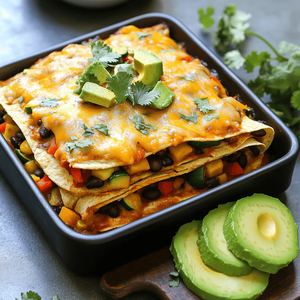 - 2 cups corn tortillas, cut into strips - You can use flour tortillas if preferred. - 1 can black beans, drained and rinsed - Pinto beans work well as a swap. - 1 can diced tomatoes with green chilies - Fresh tomatoes and chopped jalapeños are a great substitute. - 1 cup bell peppers, diced (any color) - Feel free to mix colors for a fun look. - 1 cup zucchini, diced - Yellow squash is a nice alternative. - 1 cup corn (fresh, frozen, or canned) - Use sweet corn for a hint of sweetness. - 1 small red onion, finely chopped - Yellow onion adds a similar flavor. - 2 cloves garlic, minced - Garlic powder can replace fresh garlic if needed. - 2 cups enchilada sauce (store-bought or homemade) - You can use salsa if you like it spicier. - 1 teaspoon ground cumin - Coriander adds a similar depth of flavor. - 1 teaspoon chili powder - Use paprika for a milder taste. - 1/2 teaspoon smoked paprika - Regular paprika works if you don’t have smoked. - 1 1/2 cups shredded cheese (cheddar or a cheese blend) - Mozzarella gives a nice stretchy texture. - 2 tablespoons olive oil - Any cooking oil will work as a swap. - Salt and pepper to taste - Adjust to your flavor preference. - Fresh cilantro for garnish - Green onions add a nice touch too. - Avocado slices add creaminess. - A dollop of sour cream brightens each bite. - Jalapeños provide a spicy kick. - Extra cheese ensures a gooey finish. 1. Preheat the Oven: Start by preheating your oven to 375°F (190°C). This sets the stage for baking. 2. Sautéing the Vegetables: In a large skillet, pour in olive oil and heat it over medium heat. Add the chopped red onion and minced garlic. Cook them for about 3-4 minutes until the onion looks clear. 3. Add the Veggies: Toss in the diced bell peppers, zucchini, and corn. Stir this mix for 5-7 minutes until the veggies soften. Season with cumin, chili powder, smoked paprika, salt, and pepper. This will add great flavor to your dish. 4. Layering the Casserole: Grab a greased 9x13 inch baking dish. Start by spreading a layer of enchilada sauce at the bottom. Next, add half of the tortilla strips, half of the black beans, and half of the sautéed veggie mix. Top this layer with one cup of shredded cheese. 5. Repeat Layers: Now, add another layer. Pour more enchilada sauce, followed by the remaining tortilla strips, black beans, and veggie mix. Finish this layer with another cup of cheese. 6. Final Sauce and Cheese Layer: On top, sprinkle any leftover tortilla strips. Pour the last of the enchilada sauce over everything. Finally, add the last 1/2 cup of cheese evenly on top. 7. Bake: Cover your dish with foil and place it in the oven. Bake for 25 minutes. After that, take off the foil and bake for another 15 minutes, until the cheese is bubbly and golden brown. 8. Garnish and Serve: Once it’s baked, let the casserole cool for a few minutes. Before serving, sprinkle fresh cilantro on top for a bright touch. - How to ensure cheese is bubbly and golden: Bake your casserole covered for 25 minutes. Remove the foil and bake for another 15 minutes. This lets the cheese melt and get golden brown on top. - Making the casserole ahead of time: You can prepare the casserole a day before. Just layer all the ingredients as per the recipe. Cover it well and place it in the fridge. When ready to eat, bake it directly from the fridge. You might need to add a few extra minutes to the baking time. - Recommended cookware for best results: Use a 9x13 inch glass or ceramic baking dish. These materials heat evenly. They help cook the casserole just right. - Adding spices for extra kick: If you like heat, add diced jalapeños or a pinch of cayenne. These spices boost flavor without overpowering the dish. - Ingredient swaps for dietary preferences: Want to switch things up? Use sweet potatoes instead of zucchini for a sweet twist. You can also swap black beans with lentils for a different texture and taste. {{image_2}} For those who enjoy meat, you can easily add cooked chicken, ground beef, or turkey. Just mix it into the veggie layers. This adds more protein and heartiness. You can also swap out the vegetables. Use mushrooms, spinach, or eggplant for a different taste. Mix and match based on what you have. Fresh, seasonal veggies work best. For a gluten-free option, replace corn tortillas with gluten-free tortillas. You can also use quinoa or rice as a base instead. This keeps the dish satisfying and safe for gluten-sensitive eaters. This casserole pairs well with a simple green salad. A side of rice or beans can also enhance the meal. Serve it with sour cream or guacamole for extra flavor. For a fun twist, add sliced jalapeños on top before baking. This adds a spicy kick. You can also sprinkle fresh lime juice over the finished dish for brightness. Enjoy your veggie-loaded enchiladas with friends and family for a hearty meal! To store leftovers, let the casserole cool first. Then, cover it tightly with plastic wrap or foil. You can also use an airtight container. This way, it stays fresh for up to 4 days. When reheating, preheat your oven to 350°F (175°C). Place the casserole in and cover it with foil. Heat for about 20-25 minutes, or until it's warm throughout. If you prefer the cheese a bit crispy, remove the foil for the last 5 minutes. If you want to save some for later, freezing is easy. First, let the casserole cool completely. Then, slice it into portions. Wrap each piece in plastic wrap and place them in a freezer-safe bag. Label the bag with the date. This casserole can last up to 3 months in the freezer. When you’re ready to eat, take it out and thaw it in the fridge overnight. To reheat, set your oven to 350°F (175°C). Bake for about 30-35 minutes, or until heated through. Enjoy your tasty meal! Can I make this dish ahead of time? Yes, you can prepare the casserole ahead. Just assemble it and cover it. Store it in the fridge for up to two days. When ready to bake, add 10 minutes to the cooking time. What can I substitute for black beans? You can use pinto beans or kidney beans as a good swap. Chickpeas also work if you want a twist. Is this casserole spicy? The dish has a mild spice level. If you prefer more heat, add extra chili powder or diced jalapeños. Can I use store-bought enchilada sauce? Absolutely! Store-bought enchilada sauce saves time. Just make sure it is a brand you enjoy. How long does it last in the fridge? This casserole stays fresh for about 4 days in the fridge. Be sure to store it in an airtight container. How to adjust the recipe for large gatherings? To serve more people, double the recipe. Use a larger baking dish for all the layers. This way, everyone gets a hearty portion. Can I use different types of cheese? Yes, you can mix and match cheeses. Monterey Jack or pepper jack add great flavor. Feel free to experiment with your favorites! This post covered a delicious casserole recipe, including its key ingredients and steps. I shared tips to enhance flavor and cooking success. You learned about storage methods for leftovers too. Remember, this dish is flexible. You can switch ingredients and serve it in many ways. Whether for dinner or a gathering, it's sure to please. Enjoy cooking and sharing this tasty meal!