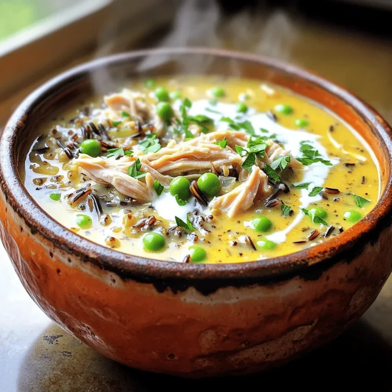 - Chicken: 1 lb boneless, skinless chicken breasts - Rice: 1 cup wild rice, rinsed and drained - Vegetables: 1 medium onion, diced; 2 carrots, diced; 2 celery stalks, diced; 4 cloves garlic, minced - Seasonings: 1 teaspoon dried thyme; 1 teaspoon dried parsley; salt and pepper to taste - Liquid: 6 cups chicken broth; 1 cup heavy cream or coconut cream - Add-ins: 1 cup frozen peas; 2 tablespoons olive oil; fresh parsley for garnish In this creamy soup, chicken and wild rice shine. The chicken provides protein and flavor. I like using boneless, skinless chicken breasts. They stay tender and cook well in the slow cooker. Rinsing the wild rice helps remove extra starch. This makes the rice fluffier and prevents clumping. Next, we have our veggies. Onions, carrots, and celery create a lovely base. I dice them small so they cook evenly. Garlic adds a punch of flavor. Using fresh garlic enhances the taste. Now let’s talk seasonings. Dried thyme and parsley bring warmth and earthiness. I always add salt and pepper to taste. The chicken broth gives the soup a rich, savory depth. For creaminess, I choose heavy cream or coconut cream. Both options make the soup smooth and luscious. You can add frozen peas for a pop of color and sweetness. Finally, I finish the soup with a drizzle of olive oil. This adds richness and depth. A sprinkle of fresh parsley gives a bright touch. Each ingredient plays a role in making this soup a warm, comforting delight. First, heat 2 tablespoons of olive oil in a large skillet over medium heat. Add diced onion, carrots, and celery. Sauté them for about 5-7 minutes until they soften. This step builds a rich flavor base for your soup. Next, add 4 minced garlic cloves to the skillet. Sauté for an additional minute until it smells great. This will bring out the garlic's best taste. Now, place the sautéed vegetables into your slow cooker. Add 1 pound of boneless, skinless chicken breasts and 1 cup of rinsed wild rice. Pour in 6 cups of chicken broth. Sprinkle in 1 teaspoon each of dried thyme and dried parsley. Season the mixture with salt and pepper to taste. Cover the slow cooker and set it to cook. Use the low setting for 6-7 hours or the high setting for 3-4 hours. Your soup will be done when the chicken is fully cooked and the rice is tender. After the cooking time, carefully remove the chicken breasts from the slow cooker. Use two forks to shred the chicken. Return the shredded chicken back into the soup. Next, stir in 1 cup of heavy cream or coconut cream and 1 cup of frozen peas. Let the soup cook for an extra 20-30 minutes on low. This step warms the soup and makes it creamy. Taste it to see if it needs more salt or pepper. You can choose between heavy cream and coconut cream. Heavy cream gives a rich taste. Coconut cream adds a hint of sweetness. This choice depends on your taste. You can also adjust the seasoning. A little more salt or pepper can boost flavor. Try adding garlic powder or onion powder for depth. To avoid dry chicken, cook it on low heat. This slow cooking helps keep the chicken moist. You can also shred the chicken before adding cream. This way, it absorbs more flavor. Sautéing vegetables makes a big difference too. It brings out their natural sweetness and flavor. Cook them until they are soft before adding to the slow cooker. For a great presentation, use fresh parsley. Just chop it and sprinkle it on top. This adds color and freshness. You can pair the soup with crusty bread. A side salad also makes a nice touch. Both options balance the creaminess of the soup. {{image_2}} You can switch up the protein in this soup. Try using turkey instead of chicken. Tofu also works well for a plant-based option. Both will add a different texture and flavor. Adding more vegetables can boost nutrition and taste. Spinach adds a nice green color and flavor. Corn gives a sweet crunch that brightens the dish. Feel free to mix and match. If you need gluten-free options, choose a gluten-free rice blend. Many brands offer wild rice mixes that are safe for your diet. These blends enhance flavor without any gluten. For dairy-free soup, use coconut cream instead of heavy cream. It gives a rich texture and a hint of sweetness. This option keeps the soup creamy without dairy. Want to spice things up? Add a teaspoon of paprika for a smoky taste. A splash of lemon juice brightens the soup and adds freshness. Herbs can also change the flavor profile. Try adding fresh dill or rosemary for a fragrant twist. Both herbs pair well with chicken and enhance the overall taste of the soup. To store your leftover soup, let it cool first. Transfer it to an airtight container. Keep it in the fridge for up to three days. This soup tastes great when fresh, but you can still enjoy it later. You can freeze this soup without losing its creamy goodness. Use a freezer-safe container, leaving some space at the top for expansion. It keeps well for up to three months. When ready to eat, thaw it overnight in the fridge. To reheat, warm it on the stove over low heat. Stir often to keep the texture smooth. Get a head start on dinner by prepping your ingredients ahead of time. Chop the onion, carrots, and celery, then store them in the fridge. You can also rinse the wild rice in advance. When you're ready to cook, just toss everything into the slow cooker. It’s great for busy days, making meals easy and quick! Can I make Slow Cooker Creamy Chicken Wild Rice Soup ahead of time? Yes, you can make this soup ahead of time. Prepare it, cool it down, and store it in the fridge. Just reheat it before serving. How do I know when the chicken is done cooking? The chicken is done when it reaches 165°F. You can use a meat thermometer for accuracy. The chicken will also look white and tender. Is it possible to cook this soup on the stovetop instead of in a slow cooker? Yes, you can cook it on the stovetop. Just follow the same steps, but simmer for about 30-40 minutes until the chicken is cooked. Can I substitute wild rice with another type of rice? Yes, you can use brown rice or white rice. Keep in mind that cooking times may change slightly. What can I serve alongside this creamy soup? This soup pairs well with bread or a simple salad. You can also enjoy it with crackers for a crunchy contrast. You learned how to make Slow Cooker Creamy Chicken Wild Rice Soup. We covered the key ingredients, the steps to prepare it, and tips for success. You can customize this recipe easily by changing proteins, veggies, or seasonings. Proper storage ensures it stays delicious later. Now, you can enjoy a warm, comforting bowl anytime. Get creative and make it your own!