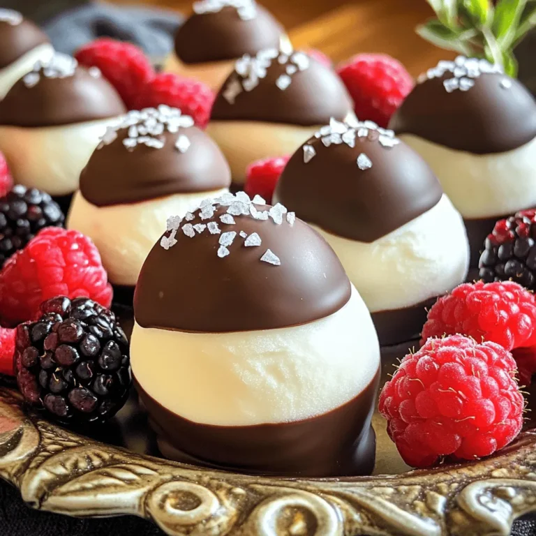 - 2 cups plain Greek yogurt - 1/4 cup honey or maple syrup - 1 teaspoon vanilla extract These main ingredients form the base of your chocolate-dipped frozen yogurt bites. Greek yogurt gives a creamy texture and tangy flavor. Honey or maple syrup sweetens the mix just right. Vanilla extract adds a lovely aroma and depth. - 1 cup fresh berries (strawberries, blueberries, or raspberries) - 1 cup dark chocolate chips (dairy-free if desired) - 1 tablespoon coconut oil Adding fresh berries gives bursts of flavor and color. You can choose strawberries, blueberries, or raspberries, depending on what you love. Dark chocolate chips coat the bites in rich sweetness. Coconut oil helps the chocolate melt smoothly, making it easy to dip. 1. Mixing the yogurt base: Start with a mixing bowl. Add 2 cups of plain Greek yogurt. Pour in 1/4 cup of honey or maple syrup. Add 1 teaspoon of vanilla extract. Stir all these together until smooth and creamy. 2. Dropping dollops onto the baking sheet: Line a baking sheet with parchment paper. Take a small cookie scoop or a spoon. Drop dollops of the yogurt mixture onto the sheet. Space them about an inch apart. 3. Incorporating berries into the mixture: Take 1 cup of fresh berries, like strawberries, blueberries, or raspberries. Press one berry into the center of each yogurt dollop. This adds a sweet surprise inside. 1. Freezing duration and tips: Place the baking sheet in the freezer. Freeze for about 2 to 3 hours. Make sure the yogurt bites are completely frozen before moving on. 2. Melting chocolate correctly: In a microwave-safe bowl, add 1 cup of dark chocolate chips and 1 tablespoon of coconut oil. Microwave in 30-second intervals. Stir after each interval until the chocolate is smooth and melted. 3. Dipping and setting the chocolate coating: Remove the frozen yogurt bites from the freezer. Dip each one into the melted chocolate using a fork. Coat them evenly. Place the chocolate-dipped bites back on the parchment paper. Sprinkle a tiny pinch of sea salt on each one. Return them to the freezer for another 30 minutes. This will set the chocolate nicely. - Achieving the right yogurt consistency: Use full-fat Greek yogurt for a creamy texture. Mix it well with honey and vanilla. The yogurt should be smooth, not runny. This helps the bites hold their shape when frozen. - Perfectly melting chocolate without burning: Use a microwave-safe bowl. Add dark chocolate chips and coconut oil together. Heat for 30 seconds, then stir. Repeat until smooth. Stirring helps avoid burnt chocolate. - Spacing on the baking sheet for even freezing: Place yogurt dollops about an inch apart on the lined baking sheet. This space allows air to flow and helps them freeze evenly. Avoid overcrowding to keep them from sticking together. - Presentation ideas for parties: Serve the frozen yogurt bites on a colorful platter. Add fresh berries around them for a bright look. This makes them fun and appealing for guests. - Flavor pairings with other toppings: Try adding crushed nuts, shredded coconut, or drizzled honey on top. These toppings add texture and flavor. You can mix and match to find your favorite combinations. - Individual packaging tips for snacks: Wrap each yogurt bite in parchment paper. This makes them easy to grab and go. You can also use small snack bags for a neat presentation. {{image_2}} You can have fun with different yogurt flavors. Use vanilla, berry, or even peach yogurt. Each flavor brings its own twist to the bites. You can also swap out the sweetener. Try honey or maple syrup for different tastes. If you want a crunch, mix in some nuts or seeds. Chopped almonds or sunflower seeds add texture and nutrients. Chocolate is key, but you can mix it up! Instead of dark chocolate, use white chocolate or carob. Both options create a sweet and creamy bite. Want something fresh? Experiment with flavored chocolate. Try mint or orange chocolate for a fun twist. If you prefer no chocolate, make yogurt-only bites. They are just as tasty and still cool and creamy. Store your chocolate dipped frozen yogurt bites in an airtight container. I recommend using a container that is specifically made for freezing. This keeps out air and moisture, which can affect taste and texture. You can also use freezer bags if they are sealed well. When using bags, try to remove as much air as possible before sealing. For long-term storage, make sure to label your container. Write the date you made them. This helps you keep track of freshness. If you plan to keep them for more than a month, consider wrapping each bite in parchment paper. This prevents them from sticking together and makes it easy to grab a snack. These yogurt bites can last up to three months in the freezer. After that, they may lose flavor or texture. To check for spoilage, look for ice crystals on the surface. This means they have freezer burn. If they look dry or icy, it is best to toss them out. Keep an eye on any off smells or changes in color. If they smell funny or look strange, don’t eat them. Enjoy your frozen yogurt bites while they are fresh! Can I use non-dairy yogurt? Yes, you can use non-dairy yogurt. Look for options like almond or coconut yogurt. These work well in this recipe. Just ensure the texture is creamy for best results. How can I make this recipe vegan? To make it vegan, use non-dairy yogurt and maple syrup. This way, you skip the honey. Also, choose dairy-free chocolate chips to keep it fully vegan. What other fruits can be used? You can use many fruits! Try bananas, peaches, or kiwi. Just make sure they are bite-sized for easy eating. Can I use Greek yogurt alternatives? Yes, you can use regular yogurt instead of Greek yogurt. Just know that regular yogurt may be thinner. This can affect how well the bites hold together. Adjusting sweetness levels for preferences You can adjust the sweetness by adding less honey or maple syrup. Taste the yogurt mix before freezing. This way, you find the perfect level for your taste. How to reduce calories in the recipe To cut calories, use low-fat yogurt or reduce the amount of chocolate. You can also use less sweetener. These small changes make a big difference. You now know how to make tasty frozen yogurt bites. Start with Greek yogurt and sweeteners. Mix in your favorite flavors and add-ins like berries or chocolate. Follow the steps for preparation and freezing. Use tips for great results and creative serving ideas. Don’t forget the variations to keep things fun! Proper storage ensures your treats last longer. Enjoy every bite of this delicious snack!