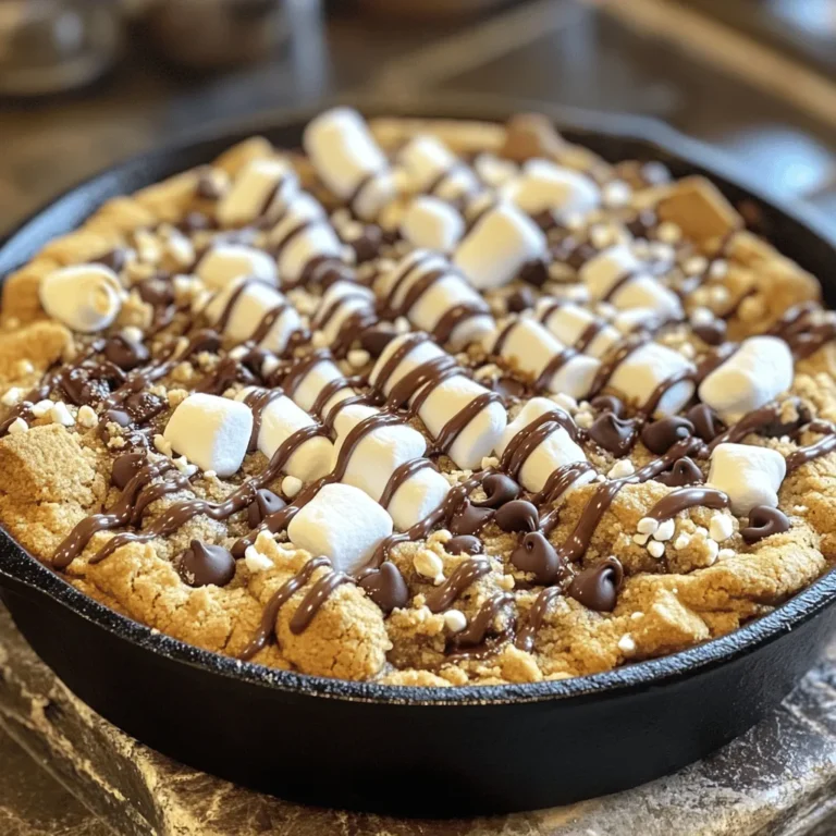 To make the Gooey S’mores Cookie Skillet, you will need the following items: - 1 cup all-purpose flour - 1/2 teaspoon baking soda - 1/4 teaspoon salt - 1/2 cup unsalted butter, melted - 1/2 cup brown sugar, packed - 1/4 cup granulated sugar - 1 teaspoon vanilla extract - 1 large egg - 1 cup mini chocolate chips - 1 cup mini marshmallows - 1/2 cup crushed graham crackers - Extra chocolate chips and marshmallows for topping You can easily swap some ingredients if needed: - All-purpose flour: Use gluten-free flour for a gluten-free option. - Unsalted butter: Coconut oil or vegetable oil works well too. - Brown sugar: White sugar can replace brown sugar, but the flavor might change. - Mini chocolate chips: Use regular chocolate chips or chunks for a richer taste. - Mini marshmallows: You can use large marshmallows, just cut them in half. This recipe serves 6 to 8 people. If you want to make more or less, adjust the ingredients as follows: - For 4 servings: Use 2/3 of each ingredient. - For 10 servings: Use 1.5 times each ingredient. Keep an eye on baking time if you change the size! First, preheat your oven to 350°F (175°C). This step is key for even baking. While the oven warms up, take a 10-inch cast-iron skillet. Grease it with cooking spray or butter. This will help the cookie come out easily later. In a medium bowl, add 1 cup of all-purpose flour. Then, mix in 1/2 teaspoon of baking soda and 1/4 teaspoon of salt. Whisk these ingredients together until they are fully combined. Set this bowl aside. This mixture will give your cookie the right rise and flavor. Now, grab a large mixing bowl. In it, pour in 1/2 cup of melted unsalted butter. Add 1/2 cup of packed brown sugar and 1/4 cup of granulated sugar. Mix these until smooth. Then, add 1 teaspoon of vanilla extract and 1 large egg. Whisk again until everything blends nicely. This creates a sweet and rich base for your cookie. Next, take your dry mixture and slowly add it to the wet ingredients. Stir until just combined. Be careful not to overmix, as this can affect the texture. Now, fold in 1 cup of mini chocolate chips and 1/2 cup of crushed graham crackers. These ingredients give the cookie that classic s'mores taste. Spread the cookie dough evenly in your greased skillet. Press mini marshmallows and a few extra chocolate chips on top. This adds a fun, gooey layer. Now, place the skillet in your preheated oven. Bake for about 20-25 minutes. Look for golden edges and a gooey center. Once it's ready, let it cool for a few minutes before serving. Enjoy your delicious creation! To get that perfect gooey texture, you need to focus on timing. Bake your skillet for 20 to 25 minutes. Check the edges; they should be golden brown. The center should still look soft. This is key for that gooey feel. If you bake it too long, it will become hard. Also, use mini marshmallows. They melt quickly and blend well with the cookie. You can even add a few marshmallows on top during the last few minutes of baking. This will give you a nice toasted look and extra gooeyness. If you don’t have a cast-iron skillet, don’t worry! You can use a regular oven-safe pan. Just make sure it’s the same size. You might need to adjust the baking time slightly. Keep an eye on the edges for doneness. You can also make individual portions. Use small ramekins or muffin tins. These will cook faster, so start checking them after about 15 minutes. To make your s’mores skillet even better, add some fun extras! Try mixing in crushed nuts like walnuts or pecans for texture. You can also swap out some chocolate chips for peanut butter chips. For a more decadent treat, drizzle caramel sauce on top before serving. This adds a nice sweet touch. You can even sprinkle some sea salt to enhance the flavors. The salt balances the sweetness perfectly and makes every bite amazing! {{image_2}} To make a gluten-free version, swap the all-purpose flour for a gluten-free blend. Look for one that works well for baking. Most blends will work fine, but check the label. You may need to add a bit of xanthan gum to help bind the dough. This small change keeps the cookie just as gooey and delicious. If you want a vegan Gooey S’mores Cookie Skillet, replace the butter with coconut oil or a vegan butter substitute. For the egg, use a flax egg. To make a flax egg, mix one tablespoon of ground flaxseed with three tablespoons of water. Let it sit for five minutes to thicken. These swaps keep the dish plant-based without losing flavor. You can jazz up your cookie skillet with some add-ins. Consider adding chopped nuts like walnuts or pecans for crunch. Different types of chocolate can change the taste. Try dark chocolate or white chocolate chips for a twist. You can also mix in peanut butter chips for a fun flavor. Get creative and make it your own! To keep your leftover Gooey S’mores Cookie Skillet fresh, cover it tightly. Use plastic wrap or aluminum foil. You can also place it in an airtight container. Store it at room temperature for up to two days. If you want to keep it longer, put it in the fridge. This way, it stays good for about a week. Remember to let it cool completely before storing. When you're ready to enjoy leftovers, reheating is key. Preheat your oven to 350°F (175°C). Place the skillet in the oven for about 10 minutes. This warms it up without drying it out. Another option is to use the microwave. Heat a slice for about 20-30 seconds. If you like extra gooey marshmallows, add a few more on top before reheating. Freezing can help if you want to save some for later. Cut the cookie into slices. Wrap each slice in plastic wrap. Then, place the slices in a freezer bag. Make sure to squeeze out the air to avoid freezer burn. You can freeze it for up to three months. When you’re ready to eat, thaw it in the fridge overnight. Reheat as mentioned for that tasty gooey goodness. Yes, you can use different types of chocolate. Dark chocolate gives a rich taste. Milk chocolate adds sweetness. You can even mix them for a fun twist. Try using white chocolate for a creamy touch. Feel free to experiment with your favorite chocolate bars, too. To keep the center gooey, don’t bake it too long. Check it at 20 minutes. The edges should be golden, but the middle should look soft. If you want extra gooeyness, add more mini marshmallows on top before baking. This helps create that melty, decadent center. Serve it warm straight from the skillet. Drizzle melted chocolate on top for extra flavor. Add toasted marshmallows to make it look fancy. You can also serve it with ice cream for a cool contrast. Don't forget to provide spoons for easy digging! You can make this recipe gluten-free by using gluten-free flour. For a vegan option, swap the egg with flaxseed meal or applesauce. Use vegan butter and dairy-free chocolate chips. These changes keep the flavor while meeting different dietary needs. Enjoy your delicious treat no matter your diet! This blog post covered how to make a delicious Gooey S’mores Cookie Skillet. We listed ingredients, offered substitutions, and shared tips for that perfect texture. You learned simple steps from prep to baking. We explored variations for gluten-free and vegan diets. Plus, we discussed storing and reheating your leftovers. Enjoy this fun treat and make it a family favorite! You can customize it any way you want. Happy baking!