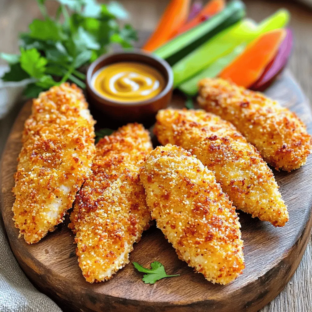 - 1 lb chicken tenderloins - 1/2 cup Dijon mustard - 1/4 cup honey To make these chicken tenders, start with fresh chicken tenderloins. They cook quickly and stay juicy. Next, grab Dijon mustard and honey. These two combine to make a sweet and tangy marinade that brings out the best flavors in the chicken. - 1 teaspoon garlic powder - 1 teaspoon onion powder - 1/2 teaspoon smoked paprika The spices add depth to the dish. Garlic powder lends a rich taste, while onion powder adds sweetness. Smoked paprika gives a hint of smokiness that enhances the overall flavor. Don’t skip these! - 1 cup panko breadcrumbs - 1/4 cup all-purpose flour - 2 large eggs, beaten Panko breadcrumbs give a nice crunch. They are lighter and crispier than regular breadcrumbs. Use all-purpose flour for the first step of coating the chicken. The beaten eggs help the breadcrumbs stick well. This combination makes each bite irresistible. First, we need to make the honey mustard marinade. In a medium bowl, mix together the Dijon mustard, honey, garlic powder, onion powder, smoked paprika, salt, and pepper. Stir until the mixture is smooth and well combined. This marinade adds rich flavor to the chicken. Next, add the chicken tenderloins to the bowl. Make sure each piece is well coated in the marinade. Cover the bowl and let it sit in the fridge for at least 30 minutes. This step helps the chicken soak up all the yummy flavors. Now let’s set up our breading station. Grab three shallow bowls. In the first bowl, add the all-purpose flour. In the second bowl, place the beaten eggs. In the last bowl, fill it with panko breadcrumbs. When breading, start with the flour. Dredge each chicken tender, shaking off any extra flour. Next, dip it into the beaten eggs, letting any excess drip off. Finally, coat it with the panko breadcrumbs. Press down gently to help them stick. This will give the chicken a nice crunch. Before cooking, preheat your air fryer to 400°F (200°C). This usually takes about 5 minutes. Preheating helps the chicken cook evenly and get that golden color we all love. When the air fryer is ready, arrange the breaded chicken tenders in a single layer in the basket. Make sure not to overcrowd the basket. This ensures even cooking and crispiness. You might need to cook in batches. Cook the chicken tenders for 10 to 12 minutes. Remember to flip them halfway through for even browning. They should turn golden brown and reach an internal temperature of 165°F (75°C). After cooking, let them rest for a couple of minutes before serving. Enjoy the crunch! Marinating is key. Let your chicken sit in the honey mustard mix for at least 30 minutes. This time helps the flavors soak in. If you want to change it up, try maple syrup instead of honey. You can also use yellow mustard if you prefer a milder taste. For a crispy coating, use panko breadcrumbs. They give a crunch that regular breadcrumbs can't match. Make sure to press the panko onto the chicken. This helps it stick better. Cooking times may vary between air fryers. Always check for an internal temperature of 165°F. If your air fryer runs hot, start with 8 minutes and check for doneness. Pair your chicken tenders with a variety of dipping sauces. Honey mustard sauce is a classic choice. You can also try ranch or barbecue sauce for a fun twist. For side dishes, fresh veggie sticks add a nice crunch. French fries or a simple salad also work well. {{image_2}} You can spice things up with a spicy honey mustard variation. Just add some hot sauce or cayenne pepper to the marinade. This gives your chicken tenders a nice kick. You can also try an herb-infused marinade. Mix in fresh or dried herbs like thyme or rosemary. These herbs add a great depth of flavor to the dish. If you don’t have an air fryer, you can still make these chicken tenders. For oven-baked instructions, preheat your oven to 425°F (220°C). Place the breaded chicken on a baking sheet lined with parchment paper. Bake for 15–20 minutes, flipping halfway through. For a pan-fried option, heat oil in a skillet over medium heat. Cook the tenders for about 5–7 minutes on each side. This gives them a crispy texture too! You can easily make this dish gluten-free. Use gluten-free breadcrumbs and flour instead. For low-calorie alterations, cut back on honey and use less oil when frying. You can also bake them for a lighter option. These small changes help fit various diets while keeping the taste delicious! To keep your air fryer honey mustard chicken tenders fresh, store them in the fridge. Place the cooked tenders in an airtight container. This helps keep them moist. You can also wrap them in plastic wrap or foil. They will stay good for up to three days. If you want to save some for later, freezing is a great option. First, let the cooked chicken tenders cool completely. Then, place them in a freezer-safe bag or container. Squeeze out as much air as you can. This helps prevent freezer burn. They can last up to three months in the freezer. When you're ready to eat them, thaw the tenders in the fridge overnight. This keeps them safe and tasty. The best way to reheat chicken tenders is in the air fryer. Preheat your air fryer to 350°F (175°C). Place the tenders in a single layer in the basket. Heat them for about 5 to 7 minutes. Check if they are hot all the way through. To avoid sogginess, do not cover the tenders while reheating. This keeps them crispy. Enjoy your tenders just like they were fresh! Cook chicken tenders in the air fryer for 10-12 minutes at 400°F (200°C). Flip them halfway through cooking. They should turn golden brown and be fully cooked. Make sure the internal temperature reaches 165°F (75°C). This ensures they are safe to eat and stay juicy. You can use frozen chicken tenderloins, but it’s best to thaw them first. Thawing helps the marinade soak in better. If you use frozen, add a few extra minutes to the cooking time. Check that they reach the safe internal temperature of 165°F (75°C) before serving. Serving sides can enhance your meal. Here are some popular options: - French fries: Classic and loved by all. - Coleslaw: Adds crunch and creaminess. - Steamed veggies: A healthy balance. - Macaroni and cheese: Comfort food favorite. For dipping sauces, consider these choices: - Extra honey mustard: Perfect for dipping. - Ranch dressing: Creamy and cool. - BBQ sauce: A smoky touch. Feel free to mix and match sides and sauces to suit your taste! You learned how to make tasty honey mustard chicken tenders. We covered key ingredients, from chicken tenderloins to spices and breading. You now know step-by-step instructions for marinating, breading, and cooking in an air fryer. With these tips, you can enjoy perfect flavor and texture. Don't forget to try the variations, like spicy marinades. Remember, storage and reheating can keep your leftovers fresh. Get ready to impress with this easy, yummy recipe!