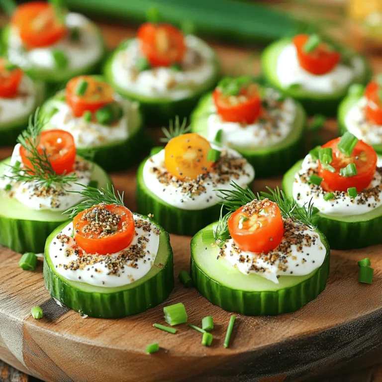To make Everything Bagel Cucumber Bites, you need: - 1 medium cucumber, sliced into 1-inch rounds - 4 ounces cream cheese, softened - 1 tablespoon sour cream - 1 teaspoon garlic powder - 1 teaspoon onion powder - 1 tablespoon fresh dill, finely chopped - 2 tablespoons everything bagel seasoning - Cherry tomatoes, halved (for garnish) - Fresh chives, chopped (for garnish) When choosing ingredients, I recommend using quality brands for the best taste. For cream cheese, try Philadelphia or Kite Hill for a vegan option. For sour cream, Daisy or Tofutti work well. Everything bagel seasoning can be found from Trader Joe's or your local grocery store. Fresh herbs are best from your local farmer’s market or store. You can make these bites your own with some simple swaps. Try adding diced bell peppers for crunch. You could also swap dill for chives. If you like a kick, add some red pepper flakes. Want a bit of sweetness? Try a drizzle of honey on top. These tweaks make each bite unique! To make Everything Bagel Cucumber Bites, start with a medium cucumber. Slice it into 1-inch rounds. Next, take 4 ounces of softened cream cheese and put it in a bowl. Add 1 tablespoon of sour cream. Mix until smooth and creamy. Then, add 1 teaspoon of garlic powder and 1 teaspoon of onion powder. Toss in 1 tablespoon of fresh dill, finely chopped. Stir everything until well combined. Now, grab a spoon or a piping bag. Use it to dollop or pipe the cream cheese mixture onto each cucumber round. Be generous! After that, sprinkle everything bagel seasoning on top of each bite. This gives them that amazing flavor. To finish, add a half cherry tomato on each bite. Top with chopped chives for color. Arrange your cucumber bites on a platter. Chill them in the fridge for 15-20 minutes. This helps the flavors blend nicely. Soggy cucumbers can spoil your snack. To keep them crisp, slice the cucumber just before serving. If you need to prep ahead, salt the slices lightly. Let them sit for 10 minutes, then pat dry with a paper towel. This draws out excess moisture. You can also serve the cream cheese mixture in a small bowl. Let guests spoon it onto the cucumber slices right before eating. For a fun presentation, use a colorful platter. Arrange the cucumber bites in a circle or a line. Add extra cherry tomatoes around the edges for color. You can also sprinkle more everything bagel seasoning on the platter for a nice touch. If you want a casual vibe, use small cups for individual servings. This way, each person can enjoy their bites without sharing. You can prepare these cucumber bites a few hours in advance. Mix the cream cheese and sour cream, then add the spices and dill. Store this mix in the fridge until you're ready. Slice the cucumber right before serving. This keeps everything fresh and crisp. If you have any cucumber bites left, store them in an airtight container. Place parchment paper between layers to avoid sogginess. Keep them in the fridge and enjoy within a day. After that, the cucumbers may lose their crunch. Get creative with your toppings! Instead of cherry tomatoes, try sliced radishes for a spicy crunch. You can also add capers for a briny kick. For a twist, sprinkle crumbled bacon or smoked salmon on top. These changes can give your bites a new flavor. {{image_2}} You can switch up the flavors in your cucumber bites. Try adding smoked salmon for a rich taste. You can also mix in some crumbled feta cheese for a tangy twist. For spice lovers, add a pinch of cayenne pepper to the cream cheese mix. A touch of lemon zest can brighten the bites, giving a fresh flavor. If you want a sweet touch, drizzle some honey on top before serving. Each of these options brings a new life to the original recipe. If you have dietary needs, don’t worry! You can use dairy-free cream cheese if you are lactose intolerant. For a lighter option, Greek yogurt works well instead of sour cream. If you need gluten-free options, ensure your everything bagel seasoning is certified gluten-free. You can also skip the seasoning and just use herbs like basil or parsley for a fresh taste. These swaps keep the bites delicious and accessible for everyone. Think beyond just a plate! Arrange your cucumber bites on a wooden board for a rustic look. You can also stack them in a tall glass for a fun display. For a party, serve them on a tiered stand for a touch of elegance. Pair these bites with a light dip or spread, like tzatziki or hummus, for an extra treat. Adding colorful veggies around the platter can make it pop! These small changes can turn simple bites into a stunning centerpiece. To keep your Everything Bagel Cucumber Bites fresh, store them in the fridge. Place them in an airtight container. This helps avoid moisture loss and keeps them crisp. You can layer the bites with parchment paper between each layer. This way, they don’t stick together. Freezing cucumber bites is not a great idea. Cucumbers have a high water content. When frozen, they become mushy once thawed. I suggest preparing them fresh for the best taste and texture. When stored properly in the fridge, these bites last about 2-3 days. After that, the cucumbers start to lose their crunch. Enjoy them within this time frame for the best flavor. If you notice any moisture or wilting, it’s best to toss them out. Always check for freshness before serving! You can use Greek yogurt or a dairy-free cream cheese. Greek yogurt adds a nice tang. It keeps the bites creamy and light. You can also try silken tofu blended until smooth. This option keeps your snack vegan and rich in protein. These bites last about two days in the fridge. After that, the cucumber may get soggy. Keep them in an airtight container to keep them fresh. If you notice any moisture, use a paper towel to absorb it. Yes, you can easily make these bites vegan. Use vegan cream cheese instead of regular cream cheese. Replace sour cream with a plant-based yogurt. This way, you still get a tasty snack without any animal products. In this blog post, we covered key steps to make Everything Bagel Cucumber Bites. You learned about essential ingredients, preparation tips, and how to customize flavors. Storing leftovers and variations were also discussed. These bites are easy and fun to make. They make a great snack or appetizer. Now, you have all the tools to impress your guests. Enjoy crafting your perfect cucumber bites!