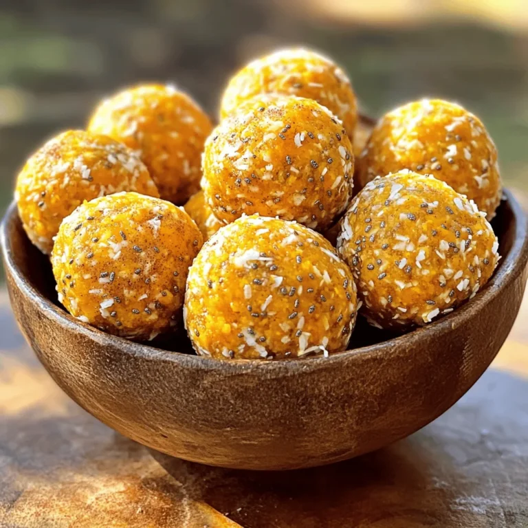 - 1 cup rolled oats - 1/2 cup pumpkin puree - 1/3 cup almond butter (or peanut butter) - 1/4 cup honey or maple syrup - 1 teaspoon vanilla extract - 1 teaspoon pumpkin pie spice - 1/2 teaspoon cinnamon - 1/4 cup chia seeds - 1/4 cup shredded coconut (unsweetened) - Pinch of salt What are the health benefits of oats and pumpkin? Oats are rich in fiber. Fiber helps with digestion and keeps you full. They also provide energy. Pumpkin is low in calories and high in vitamins A and C. This makes it great for skin and eye health. What benefits do chia seeds and coconut offer? Chia seeds are tiny but mighty. They have protein, omega-3 fats, and fiber. These nutrients are great for heart health and weight management. Shredded coconut adds a yummy flavor. It also provides healthy fats, which can give you energy. Using these ingredients makes Pumpkin Spice Energy Balls not just tasty, but also good for you. They are a fun way to get nutrients while enjoying a snack! 1. First, grab a large mixing bowl. 2. Add 1 cup of rolled oats. 3. Then, mix in 1/2 cup of pumpkin puree. 4. Next, include 1/3 cup of almond butter or peanut butter. 5. Pour in 1/4 cup of honey or maple syrup. 6. Add 1 teaspoon of vanilla extract. 7. Stir well until everything blends together smoothly. 8. Now, it’s time to spice things up. 9. Sprinkle in 1 teaspoon of pumpkin pie spice. 10. Add 1/2 teaspoon of cinnamon for warmth. 11. Toss in 1/4 cup of chia seeds. 12. Follow with 1/4 cup of shredded coconut. 13. Finally, add a pinch of salt to balance the flavors. 14. Mix until all the spices and seeds are spread evenly. 1. Once mixed, it’s time to form the balls. 2. Use your hands to scoop out the mixture. 3. Roll it into small balls, about 1 inch wide. 4. If it feels sticky, don’t worry! 5. Lightly oil your hands or chill the mixture for 15 minutes. 6. This makes it easier to handle. 7. Place the balls on a baking sheet lined with parchment paper. 8. Keep them spaced apart so they don’t stick together. 1. Refrigerate the energy balls for at least 30 minutes. 2. Chilling helps them set and hold their shape. 3. Once firm, transfer them to an airtight container. 4. Store in the fridge for up to one week. 5. Enjoy them as a quick snack or energy boost! To make these energy balls just right, you can adjust the sweetness and texture. If you like it sweeter, add more honey or maple syrup. For a thicker texture, use less pumpkin puree or add extra oats. Freshness matters, too. Always use fresh pumpkin puree for the best taste. Store your ingredients properly to keep them fresh. Sealed containers work well for nuts and nut butters. For serving, arrange the energy balls in a rustic bowl. Dust them lightly with powdered cinnamon for a pretty touch. You can pair them with fresh apple slices for a fun dip. If you plan to gift them, use small jars or boxes. Wrap them with twine and add a label. This makes your gift look special and personal. {{image_2}} You can easily change the taste of your energy balls. Start by swapping the nut butter. Almond butter works well, but peanut butter adds a nice twist. For sweeteners, use honey or maple syrup. Both give a good flavor, but maple syrup is great for a vegan option. Feel free to add extra mix-ins. Chopped nuts like walnuts or pecans add crunch. You can also stir in dark chocolate chips for a sweet touch. Dried fruits like cranberries or raisins can bring in more flavor and chewiness. If you need a vegan option, stick with maple syrup and use almond butter. For gluten-free needs, make sure your oats are certified gluten-free. This keeps the snack safe for gluten-sensitive diets. For those with nut allergies, try sunflower seed butter instead of nut butter. You can still enjoy the energy balls without worry. Just remember to check all labels to ensure they fit your dietary needs. To keep your pumpkin spice energy balls fresh, store them in an airtight container. This helps seal in moisture and flavor. You can use a glass jar or a plastic container with a tight lid. The energy balls will last about one week in the fridge. After that, they may lose their taste and texture. You can freeze energy balls for longer storage. To freeze them, first, place the balls on a baking sheet in a single layer. Make sure they do not touch each other. Freeze them for about two hours until firm. After that, transfer the frozen balls to an airtight container or a freezer bag. They can stay in the freezer for up to three months. When you want to eat a frozen energy ball, take it out and let it thaw. You can leave it in the fridge overnight or at room temperature for about 30 minutes. These energy balls are great as a quick snack and still taste amazing after freezing! Pumpkin spice energy balls last about one week in the fridge. Store them in an airtight container. They stay fresh and tasty this way. If you want to keep them longer, freeze them. They can last up to three months in the freezer. Just make sure to wrap them well in plastic wrap or use a freezer-safe bag. When you’re ready to eat, thaw them in the fridge overnight. Yes, you can. If you don’t have pumpkin puree, try using sweet potato puree or applesauce. Sweet potato gives a nice flavor and texture. Applesauce adds moisture but may change the taste a bit. Each substitute will change the flavor slightly, so experiment to find what you like best. Keep in mind that each option maintains the energy balls' healthy profile. Absolutely! This recipe is great for kids. It has healthy ingredients like oats, pumpkin, and chia seeds. These provide energy and nutrients. The sweetness from honey or maple syrup is kid-friendly, too. You can even add some fun by letting kids help roll the balls. Serve them as an after-school snack or a healthy treat. Pair them with apple slices for a balanced snack! In this blog post, we explored how to make delicious pumpkin spice energy balls. We covered key ingredients, their health benefits, and step-by-step instructions for preparation. I shared tips for perfecting your recipe and creative ways to customize it for your taste. These energy balls are a fun snack option. They are healthy and easy to store or gift. Now, you can enjoy a tasty treat that fits your needs. Happy snacking!