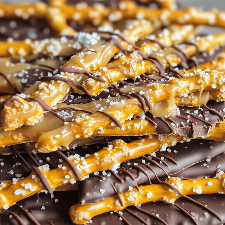 - 2 cups pretzel sticks - 1 cup granulated sugar - 1/2 cup unsalted butter - 1/4 cup heavy cream - 1 teaspoon vanilla extract - 1/2 teaspoon sea salt - 1 cup semi-sweet chocolate chips - 1/4 cup flaky sea salt for garnish Gathering the right ingredients is key to making salted caramel pretzel bark. The first ingredient is pretzel sticks. You want them to be crunchy for that perfect bite. Next, get granulated sugar. This will create a rich caramel flavor. Unsalted butter is next. It adds creaminess to the sauce. Heavy cream also helps make the caramel smooth. Don't forget the vanilla extract. This adds a sweet and warm flavor. You will need sea salt, too, for that perfect salty touch. Semi-sweet chocolate chips are great for melting and spreading. Finally, use flaky sea salt for that finishing touch. This will make your bark look and taste amazing! - Baking sheet - Parchment paper - Medium saucepan - Spatula Having the right tools makes the process easier. A baking sheet will hold all your pretzels. Parchment paper keeps the bark from sticking. You need a medium saucepan to melt the sugar and make the caramel. Lastly, a spatula helps spread the caramel and chocolate evenly. With these tools, you will create a delicious treat! - Preheat the oven to 350°F (175°C). - Line a baking sheet with parchment paper and spread the pretzel sticks evenly. Start by making your pretzel base. Preheating the oven ensures even cooking. Lining the baking sheet keeps clean-up easy. Spread those pretzels out so they have space. This step is key for a crunchy bark. - Melt granulated sugar over medium heat until amber. - Add butter, whisk until combined, then incorporate cream, vanilla, and sea salt. Next, it's time for the caramel. Melt granulated sugar in a medium saucepan. Stir it constantly to avoid burning. Watch for a deep amber color; it means you're close! Then, add in butter and whisk until smooth. Slowly stir in cream, vanilla, and sea salt. This mixture will be rich and creamy. - Pour caramel over pretzels and bake for 8-10 minutes. - Add chocolate chips, return to oven, and spread melted chocolate. - Top with flaky sea salt and cool completely. Now, pour that luscious caramel over the pretzels. Make sure each pretzel gets some love! Bake for 8-10 minutes until it's bubbly. After removing it from the oven, sprinkle chocolate chips on top. Return to the oven for just a few minutes to soften them. Spread the melted chocolate out evenly. Finally, sprinkle flaky sea salt on top while it's still warm. Let it cool completely before breaking it into pieces. This bark is a treat you won't want to miss! To avoid grainy caramel, use a heavy saucepan. Heat the sugar slowly over medium heat. Stir constantly until the sugar melts and turns amber. If you stop stirring, the sugar can clump. Once melted, add the butter. Whisk until fully mixed. Then, slowly pour in the heavy cream, vanilla, and sea salt. This will keep the caramel smooth. Choosing the right chocolate is key. I recommend using semi-sweet chocolate chips for their rich taste. They melt well and blend nicely with the caramel. When you spread melted chocolate, use a spatula. Start from the center and move outwards. This helps create an even layer over the bark. To package bark as gifts, break it into nice pieces. Place them in clear bags tied with ribbons. This adds a fun touch. For drinks, pair the bark with coffee or hot chocolate. It also goes well with vanilla ice cream. These pairings enhance the sweet and salty flavors. {{image_2}} You can take your salted caramel pretzel bark to the next level. Adding nuts like pecans or almonds gives a nice crunch. The nuts blend well with the sweet and salty flavor. You might also try flavors like sea salt caramel or almond extract. These flavors add depth and interest to each bite. Mixing in a bit of almond extract can enhance the nutty taste, making it even more delightful. If you want a different chocolate experience, use dark or white chocolate instead of semi-sweet chocolate chips. Dark chocolate will give a rich taste, while white chocolate adds a creamy sweetness. For those with dietary needs, gluten-free pretzel options are available. Look for gluten-free pretzel sticks to keep this treat accessible for everyone. Make your bark visually appealing by adding toppings like crushed candy or sprinkles. This adds color and fun to your dessert. You can also drizzle chocolate in artistic patterns over the top. Use a fork or squeeze bottle to create swirls. This extra touch makes the bark look fancy and inviting. To keep your salted caramel pretzel bark fresh, store it in an airtight container. This helps to prevent moisture from ruining its crunch. You can keep the bark at room temperature for about one week. If it's hot or humid, I suggest putting it in the fridge. This keeps it firm and tasty. If you want to save some for later, you can freeze the bark. Cut it into pieces first and place them in a single layer on a baking sheet. Freeze until solid, then transfer the pieces to a freezer bag. This way, they won’t stick together. You can freeze the bark for up to three months. When you're ready to enjoy the bark, take it out of the freezer. Let it sit at room temperature for about 15 minutes before serving. This brings back its great texture. Enjoy your sweet treat at any time! To make salted caramel, start with granulated sugar. Heat the sugar in a medium saucepan over medium heat. Stir constantly until the sugar melts and turns a deep amber color, about 4-6 minutes. Then, carefully add unsalted butter and whisk until it melts. Slowly mix in heavy cream, vanilla extract, and sea salt. This will give you a rich, creamy caramel. Yes, you can use different pretzels. Thin pretzel sticks work well, but you can also try pretzel crisps or even chocolate-covered pretzels. Each type will change the flavor and texture of your bark. Just make sure they are sturdy enough to hold the caramel and chocolate. One common mistake is not stirring the sugar enough while it melts. This can cause it to burn or turn grainy. Another mistake is adding the butter too quickly after the sugar melts. Always wait until the sugar reaches the right color before adding the butter. Lastly, make sure to let the bark cool completely before breaking it into pieces. You can store salted caramel pretzel bark in an airtight container for up to two weeks. Keep it in a cool, dry place. If you live in a warm area, you may want to store it in the fridge to prevent the chocolate from melting. Yes, you can make this recipe dairy-free. Use dairy-free butter and substitute heavy cream with coconut cream or almond milk. Choose dairy-free chocolate chips for the topping. This way, you can enjoy the treat without dairy! This recipe for salted caramel pretzel bark blends sweet and salty. You learned to prepare a crunchy pretzel base and a rich caramel sauce. I shared tips to perfect your caramel and melt chocolate evenly. You can get creative with flavors and toppings. Store your bark properly to enjoy it longer. With these steps, you can impress friends and family with a tasty treat. Now, it’s time to make your own bark and enjoy every bite!
