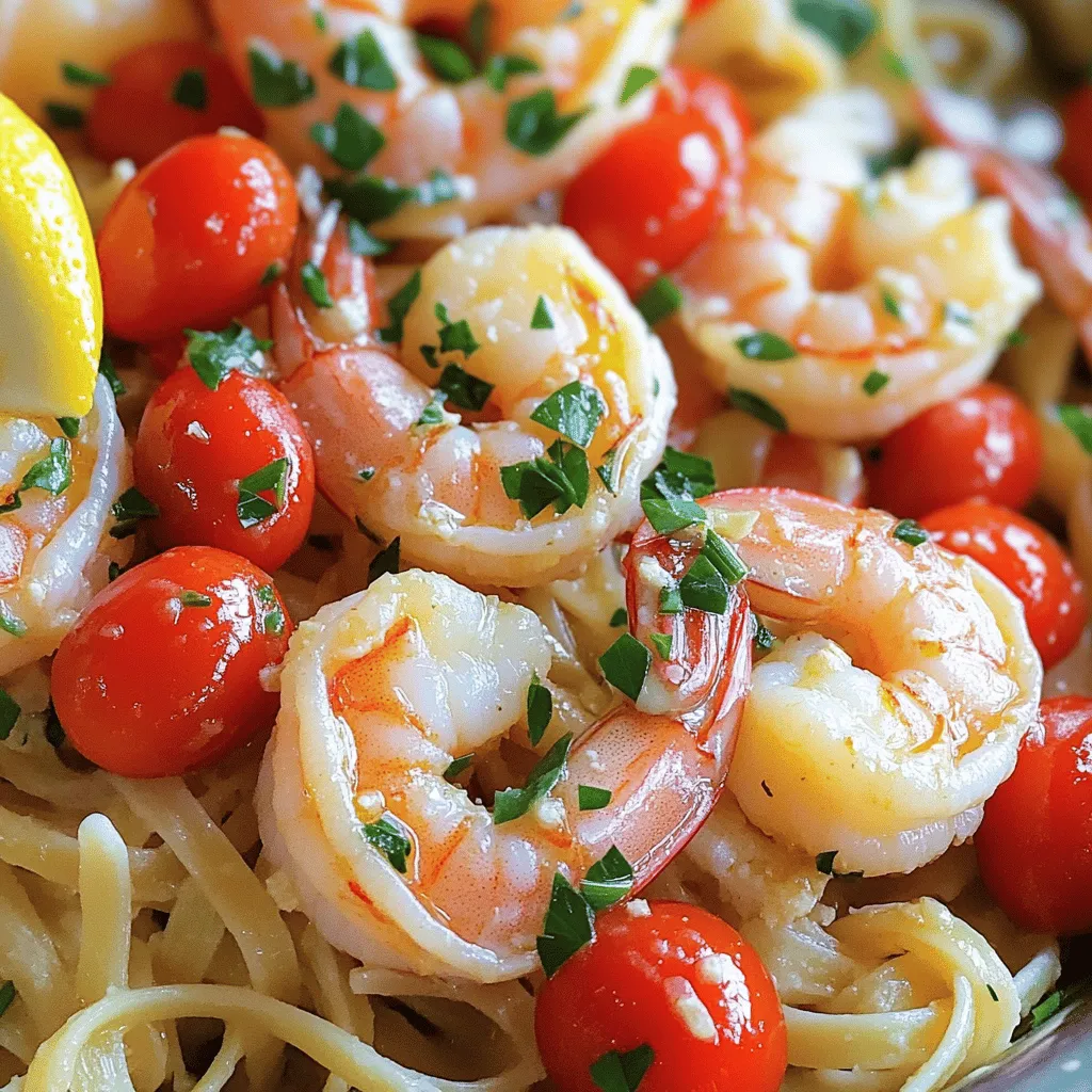 - 1 lb large shrimp, peeled and deveined - 6 tablespoons unsalted butter - 4 cloves garlic, minced - 1 teaspoon red pepper flakes (adjust to taste) - 1 lemon (zested and juiced) - 1 cup chicken or vegetable broth - 1 cup cherry tomatoes, halved - 8 oz linguine or spaghetti - Salt and pepper to taste - Fresh parsley, chopped for garnish The main ingredients are quite simple. Large shrimp bring a sweet taste and a nice texture. Butter adds a rich flavor that makes the dish shine. Garlic gives it a lovely aroma and depth. You can add red pepper flakes for some heat. Just a little bit can make a big difference. The lemon zest and juice brighten the dish with a fresh taste. For accompaniments, chicken or vegetable broth helps create a tasty sauce. Cherry tomatoes add sweetness and color. Linguine or spaghetti serves as the perfect base. Don’t forget salt and pepper to enhance flavors. Fresh parsley adds a pop of color and freshness as a garnish. With these ingredients, you create a simple yet flavorful meal that impresses. To start, cook 8 oz of linguine or spaghetti in a large pot. Use salted boiling water for the best flavor. Follow the package instructions for cooking time. Once cooked, drain the pasta but save some pasta water. This water helps thicken the sauce later. Next, take a large skillet and melt 4 tablespoons of unsalted butter over medium heat. Once the butter is melted, add 4 cloves of minced garlic. Sauté the garlic for about 1 minute. You want it fragrant, not browned. Then, stir in 1 teaspoon of red pepper flakes. This adds a nice kick. After 30 seconds, add 1 lb of peeled and deveined shrimp. Season with salt and pepper. Cook the shrimp until they turn pink and opaque. This takes about 2 to 3 minutes on each side. After cooking the shrimp, remove them from the skillet and set them aside. In the same skillet, pour in 1 cup of chicken or vegetable broth and the juice from 1 lemon. Bring this to a simmer and let it reduce by half. This should take about 5 minutes. Then, add 1 cup of halved cherry tomatoes. Cook them for another 2 to 3 minutes until they soften. Return the shrimp to the skillet. Add the zest of the lemon and the remaining 2 tablespoons of butter. Mix everything well. Finally, toss in the cooked pasta. If the sauce seems too thick, add a little reserved pasta water. Adjust the seasoning with more salt and pepper to taste. Serve hot, garnished with chopped fresh parsley for a fresh touch. - How to tell when shrimp are perfectly cooked Shrimp are done when they turn pink and opaque. This usually takes about 2-3 minutes per side. Overcooking makes them tough. Keep an eye on them! - The role of pasta water in sauce consistency Reserve some pasta water before draining. This starchy water helps thicken the sauce. Add a little at a time to get your desired sauce texture. - Adding herbs or spices for extra flavor Fresh herbs like parsley or basil can brighten the dish. You can also try adding a pinch of thyme or oregano. They add depth to the sauce. - Alternative ingredients for customization Swap shrimp for chicken or scallops if you like. You can also add vegetables like spinach or bell peppers for color and nutrition. - Best pairings for Garlic Butter Shrimp Scampi Serve this dish with a crisp white wine like Sauvignon Blanc. The wine’s acidity balances the rich butter sauce nicely. - Ideas for side dishes or salads Pair with a simple green salad or garlic bread. Both add freshness and texture to your meal. A side of steamed veggies also works well. {{image_2}} If you want a gluten-free meal, try using gluten-free pasta. Many brands make great options that taste delicious. You can also use zucchini noodles or spaghetti squash. These veggies add flavor and keep it light. If shrimp isn’t your thing, you can swap it for chicken or even tofu. Chicken cooks well with garlic and butter, just like shrimp. If you want a veggie option, use mushrooms or bell peppers. These add great texture and flavor to the dish. To spice things up, add more red pepper flakes. You can also toss in some diced jalapeños for a bold kick. For a smoky flavor, try adding smoked paprika. Adjust the heat to your taste for the perfect spicy dish. To store your cooked Garlic Butter Shrimp Scampi, cool it first. Use an airtight container to keep it fresh. Place the shrimp and pasta in the container together. This helps keep the flavors blended. Use it within 2-3 days for the best taste. Always label the container with the date. To reheat, use a skillet over medium-low heat. Add a splash of broth or water to keep it moist. Heat gently, stirring often. This way, the shrimp won’t overcook. Check if they are warm, not chewy. If you prefer, you can also microwave it. Just cover it lightly and heat in short bursts. Yes, you can freeze Garlic Butter Shrimp Scampi. However, the shrimp may change texture. To freeze, place the dish in a freezer-safe container. Leave space for expansion. Label it with the date and use it within 2 months. To thaw, move it to the fridge overnight. Reheat it slowly as mentioned above. Cooking Garlic Butter Shrimp Scampi takes about 25 minutes. Here’s the breakdown: - Prep time: 10 minutes - Cooking time: 15 minutes This quick meal is perfect for busy evenings or last-minute dinners. Yes, you can make Garlic Butter Shrimp Scampi ahead of time. Here are some tips: - Cook the linguine and shrimp but keep them separate. - Prepare the sauce and store it in the fridge. - When ready to serve, reheat the sauce and add the shrimp and pasta. This helps keep the shrimp tender and juicy. Garlic Butter Shrimp Scampi pairs well with these options: - Wine: A crisp white wine like Sauvignon Blanc works great. - Side dish: A simple green salad or garlic bread adds freshness. These choices enhance the meal and make it feel special. This blog post covers everything you need for Garlic Butter Shrimp Scampi. We looked at key ingredients, cooking steps, and helpful tips. You learned about flavor options and variations. Plus, I shared best practices for storage and reheating. Now, you have the tools to create a tasty dish. Make it your own with various swaps or spice levels. Enjoy your cooking and impress your guests with this simple and delicious recipe.