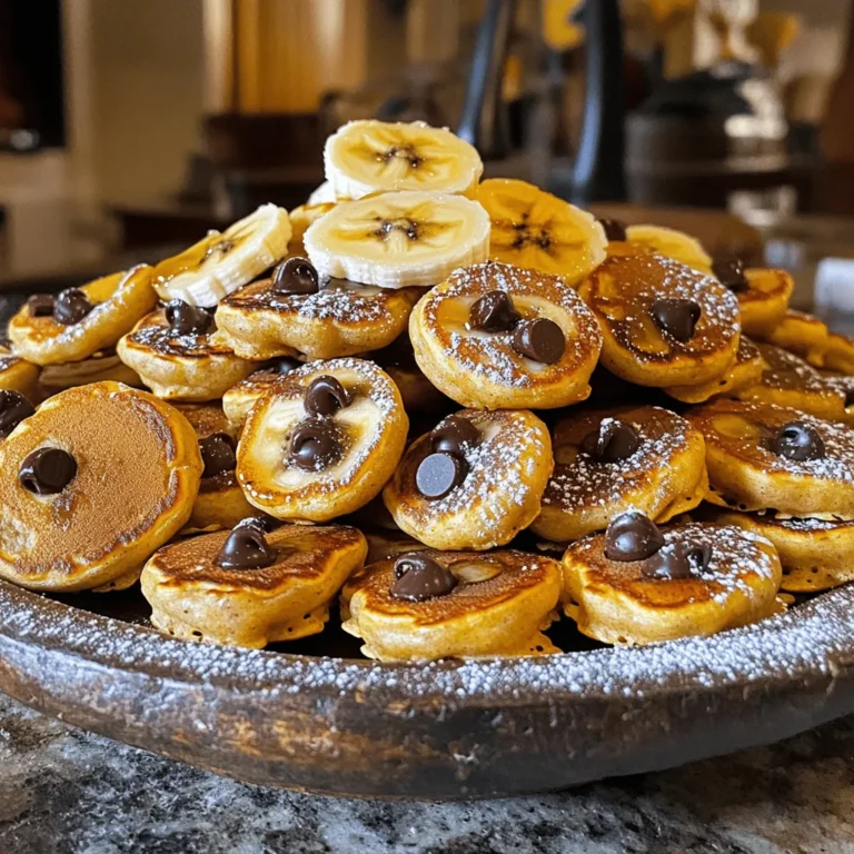 - 1 cup all-purpose flour - 1 teaspoon baking powder - 1/2 teaspoon baking soda - 1/4 teaspoon salt - 1 ripe banana, mashed - 1 cup buttermilk or dairy-free milk - 1 large egg or flax egg - 2 tablespoons honey or maple syrup - 1/2 teaspoon vanilla extract - 1/2 cup chocolate chips - Butter or cooking spray for greasing These ingredients come together to create a fun and tasty snack. The all-purpose flour gives the bites their structure. Baking powder and baking soda help them rise. The salt adds a nice contrast to the sweetness. The ripe banana gives moisture and flavor. Buttermilk or a dairy-free option keeps the batter rich and creamy. You can use either a large egg or a flax egg for a vegan choice. Honey or maple syrup sweetens the bites. The vanilla extract rounds out the flavor, while chocolate chips provide that beloved chocolatey goodness. Don't forget to grease your pan! This helps prevent sticking and gives a nice golden color. Each ingredient plays a key role. Together, they form the perfect blend for Chocolate Chip Banana Pancake Bites. Enjoy the process of mixing and cooking these delightful snacks. 1. Mixing dry ingredients: In a medium bowl, add 1 cup of all-purpose flour, 1 teaspoon of baking powder, 1/2 teaspoon of baking soda, and 1/4 teaspoon of salt. Whisk these together until well combined. This step ensures your pancake bites rise perfectly. 2. Combining wet ingredients: In another bowl, mash 1 ripe banana. Then, add 1 cup of buttermilk (or dairy-free milk if needed), 1 large egg (or a flax egg), 2 tablespoons of honey (or maple syrup), and 1/2 teaspoon of vanilla extract. Mix until smooth. This mixture gives your bites a lovely flavor. 3. Merging dry and wet ingredients carefully: Pour the wet mixture into the dry bowl. Gently stir until just combined. It’s fine if the batter has a few lumps. Overmixing can make your bites tough. 1. Preheating the skillet: Set your non-stick skillet or griddle over medium heat. Grease it lightly with butter or cooking spray to prevent sticking. 2. Cooking details and timing: Use a tablespoon to drop small rounds of batter onto the skillet. Cook for about 2-3 minutes. Watch for bubbles forming on the surface, and look for set edges. 3. Flipping and ensuring even cooking: Carefully flip each pancake bite once bubbles appear. Cook for another 1-2 minutes until they turn lightly golden. This gives you a nice, fluffy texture. - Presentation tips: Arrange the pancake bites on a platter. Dust them with powdered sugar and drizzle with extra honey or maple syrup. Add banana slices and a sprinkle of mini chocolate chips for a lovely look. - Suggested pairings and toppings: Serve these bites with fresh fruit or yogurt for a tasty breakfast. You can also enjoy them with nut butter for an extra protein boost. To make your pancake bites extra tasty, add spices. Cinnamon and nutmeg bring warmth and depth. Sprinkle in about half a teaspoon for each batch. You can also experiment with different types of chocolate chips. Dark chocolate, milk chocolate, or even white chocolate can change the whole vibe. Each adds a unique flavor twist. Getting the right temperature is key. Preheat your skillet or griddle to medium heat. This helps the bites cook evenly. If the heat is too low, they may turn out soggy. If it's too high, they might burn. Keep an eye on the cooking time. Avoid overmixing your batter. Stir until just combined. A few lumps are okay. This keeps your pancake bites light and fluffy. Overmixing can make them tough. You can easily make this recipe healthier. Swap all-purpose flour for whole wheat flour. This adds fiber and nutrients. You can also lower the sugar by using less honey or maple syrup. Try cutting it down by a tablespoon or two. You can even replace it with mashed banana to keep sweetness. {{image_2}} To make vegan chocolate chip banana pancake bites, you can swap a few ingredients. Instead of using a large egg, use a flax egg. To make a flax egg, mix one tablespoon of ground flaxseed with three tablespoons of water. Let it sit for a few minutes to thicken. For the buttermilk, choose any dairy-free milk like almond or oat milk. This keeps the recipe plant-based while still tasty. If you need a gluten-free version, you can use gluten-free flour blends. Look for a blend that works well for baking. Some good options include almond flour or coconut flour. You may need to adjust the liquid to get the right batter texture. Each flour behaves differently, so feel free to experiment until you find what you like best. Want to make your pancake bites even more fun? You can add different mix-ins! Try adding blueberries, raspberries, or chopped nuts like walnuts and pecans. These additions will give extra flavor and texture. Just fold them gently into the batter before cooking. You can create a unique bite each time! To store leftovers, let the pancake bites cool down first. Then, place them in an airtight container. You can keep them in the fridge for about three days. If you want to keep them fresh, separate layers with parchment paper. This helps to prevent sticking. Freezing pancake bites is simple. Start by letting them cool completely. Then, lay them flat on a baking sheet. Freeze for about one hour until they are firm. After that, transfer them to a freezer-safe bag. They can last up to three months in the freezer. Be sure to label the bag with the date. Reheating pancake bites without losing texture is key. For the best results, use your oven. Preheat it to 350°F. Place the bites on a baking sheet. Heat for about 10 minutes until warm. You can also use a microwave. Just warm them for 15-20 seconds at a time, checking to avoid sogginess. Enjoy them warm for the best taste! To make your pancake bites fluffier, focus on a few key points. First, use fresh baking powder and baking soda. These ingredients help the batter rise. Second, do not overmix the batter. Mixing too much makes the bites dense. Stir until just combined, leaving some lumps. Lastly, let the batter rest for a few minutes. This allows air bubbles to form, which adds fluffiness. Yes, you can make these pancake bites without eggs. For a great egg substitute, use a flax egg. To make a flax egg, mix one tablespoon of ground flaxseed with three tablespoons of water. Let it sit for about five minutes until it thickens. You can also use unsweetened applesauce or mashed banana as an alternative. Each option keeps your bites tasty and moist. Cook the pancake bites for about 2-3 minutes on one side. Look for bubbles forming on the surface. When the edges look set, it’s time to flip. Cook for another 1-2 minutes until they are lightly golden. This timing ensures a perfect texture. Always check the center to make sure they are cooked through. Yes, these pancake bites are great for meal prep. You can make a batch ahead of time and store them. Let them cool, then place them in an airtight container. Keep them in the fridge for up to five days or freeze for up to three months. When you're ready to eat, just reheat in the microwave or toaster. This makes for a quick, tasty snack or breakfast option! We covered all the key steps to make tasty pancake bites. From mixing the right ingredients to cooking them perfectly, it's all about balance. You can easily make these treats healthier or adjust them to your diet. Feel free to experiment with flavors and mix-ins. Remember, these bites are quick to prepare and fun to share. Enjoy your delicious results and make breakfast more exciting!