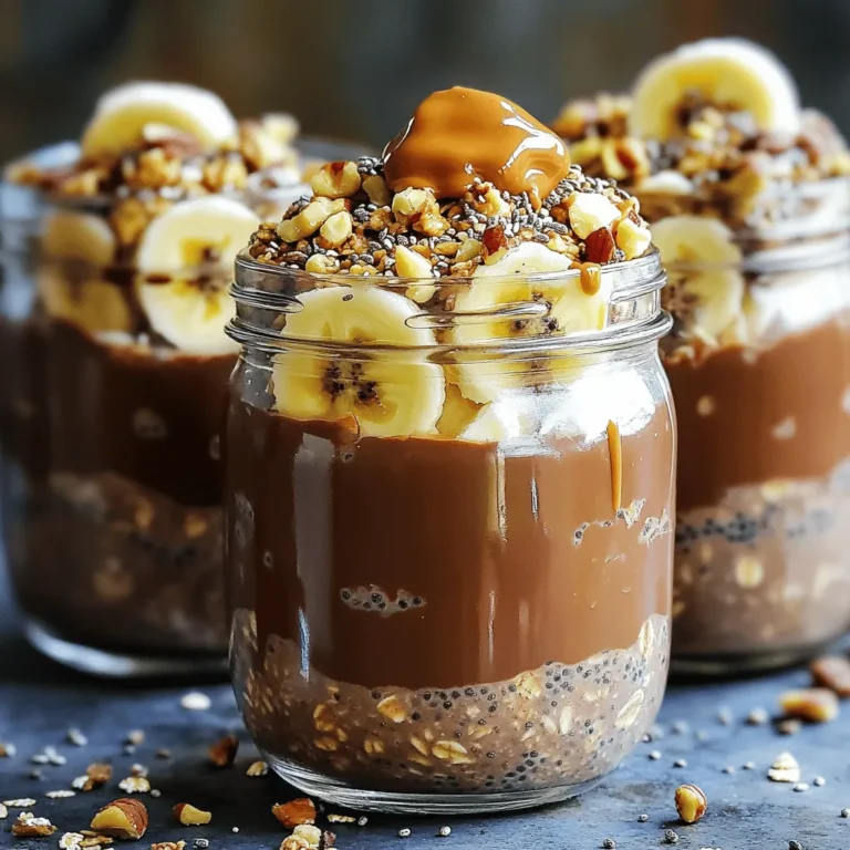 - 1 cup rolled oats - 2 tablespoons chia seeds - 2 cups almond milk (or any plant-based milk) - 2 tablespoons peanut butter (creamy or crunchy) - 2 tablespoons maple syrup (or agave syrup) - 2 tablespoons cocoa powder The main ingredients create a rich and creamy base. Rolled oats provide a hearty texture and help you feel full. Chia seeds add fiber and protein, making these oats a balanced meal. Plant-based milk keeps it vegan and creamy. Peanut butter gives a delicious nutty flavor. Maple syrup adds sweetness. Cocoa powder brings that chocolatey taste we all love. - Fresh fruit (banana slices or berries) - Chopped nuts - Granola These toppings add fun and crunch! Fresh fruit brightens the dish and gives natural sweetness. Chopped nuts add a nice crunch and healthy fats. Granola gives extra texture and flavor. You can mix and match toppings based on what you enjoy. - Health benefits of oats: Oats are great for heart health. They help lower cholesterol and keep blood sugar steady. - Advantages of chia seeds: Chia seeds are tiny powerhouses. They pack in fiber, protein, and omega-3 fatty acids. - Advantages of using almond milk: Almond milk is low in calories and has healthy fats. It is also lactose-free, making it great for many diets. First, gather the dry ingredients. You will need: - 1 cup rolled oats - 2 tablespoons chia seeds - 2 tablespoons cocoa powder - A pinch of salt In a medium bowl, mix these ingredients well. This step helps them blend together. The oats will provide a hearty base. Chia seeds add fiber and help thicken the mix. Cocoa powder gives a rich chocolate flavor. Salt balances the sweetness in the recipe. Now, let’s focus on the wet ingredients. You will need: - 2 cups almond milk (or any plant-based milk) - 2 tablespoons peanut butter (creamy or crunchy) - 2 tablespoons maple syrup (or agave syrup) - 1/2 teaspoon vanilla extract In another bowl, whisk these ingredients until smooth. The almond milk keeps it dairy-free. Peanut butter adds creaminess and flavor. Maple syrup brings natural sweetness. Vanilla rounds out the taste, making it delightful. Next, pour the wet mixture into the dry ingredients. Stir until everything is well-coated and mixed. Make sure you get every oat covered. This step is key for great flavor. Transfer the mixture into jars or a large container. You can layer it with fresh fruit if you like. Cover it tightly and place it in the fridge. Let it chill overnight or for at least four hours. This allows the oats and chia seeds to soak up the liquid. When you’re ready to eat, stir it well. Top with more fruit, nuts, or granola for crunch. Enjoy your tasty creation! To get the best texture, adjust the liquid. Add more almond milk for creamier oats. If you prefer thicker oats, use less milk. I like to store my oats in jars. It helps keep them fresh and makes them easy to grab. You can also use a large container if you prefer. Just make sure it’s airtight. Feel free to substitute ingredients to match your taste. You can swap peanut butter for almond butter if you want. You can also switch maple syrup for agave syrup for a different sweetness. Adding a pinch of cinnamon or nutmeg can give your oats a fun twist. You can also mix in some cocoa nibs for added chocolate flavor. Serve your oats in clear jars. This shows off the beautiful layers of oats and toppings. It makes for a lovely breakfast display. For extra flair, drizzle peanut butter on top just before serving. This adds a nice touch and makes it look gourmet. {{image_2}} You can change the nut butter to suit your taste. Almond or cashew butter works great. Each nut brings its own flavor and texture. You can also add protein powder for an extra boost. This makes your oats filling and nutritious. Just mix in a scoop of your favorite protein powder when you combine the wet and dry ingredients. If you need gluten-free options, use certified gluten-free oats. This keeps your dish safe for those with gluten sensitivities. For a sugar-free version, consider using alternative sweeteners. Stevia or erythritol can work well here. They give sweetness without extra calories. Use seasonal fruits to change things up. Fresh berries in summer or warm spices in fall can add fun flavors. During holidays, you can adapt this recipe too. Try adding pumpkin spice for a fall twist or cinnamon and nutmeg for winter warmth. To keep your oats fresh, store them in airtight containers. Glass jars work great for this. This helps keep out air and moisture. You can enjoy your oats for up to five days in the fridge. The oats will stay tasty and soft during this time. If you see any signs of spoilage, like an off smell or change in color, throw them away. If you want to make a big batch, freezing is a smart choice. To freeze, spoon your oats into freezer-safe containers or bags. Leave some space at the top for expansion. When you're ready to eat, thaw them in the fridge overnight. You can also warm them in the microwave. Just add a splash of almond milk to bring back the creaminess. Making larger batches saves time during busy weeks. You can prep four servings in one go. This is perfect for families or meal prepping. Adjust the serving size based on your needs. If you have kids, smaller portions might work better. You can mix in different toppings to keep things fun and exciting! Yes, you can use quick oats. They cook faster and absorb liquid quickly. However, they may turn mushy. Rolled oats stay chewier and have a better texture. If you prefer a softer mix, quick oats work well. For a heartier bite, stick with rolled oats. These oats last about 4 to 5 days in the fridge. Store them in airtight jars. Check for signs of spoilage, like odd smells or changes in texture. If they smell sour or look moldy, it's best to toss them. Yes! To make it nut-free, swap peanut butter for sunbutter or soy nut butter. You can also use seed butter. For milk, choose oat milk or soy milk. These options taste great and will keep the recipe creamy. This article covered how to make Vegan Peanut Butter Chocolate Overnight Oats. You learned about key ingredients, optional toppings, and their health benefits. I shared steps for preparation and helpful tips to improve texture and flavor. We explored variations and smart storage methods to keep oats fresh. With this knowledge, you can create a tasty breakfast that fits your needs. Enjoy experimenting with flavors and sharing your creations with others.