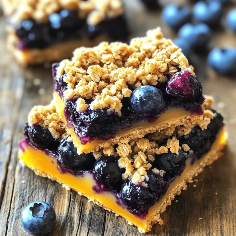 - 2 cups gluten-free oats - 1 cup almond flour - 1/2 cup coconut sugar - 1/2 teaspoon baking powder - 1/4 teaspoon salt - 1/2 cup coconut oil, melted - 2 cups fresh blueberries - 1 tablespoon lemon juice - 2 tablespoons honey or maple syrup - 1 teaspoon vanilla extract - 1/2 teaspoon cinnamon Gathering the right ingredients is key for these gluten-free blueberry crumble bars. First, you need gluten-free oats. They give the bars a hearty base. Almond flour adds a nice texture and flavor. Coconut sugar serves as a natural sweetener. It keeps the bars moist and rich. Baking powder helps the bars rise a bit. Salt enhances all the flavors. The melted coconut oil is important. It makes the crust crumbly and tasty. Fresh blueberries are the star of the show. Their sweetness bursts in every bite. Lemon juice brightens the blueberry flavor. Honey or maple syrup adds more sweetness. A splash of vanilla extract gives a warm aroma. Finally, cinnamon adds a comforting spice. With these ingredients, your bars will be delicious and satisfying. - 8x8-inch baking pan - Mixing bowls - Parchment paper - Measuring cups and spoons You will need a few tools to make this recipe easy. An 8x8-inch baking pan works perfectly for this dish. It helps shape the bars just right. Mixing bowls will hold your ingredients. Parchment paper is a must to line the pan. It keeps the bars from sticking. Measuring cups and spoons ensure you get the right amounts. With these ingredients and tools ready, you can create a delightful treat! 1. Preheat your oven to 350°F (175°C). 2. Line an 8x8-inch baking pan with parchment paper. Leave some paper hanging over the edges to lift the bars out later. 3. In a large mixing bowl, combine the following dry ingredients: - 2 cups gluten-free oats - 1 cup almond flour - 1/2 cup coconut sugar - 1/2 teaspoon baking powder - 1/4 teaspoon salt 4. Pour in 1/2 cup melted coconut oil. Mix until it looks crumbly. Reserve 1/2 cup of this mixture for the topping. 5. In a separate bowl, take 2 cups fresh blueberries. Toss them with: - 1 tablespoon lemon juice - 2 tablespoons honey or maple syrup - 1 teaspoon vanilla extract - 1/2 teaspoon cinnamon 6. Press the remaining oat mixture firmly into the bottom of the prepared baking pan. This will be your crust. 7. Spread the blueberry mixture evenly over the crust. 8. Sprinkle the reserved crumbly mixture on top of the blueberries. 9. Bake in the preheated oven for 30-35 minutes. The top should be golden brown, and the blueberries will be bubbly. 10. Let the bars cool in the pan for 15 minutes. Lift them out using the parchment paper. Cut into bars and enjoy! To get the best crumble texture, bake evenly. Start by preheating your oven to 350°F (175°C). This helps the bars cook just right. Make sure to use an 8x8-inch baking pan and line it with parchment paper. This step keeps your bars from sticking. When baking, look for a golden brown top. The blueberries should be bubbly. To check if the bars are done, stick a toothpick in the middle. If it comes out clean, they are ready. If it has wet batter, give them a few more minutes. For a beautiful presentation, serve these bars warm. You can also let them cool to room temperature. Drizzle a bit of honey or maple syrup on top for extra sweetness. Pairing these bars with a scoop of dairy-free vanilla ice cream makes them even better. The cool ice cream balances the warm, sweet blueberries. You can also add whipped cream for a rich treat. {{image_2}} You can change the fruit in these bars. Raspberries work great and add a nice tartness. Strawberries bring a sweet flavor that pairs well with the oats. You can also try blackberries or chopped peaches for a twist. Just keep the same amount of fruit to maintain balance. Each fruit gives a new taste to the bars. If you want to switch up the sweetener, you have options. Brown sugar can replace honey or maple syrup. Agave nectar is another choice for a milder flavor. You could even use stevia if you want to cut down on sugar. Each sweetener adds its own touch, so feel free to experiment. Want to add some crunch? Try mixing in nuts or seeds. Chopped almonds or walnuts give a great texture. Sunflower seeds or pumpkin seeds add a nice crunch too. These additions boost flavor and give your bars a fun twist. Just remember to chop them small enough to blend in well. To keep your gluten-free blueberry crumble bars fresh, store them in an airtight container. Place parchment paper between layers to prevent sticking. This method helps maintain their texture and flavor. You can keep them at room temperature for up to two days. If you want them to last longer, store them in the fridge. This keeps them safe and tasty for up to a week. Freezing these bars is easy and perfect for later enjoyment. First, let the bars cool completely. Then, cut them into squares. Wrap each square in plastic wrap. Place the wrapped bars in a freezer bag or airtight container. Label the bag with the date. You can freeze them for up to three months. When you want to eat one, take it out and let it thaw at room temperature. In the fridge, these bars last about one week. They stay fresh and delicious, thanks to the blueberries and oats. In the freezer, they last up to three months. This makes them a great option for meal prep or a quick snack. Enjoy them warm or cold, and you’ll always have a tasty treat on hand. Yes, you can make this recipe nut-free. Replace almond flour with sunflower seed flour or oat flour. For the fat, swap coconut oil with vegetable oil or olive oil. These options keep the texture and taste great while making the bars safe for those with nut allergies. The bars are done when the top is golden brown and the blueberries bubble. You can also gently press the top. If it feels firm and bounces back, it’s ready. Let them cool for a bit before slicing. This helps the texture set. Yes, frozen blueberries work well in this recipe. Thaw them first and drain any excess liquid. This prevents the bars from becoming too soggy. You can also add a bit more coconut flour to absorb extra moisture. You learned how to make tasty gluten-free blueberry crumble bars. We covered the main ingredients, tools, and step-by-step instructions. I shared tips on baking, serving, and variations to suit your taste. You now know storage methods and answers to common questions. Enjoy these bars fresh or frozen. They’re a simple treat for any occasion. I hope you try this recipe and enjoy every bite!