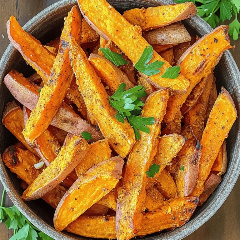 - Sweet potatoes - Olive oil - 1 teaspoon garlic powder - 1 teaspoon smoked paprika - 1/2 teaspoon cayenne pepper (optional) - Salt and pepper to taste - Fresh parsley for garnish (optional) To make crispy sweet potato fries, you need just a few simple ingredients. Sweet potatoes are the star of this dish. They bring natural sweetness and great texture. Olive oil helps the fries crisp up nicely. Next, you will use seasonings to boost the flavor. Garlic powder gives a savory kick, while smoked paprika adds depth. If you like some heat, cayenne pepper is the perfect choice. Don’t forget to add salt and pepper to enhance all the flavors. Lastly, fresh parsley makes a lovely garnish. It adds color and freshness to your fries. With these ingredients ready, you can create a tasty side dish that everyone will love! First, peel your sweet potatoes. I like to use a sharp peeler for this. Next, cut them into thin fries. Aim for a thickness of about 1/4 inch. This size is key. It helps the fries cook evenly. If the fries are too thick, they won’t get as crispy. So, take your time to ensure they are uniform. Now, place your cut fries in a bowl of cold water. Soak them for at least 30 minutes. This step is important. Soaking removes extra starch. Less starch means crispier fries. After soaking, drain the fries and dry them. Use a clean kitchen towel or paper towels. Make sure they are dry. This helps achieve that perfect crunch. In a large bowl, toss the dry fries with olive oil and your seasonings. I use garlic powder, smoked paprika, cayenne pepper, salt, and pepper. Mix until the fries are well-coated. Next, preheat your air fryer to 400°F (200°C) for about 5 minutes. This step is crucial for crispy fries. When the air fryer is ready, place the fries in a single layer in the basket. If you have a lot, cook them in batches. Cook for 15-20 minutes. Remember to shake the basket halfway through. This ensures all sides get crispy. Once they’re golden brown, they are ready to enjoy! To get the perfect crispy fries, drying is key. After you soak the sweet potato fries, drain them and pat them dry. This removes water that can make them soggy. Optimal cooking temperatures also matter. Set your air fryer to 400°F (200°C). This high heat cooks the fries quickly, giving them a nice crisp. Single-layer placement is important for even cooking. If fries overlap, they may not cook right. They will steam instead of fry. Batch cooking is a great way to avoid overcrowding. Cook small amounts at a time. This helps ensure every fry gets crispy and golden. You can add extra flavor with seasonings. Try adding chili powder or onion powder for a twist. Dipping sauces make fries even better. I suggest pairing them with garlic aioli or spicy ketchup. These sauces enhance the taste and make for a fun snack. {{image_2}} You can spice up your sweet potato fries in fun ways. For spicy sweet potato fries, add more cayenne pepper. A teaspoon can give it a nice kick. If you prefer a sweet and savory mix, try adding a touch of brown sugar. This will balance the heat. You can also add cinnamon for warmth. This combo makes your fries tasty and unique. If you want to try different cooking styles, oven-baked sweet potato fries are great. Preheat your oven to 425°F (220°C). Spread the fries on a baking sheet in a single layer. Bake for 25-30 minutes, flipping halfway. For deep-fried sweet potato fries, heat oil in a pot. Fry the sweet potatoes until golden brown. This method gives you a crispy outside and soft inside. When it comes to serving sweet potato fries, you have many options. They pair well with ketchup, ranch, or spicy mayo. You can create a fun platter with dips for guests. For a fancy touch, serve them in a cone or small basket. Add a sprinkle of fresh parsley on top for color. This makes them look great on your table. To keep leftover fries fresh, place them in an airtight container. Make sure to cool the fries completely before storing. If you place warm fries in the container, they can get soggy. Store them in the fridge for up to three days. This method keeps the fries from losing their flavor and texture. To restore the crispiness of your leftover fries, use the air fryer again. Preheat your air fryer to 375°F (190°C). Place the fries in a single layer in the basket. Heat them for about 5-7 minutes. This method brings back that crunchy texture we love. You can also use an oven set to 400°F (200°C) for about 10 minutes. Both methods work well to revive your fries. To freeze sweet potato fries, start by fully cooking them first. Let them cool completely. Then, spread the fries in a single layer on a baking sheet. Freeze them for about an hour until they are firm. Once frozen, transfer the fries to a freezer bag. Remove as much air as possible before sealing. You can cook them from frozen by following the same cooking instructions as fresh fries. Just add a few extra minutes to the cooking time. This method keeps them ready for a quick snack anytime! To make sweet potato fries crispy, start by cutting them into thin pieces. Aim for about 1/4 inch thick. A common mistake is not soaking the fries. Soaking removes starch, which helps them crisp up. Soak them in cold water for at least 30 minutes. After soaking, dry them well with a towel. This step is key! Toss the fries with olive oil and seasonings like garlic powder and smoked paprika. Preheat the air fryer to 400°F (200°C) for about 5 minutes. Cook them in a single layer for 15-20 minutes, shaking halfway. This ensures even cooking and a nice crunch. Yes, you can use frozen sweet potatoes, but the texture might change. Frozen fries often become softer and less crispy. If using frozen, don’t thaw them. Cook them straight from the freezer. You may need to adjust the cooking time. Check for doneness around the 20-minute mark. Keep an eye on them to avoid overcooking. Sweet potato fries pair well with many sauces. For a classic choice, try ketchup. If you want something different, go for a spicy mayo or garlic aioli. Honey mustard offers a nice sweet and tangy kick. For a fun twist, mix peanut butter with soy sauce for a unique dip. You can also serve them with ranch dressing for a creamy option. Enjoy exploring these tasty combinations! You now know how to make perfect sweet potato fries. Start with fresh ingredients like sweet potatoes and olive oil. Follow each step, from peeling to seasoning, to get great results. Soaking helps make your fries crispy. Remember to dry them well and cook in a single layer. Use different seasonings or dips for fun flavors. If you have leftovers, store them right for best taste. With these tips, you’ll enjoy sweet potato fries anytime. Happy cooking!