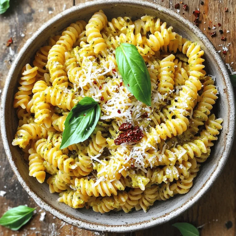 - 2 cups pasta (fusilli or penne) - 1 cup sun-dried tomatoes (packed in oil) - 1 cup fresh basil leaves - 1/4 cup pine nuts or walnuts - 1/2 cup grated Parmesan cheese - 1/4 cup olive oil - Crushed red pepper flakes - Additional Parmesan and fresh basil for garnishing To make Sun-Dried Tomato Pesto Pasta, you need simple yet tasty ingredients. First, choose your pasta. Fusilli or penne works best. These shapes hold the sauce well. Next, grab sun-dried tomatoes. They add a rich, tangy flavor. Fresh basil gives a nice, herby taste. Pine nuts or walnuts add crunch and depth. Grated Parmesan cheese makes everything creamy and savory. Olive oil helps blend the pesto and adds richness. You can add crushed red pepper for a spicy kick. Finally, use more Parmesan and basil for a beautiful garnish. These ingredients come together to make a quick and delicious meal that is perfect for any day of the week. Start by boiling salted water in a large pot. The salt adds flavor to the pasta. Once the water boils, add 2 cups of fusilli or penne pasta. Cook the pasta according to the package instructions until it is al dente. This means it should be firm to the bite, not mushy. After cooking, drain the pasta but save about 1/2 cup of the pasta water for later. In a food processor, combine the main ingredients for the pesto. You will need 1 cup of sun-dried tomatoes, 1 cup of fresh basil leaves, 1/4 cup of pine nuts or walnuts, 1/2 cup of grated Parmesan cheese, and 2 cloves of minced garlic. Pulse the mixture until it is coarsely blended. Next, drizzle in 1/4 cup of olive oil while the food processor runs. This makes the pesto creamy. If your pesto is too thick, add the reserved pasta water a tablespoon at a time. Mix until you reach your desired consistency. Season with salt and pepper to taste. If you like some heat, add crushed red pepper flakes. In the pot you used for the pasta, add the cooked pasta. Pour the sun-dried tomato pesto over the pasta. Toss everything together until the pasta is fully coated in the pesto. To serve, transfer the pasta to plates. You can garnish it with more grated Parmesan and fresh basil leaves for an extra touch. Enjoy your quick and tasty meal! How to determine pasta doneness To check if your pasta is done, taste a piece. You want it to be firm but not hard. This is called al dente, meaning "to the tooth." If it feels soft, it might be overcooked. Importance of reserving pasta water Before draining your pasta, save some of the cooking water. This water is starchy and helps the pesto stick to the pasta. It also makes the sauce creamier. Just scoop out about half a cup before you drain. Storing pesto in the refrigerator If you have leftover pesto, store it in a clean jar. Make sure to cover the top with a thin layer of olive oil. This keeps it fresh and prevents browning. It will last about a week in the fridge. Freezing leftover pesto For longer storage, freeze your pesto. You can use ice cube trays for easy portions. Once frozen, transfer the cubes to a freezer bag. It stays good for up to six months. Just thaw it when you’re ready to use it! {{image_2}} You can switch nuts in the pesto. Pine nuts are great, but walnuts work well too. They add a different flavor that many enjoy. Try cashews for a creamier texture. You can also change the cheese. Parmesan is classic, but feta adds a tangy twist. Goat cheese makes it rich and smooth. For a nutty taste, use pecorino. To make a vegan version of Sun-Dried Tomato Pesto Pasta, skip the cheese. You can replace it with nutritional yeast. This gives a cheesy taste without dairy. If you need gluten-free options, use gluten-free pasta. Many brands have great textures. Rice or chickpea pasta can be fun choices. They hold the sauce well, making every bite tasty. To keep your Sun-Dried Tomato Pesto Pasta fresh, store it in an airtight container. This helps the pasta stay moist and tasty. Place it in the refrigerator right after it cools. It is best to eat it within three days. After that, the flavor may change. If you want to keep it longer, consider freezing it. The pasta can last up to three months in the freezer. Just remember to thaw it in the fridge before reheating. You can reheat your pasta in two ways: the microwave or the stovetop. If you choose the microwave, place the pasta in a bowl. Add a splash of water to keep it moist. Cover it with a lid or plastic wrap and heat for about one to two minutes. Check to see if it is warm enough. For stovetop reheating, put the pasta in a pan over low heat. Add a little olive oil or water to help with sticking. Stir it gently until warmed through. This method helps to keep the pasta's texture and flavor. Remember, don’t overheat it, or the pasta may become mushy. Enjoy your tasty meal! To make Sun-Dried Tomato Pesto, gather these ingredients: - 1 cup sun-dried tomatoes (packed in oil) - 1 cup fresh basil leaves - 1/4 cup pine nuts (or walnuts) - 1/2 cup grated Parmesan cheese - 2 cloves garlic, minced - 1/4 cup olive oil - Salt and pepper to taste First, combine the sun-dried tomatoes, basil, nuts, cheese, and garlic in a food processor. Pulse them until they blend well but remain coarse. Next, slowly add the olive oil while the processor runs. If the pesto is thick, add a bit of reserved pasta water until it is creamy. Season with salt and pepper, adjusting to your taste. Yes, you can use fresh tomatoes, but the flavor will change. Fresh tomatoes have more water and a milder taste. You should roast or dry them first for a richer flavor. For this recipe, sun-dried tomatoes work best. They give a strong, sweet taste that fresh tomatoes lack. Sun-Dried Tomato Pesto Pasta pairs well with many dishes. Here are a few ideas: - Grilled chicken or fish for added protein - A fresh green salad to balance the flavors - Garlic bread for a crunchy side - Roasted vegetables for extra nutrition These options will create a delicious meal that is satisfying and fun! This blog post covered making Sun-Dried Tomato Pesto Pasta. We discussed the key ingredients, steps for cooking pasta, and making pesto. You learned tips for storage and variations to fit your needs. Consider trying different nuts or cheeses to mix things up. I encourage you to make this dish your own. Enjoy the rich taste and simple process! Your kitchen will shine with flavors.