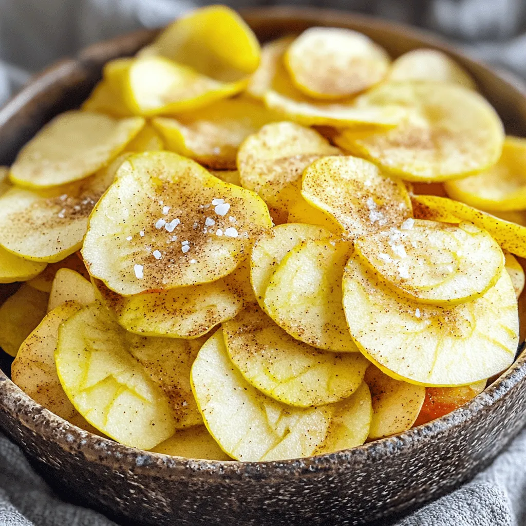 - Apples: Use 2 large apples, like Granny Smith or Honeycrisp. Granny Smith gives a nice tart taste. Honeycrisp is sweet and juicy. Choose firm apples for the best crunch. - Sweeteners: You can use 1 tablespoon of coconut sugar or regular sugar. Coconut sugar has a rich flavor, while regular sugar is classic. Both work well. - Seasoning: Add 1 teaspoon of ground cinnamon for warmth. You can use nutmeg or cardamom if you want new flavors. - Optional ingredients: Use lemon juice to prevent browning. Brush apple slices lightly to keep them fresh and bright. 1. First, wash and dry the apples. This step cleans off any dirt. If you want, brush them lightly with lemon juice. This keeps them from turning brown. 2. Next, core the apples. Slice them thinly, about 1/8 inch thick. A mandoline slicer helps make even slices. 3. In a small bowl, mix together the ground cinnamon, coconut sugar, and a pinch of salt. This mix gives the chips a sweet, spicy flavor. 1. Preheat the air fryer to 160°F (70°C). This low heat helps dry the apples slowly. 2. Arrange the apple slices in a single layer in the air fryer basket. Avoid overcrowding. You may need to work in batches. 3. Cook the apple slices for about 10–12 minutes. Flip them halfway through cooking. Check them at 10 minutes to avoid burning. 1. Once the chips are crispy and golden, remove them from the air fryer. Let them cool for a few minutes. 2. For extra crispiness, you can return them to the air fryer for an extra 1-2 minutes. This step makes your chips crunchier. To make great apple chips, choose the right apples. I like using Granny Smith or Honeycrisp apples. They have a nice balance of tartness and sweetness. Look for apples that feel firm and smell fresh. Seasonal apples often taste better. In fall, many apple varieties are at their peak. Try to pick local apples when you can. They taste better and support local farms. Uniform slicing is key to crispy chips. I use a mandoline slicer to get even slices. Aim for about 1/8 inch thick. If the slices are too thick, they won’t crisp up well. Air fryers cook quickly, so keep an eye on the time. I set my air fryer to 160°F (70°C) and cook for 10 to 12 minutes. Flip the chips halfway through to help them cook evenly. You can make your apple chips more exciting with spices. Try adding nutmeg or cardamom for a twist. You can also change the sweetener. Coconut sugar gives a nice hint of caramel. Regular sugar works too, but experiment to find what you like best. Adding these flavors makes your snack special and unique! {{image_2}} You can make apple chips even more exciting! Try adding herbs for a savory twist. Rosemary or thyme goes well with apple. Just sprinkle a bit on top before cooking. For a spicy kick, add cayenne or chili powder. This makes the chips hot and tasty. Adjust the spice level to fit your taste buds. You can cook apple chips in different ways. Air frying is quick and easy. The chips get crispy without much oil. Baking in the oven is another choice. Just set your oven to a lower temperature and keep an eye on them. Dried apple chips are a fun DIY method too. Use a food dehydrator or your oven on low heat. This method makes chewy, sweet snacks. Apple chips pair well with many dips and toppings. Try them with yogurt for a healthy snack. You can also use them in salads for added crunch. Another great idea is to serve them with nut butter. The mix of flavors makes a tasty treat. Don't be afraid to get creative with your pairings! To keep your apple chips fresh, use airtight containers. These containers block air and keep chips crunchy. You can also vacuum seal them for longer freshness. If stored properly, apple chips last for up to two weeks. Keep them in a cool, dry place away from sunlight. If your apple chips lose their crispness, don’t worry! You can easily restore them. Place the chips back in the air fryer at 160°F for about 2-3 minutes. Keep an eye on them to avoid burning. This quick method brings back that delightful crunch. Freezing your apple chips is a great way to save them. First, ensure they are fully cooled. Then, place them in a single layer on a baking sheet. Freeze them for about 1-2 hours until solid. After that, transfer the chips to a freezer bag. They can stay in the freezer for up to three months. When you're ready to enjoy them, simply take out the amount you want and let them thaw at room temperature. Air fryer apple chips can last about one week when stored properly. Keep them in an airtight container at room temperature. If you want them fresh for longer, consider freezing them. Yes, you can use many fruits! Some great options include pears, bananas, and peaches. Just slice them thinly and adjust the cooking time as needed. A good air fryer for apple chips should have a spacious basket. Look for one with adjustable temperature settings and a timer. Brands like Philips and Ninja have great options for even cooking. To prevent browning, you can lightly brush the apple slices with lemon juice before cooking. This helps keep the color nice and bright during cooking. No, peeling is not necessary. The skin adds flavor and nutrients. If you prefer a smoother chip, feel free to peel them. Making air fryer apple chips is easy and fun. You choose the right apples, select sweeteners, and spice them up with cinnamon. I shared step-by-step instructions, from washing to air frying, and offered tips for the best results. You can even customize flavors and pair your chips with dips. In summary, enjoy the process, experiment with ingredients, and store your chips well. With a little practice, you'll create tasty snacks that everyone loves. Happy air frying!