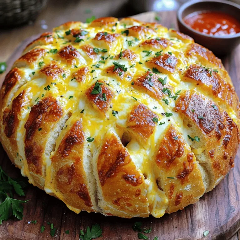 To make cheesy pull-apart garlic bread, you need a few key items: - 1 large round loaf of sourdough bread - 1 cup shredded mozzarella cheese - 1 cup shredded cheddar cheese - 5 tablespoons unsalted butter, melted - 4 cloves garlic, minced - 2 tablespoons fresh parsley, chopped - 1 teaspoon dried Italian herbs (oregano, basil) - Salt and pepper to taste These ingredients create a rich, cheesy, and flavorful treat that everyone will love. You can enhance your garlic bread with some optional ingredients: - 1/4 teaspoon red pepper flakes for a kick This little addition can bring a nice heat and depth to the bread. While mozzarella and cheddar are classic choices, you can mix things up: - Use gouda for creaminess. - Try parmesan for a sharp taste. - Add pepper jack for extra spice. Feel free to experiment! Combining different cheeses can give your garlic bread a unique twist. First, you need to gather your ingredients. Grab a large round loaf of sourdough bread. You'll also need shredded mozzarella and cheddar cheese, unsalted butter, garlic, parsley, and Italian herbs. Make sure your oven is preheated to 375°F (190°C). This step is key for perfect baking. Now, it’s time to slice the bread. Take your sourdough loaf and make diagonal cuts. Space them about 1 inch apart. Be careful not to cut all the way through; leave the bottom intact. After that, make similar cuts in the opposite direction. This will create a diamond pattern. This pattern helps with easy pulling apart later. In a small bowl, mix melted butter with minced garlic, chopped parsley, Italian herbs, and salt and pepper. If you want a kick, add red pepper flakes. Use a pastry brush to spread this garlic butter mixture between each cut in the bread. Be generous! Stuff the shredded mozzarella and cheddar cheese deep into each slice. The more cheese, the better the flavor! Wrap the loaf in aluminum foil and place it on a baking sheet. Bake for 15 minutes. After that, take off the foil and bake for another 10-15 minutes. You want the cheese to melt and the top to get golden and crispy. Once done, let it cool for a few minutes. Now, it's ready to pull apart and enjoy! To get that gooey, cheesy pull, use a mix of mozzarella and cheddar. Mozzarella melts wonderfully, while cheddar adds a rich flavor. Make sure to stuff the cheese deep into the cuts. This way, every bite is cheesy and satisfying. Also, don’t skimp on the butter mixture. It helps the cheese melt evenly and adds great flavor. One common mistake is cutting the bread too deep. You want the base intact to hold everything together. Avoid adding too much garlic butter. Too much can make it soggy. Lastly, don’t rush the baking time. The cheese needs enough time to melt and the top to crisp up. You can prepare this dish up to a day in advance. Slice the bread and brush it with the garlic butter. Then, wrap it tightly in foil and place it in the fridge. When ready to bake, just pop it in the oven straight from the fridge. Add a few extra minutes to ensure it heats through. This makes it easy for parties or family dinners. {{image_2}} You can make this dish spicy by adding red pepper flakes. Just mix in 1/4 teaspoon with your garlic butter. This addition gives the bread a nice kick. It’s perfect for those who love heat. The spicy flavor pairs well with the creamy cheese. You can adjust the amount based on your taste. If you want more heat, add more flakes. For a different twist, try using herb-infused olive oil instead of butter. Choose your favorite herbs like rosemary or thyme. Mix the oil with minced garlic for great flavor. Brush this mix between the bread cuts. This version is lighter but still full of taste. It also adds a nice aroma. The herbs will brighten the bread, making it more refreshing. You can get creative with cheese choices. While mozzarella and cheddar are great, other cheeses work too. Try using gouda for a smoky flavor. Feta adds a nice tang, while pepper jack gives extra spice. Mixing different cheeses can create a fun flavor profile. Experiment until you find your favorite combo. Each cheese brings its own unique taste to the bread. To keep your cheesy pull-apart garlic bread fresh, wrap it tightly in plastic wrap. You can also place it in an airtight container. This way, it stays soft and tasty for up to three days at room temperature. If you want to keep it longer, consider freezing it. When reheating, I suggest using the oven. Preheat it to 350°F (175°C). Wrap the garlic bread in foil to keep it soft. Heat for about 10-15 minutes. You can also reheat slices in a toaster oven for a few minutes. This method gives you a nice crispy outside. To freeze your garlic bread, slice it first if you wish. Wrap each piece in plastic wrap, then in foil. Place them in a freezer bag, removing excess air. When you’re ready to enjoy it, thaw in the fridge overnight. Reheat as mentioned above for the best results. Yes, you can switch the bread! Try a large round loaf of ciabatta or focaccia. Both have great textures and flavors. Just make sure they can hold the cheese and garlic butter well. To make this dish gluten-free, use a gluten-free bread. Many brands offer tasty gluten-free options now. Be sure to check the label to ensure it meets your needs. You have many tasty choices! Marinara sauce is classic and pairs well. You can also try ranch dressing or a creamy garlic dip. These sauces add flavor and fun to each bite. To keep the bread from getting soggy, make sure to brush the garlic butter mixture lightly. Avoid soaking the bread. Also, bake it in foil first, then unwrap it to crisp the top. This method helps keep it fluffy and delicious. This blog post covered all you need to make cheesy pull-apart garlic bread. We discussed essential and optional ingredients, plus the best cheese combos. I gave easy steps for prep, baking, and tips to avoid common mistakes. You learned great variations for added flavor and how to store leftovers. In the end, making this bread is simple and fun. Try it today for a tasty treat!