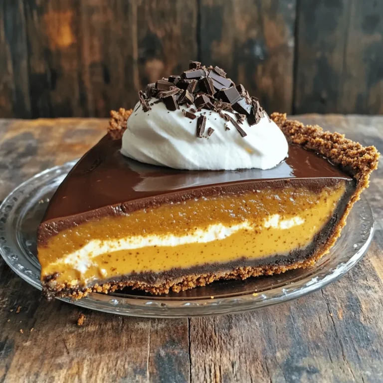 To make a no-bake chocolate pumpkin pie, gather these simple ingredients: - 1 ½ cups graham cracker crumbs - ½ cup unsweetened cocoa powder - ⅓ cup coconut oil, melted - ½ cup maple syrup or honey - 1 cup canned pumpkin puree - 1 cup cream cheese, softened - ½ cup powdered sugar - 1 teaspoon vanilla extract - 1 teaspoon pumpkin spice - Whipped cream for topping (optional) - Dark chocolate shavings for garnish (optional) You can swap some ingredients if you need to. Here are some easy options: - Graham cracker crumbs: Use crushed cookies like Oreos or digestive biscuits. - Coconut oil: You can use unsalted butter if you prefer. - Maple syrup: Honey or agave syrup works well too. - Cream cheese: Try Greek yogurt for a lighter filling. - Pumpkin spice: You can mix cinnamon, nutmeg, and ginger if you don't have pumpkin spice. Garnishes can make your pie look great and add flavor. Consider these: - Whipped cream adds a light touch on top. - Dark chocolate shavings give a nice crunch and rich taste. - A sprinkle of cinnamon or nutmeg can enhance the flavor. This recipe is flexible, so feel free to get creative! First, gather your ingredients for the crust. You need graham cracker crumbs, cocoa powder, melted coconut oil, and maple syrup. In a mixing bowl, combine 1 ½ cups of graham cracker crumbs and ½ cup of unsweetened cocoa powder. Then, add ⅓ cup of melted coconut oil and ½ cup of maple syrup. Mix these until it looks like wet sand. Next, press this mixture into the bottom and sides of a 9-inch pie dish. Use the back of a measuring cup to press it firmly. This step helps create a strong base. Set the crust aside in the fridge so it can firm up while you prepare the filling. Now, let’s make the filling. Take a large mixing bowl and beat 1 cup of softened cream cheese until smooth. This makes the filling creamy and rich. Next, add in 1 cup of canned pumpkin puree, ½ cup of powdered sugar, 1 teaspoon of vanilla extract, and 1 teaspoon of pumpkin spice. Mix everything together until it’s fully blended. The mixture should be thick and creamy. It’s time to add some chocolate! Pour half of the pumpkin filling into the crust and spread it evenly. This layer adds a nice base flavor. Now, melt some dark chocolate until it’s smooth. Mix the melted chocolate into the remaining filling until it’s well combined. Gently pour this chocolate pumpkin mixture on top of the first layer in the crust. Use a spatula to smooth the top. This layering gives the pie a beautiful look and a rich taste. Cover the pie with plastic wrap and place it in the fridge. Chill it for at least 4 hours, or overnight if you can wait. This helps the pie set and makes it easier to slice. When you’re ready to serve, take the pie out of the fridge. You can top it with whipped cream and sprinkle dark chocolate shavings on top for a nice finish. Enjoy the creamy, chocolatey goodness! To make a great crust, use fresh graham cracker crumbs. If they sit too long, they can lose flavor. Mix the crumbs with cocoa powder for a rich taste. When adding melted coconut oil and maple syrup, combine them well. Press the mixture firmly into the dish. This helps the crust hold its shape. Chill the crust in the fridge while making the filling. This step helps it firm up nicely. For a smooth filling, soften the cream cheese first. Beat it well until there are no lumps. Then, add the pumpkin puree slowly. Mix in the powdered sugar, vanilla, and pumpkin spice. Make sure every ingredient blends well. This will give you a creamy texture. If your filling seems too thick, you can add a splash of milk. This helps it blend more easily. To boost flavor, try adding a pinch of sea salt. It can enhance the sweetness. You can also mix in some cinnamon or nutmeg for extra warmth. If you love chocolate, add dark chocolate chips to the filling. They will melt and add richness. For a fun twist, top the pie with crushed nuts or sprinkles. This gives a nice crunch and a pop of color. {{image_2}} You can make this pie gluten-free with simple swaps. Use gluten-free graham cracker crumbs instead of regular ones. Many brands offer tasty gluten-free options. Check the label to ensure they are truly gluten-free. You will still get a great crust with the same flavor. To make this pie dairy-free, swap out the cream cheese. Use a dairy-free cream cheese alternative. There are many options on the market today. You can also use coconut cream for a rich texture and taste. This keeps the pie creamy without any dairy. If you want to change the sweetness, try different sweeteners. You can use agave syrup instead of maple syrup or honey. You can also use stevia or monk fruit sweetener for a low-calorie option. Just adjust the amount based on the sweetener's strength. This way, you can enjoy a pie that fits your diet needs. To store leftovers, place the pie in an airtight container. You can also cover the pie dish with plastic wrap. This helps keep the pie fresh and tasty. Store it in the fridge for up to four days. Always ensure the pie is cool before covering it. You can freeze No-Bake Chocolate Pumpkin Pie too! First, let the pie chill completely. Then, wrap it tightly in plastic wrap. After that, place it in a freezer-safe container. This way, you can enjoy it later! The pie can stay frozen for up to two months. When ready to eat, thaw it in the fridge overnight. The shelf life of this pie varies based on storage. In the fridge, it lasts about four days. If you freeze it, you can keep it for two months. For the best taste, eat the pie within a week if stored in the fridge. Always check for any changes in smell or texture before enjoying it. Yes, you can use fresh pumpkin. Start with a small pumpkin. Cut it in half and remove the seeds. Roast or steam the pumpkin until soft. Then, scoop out the flesh and puree it in a blender or food processor. This gives a fresh taste to your pie. Just make sure to measure out one cup of puree for the recipe. You can keep the pie in the fridge for up to five days. Make sure to cover it well with plastic wrap. This keeps it fresh and prevents it from absorbing other odors in the fridge. If you want to enjoy it later, you can freeze it too. No worries if you lack graham cracker crumbs! You can use crushed cookies or even crushed nuts. Options like vanilla wafers or digestive biscuits work great too. Just mix them with cocoa powder and melted coconut oil for a tasty crust. In this blog post, we explored how to make a no-bake chocolate pumpkin pie. We covered the essential ingredients, including possible substitutions and garnishes. I shared step-by-step instructions for preparing the crust and creamy filling. Tips for a perfect result and variations for different diets were included too. Finally, we looked at storage methods and answered common questions. In summary, making this pie is simple and fun. Try these tips for your next dessert!