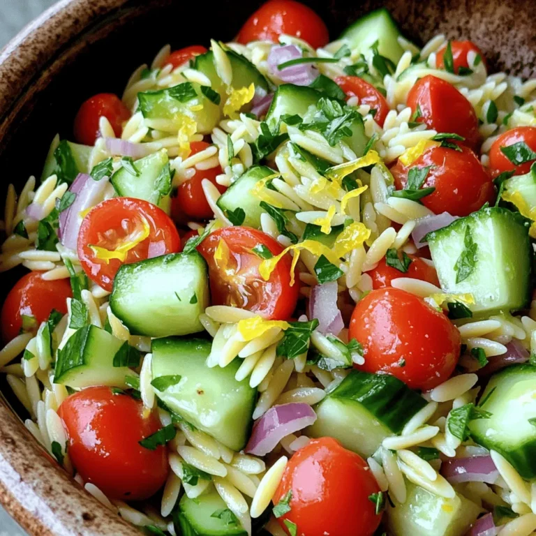 - 1 cup orzo pasta - 2 cups vegetable broth - 1 cup cherry tomatoes, halved - 1 cucumber, diced - 1/4 red onion, finely chopped - 1/4 cup fresh parsley, chopped - 2 tablespoons olive oil - 2 tablespoons lemon juice - 2 cloves garlic, minced - Zest of 1 lemon The main ingredients create a bright and fresh taste in the Lemon Garlic Orzo Salad. Orzo pasta is small and cooks quickly. The vegetable broth adds a rich flavor to the pasta. Fresh vegetables like cherry tomatoes, cucumber, and red onion give the dish color and crunch. Garlic, olive oil, lemon juice, and lemon zest bring a zesty kick that makes every bite special. - Salt and pepper - Fresh herbs: parsley Seasoning is key to making this dish shine. Salt and pepper enhance the flavors of each ingredient. Fresh parsley adds a touch of green and a burst of flavor. It also makes the salad look pretty and inviting. Adjust these seasonings to your taste, and don't be afraid to get creative! First, we need to boil the vegetable broth. Pour 2 cups of broth into a medium saucepan. Heat it until it bubbles. Once boiling, add 1 cup of orzo pasta. Cook it for about 8 to 10 minutes. This time gives you al dente orzo. Al dente means it’s firm but not hard. Stir the orzo a few times to keep it from sticking. When it’s done, drain the orzo. Rinse it under cold water to stop the cooking. Set it aside to cool. While the orzo cooks, let’s chop the veggies. Take 1 cup of cherry tomatoes and cut them in half. Then, grab 1 cucumber and dice it. Next, finely chop 1/4 of a red onion. Finally, chop 1/4 cup of fresh parsley. Place all the chopped vegetables into a large mixing bowl. This mix brings bright colors and flavors to the salad. Now, we’ll make the dressing. In a small bowl, add 2 tablespoons of olive oil. Then, squeeze in 2 tablespoons of fresh lemon juice. Next, add 2 cloves of minced garlic and the zest of 1 lemon. Sprinkle in some salt and pepper. Use a whisk to blend everything well. This dressing adds a zesty kick to the salad. Add the cooled orzo to the bowl with the vegetables. Pour the dressing over the top. Now, it’s time to toss! Use a big spoon to gently mix everything together. Make sure all the orzo and veggies get coated with the dressing. This way, every bite is full of flavor. You can serve the salad right away. It tastes great fresh. However, if you have time, chill it in the fridge for 30 minutes. This waiting helps the flavors blend better. Whether you serve it cold or fresh, this salad is a delight! To make your orzo just right, start with water that boils. Add the orzo pasta and cook it for about 8-10 minutes. This gives you an al dente texture. After cooking, drain the orzo and rinse it under cold water. This step stops the cooking and keeps it from getting mushy. If you follow these steps, you’ll get a nice, firm bite in your salad. To make your salad even better, think about adding more herbs. Fresh basil or mint works well with lemon and garlic. You can also try a pinch of red pepper flakes for a bit of heat. These small changes can add depth to the dish. Always taste as you go, and adjust the seasonings to match your likes. Lemon garlic orzo salad tastes great on its own, but you can pair it with many dishes. Serve it alongside grilled chicken or fish for a complete meal. For a fun touch, use a colorful bowl to show off the bright veggies. You can even add some crumbled feta on top for extra flavor. Enjoy it fresh or let it chill for a bit to mix the flavors even more. {{image_2}} If you need gluten-free options for orzo, look for rice-based orzo. It cooks just like regular orzo and tastes great. For vegan adaptations, use vegetable broth instead of chicken broth. Make sure your dressing is free from animal products too. You can easily add proteins to this salad. Cooked chicken or canned chickpeas mix well. Both options add flavor and make the dish more filling. Seasonal vegetable variations can also enhance the salad. Use fresh zucchini in summer or roasted butternut squash in fall. For a Mediterranean-inspired twist, add olives and feta cheese. These ingredients boost flavor and bring a salty kick. If you want to explore fusion ideas, try adding Thai peanut sauce instead of the lemon dressing. It gives the salad a new, exciting taste. To keep your Lemon Garlic Orzo Salad fresh, store it in an airtight container. This prevents moisture and keeps flavors intact. Always let the salad cool down before putting it in the fridge. You can enjoy it cold or at room temperature. The salad stays good for about three days in the fridge. Just check for any changes in smell or color before eating. If you want to save some salad for later, you can freeze it. First, make sure it is completely cool. Then, place the salad in a freezer-safe container. Leave some space at the top for expansion. You can freeze it for up to a month. However, the texture may change when thawed. Fresh veggies can become a bit soft. When you’re ready to eat your orzo salad, thaw it in the fridge overnight. You can also use the microwave to reheat it. If using a microwave, heat it in short bursts, stirring in between. You want it warm, not hot. If you like, add a splash of lemon juice or olive oil to freshen it up. Enjoy your tasty salad! Yes, you can make Lemon Garlic Orzo Salad ahead of time. Preparing it in advance can help the flavors blend better. I suggest making it a few hours before serving. Just store it in the fridge. This helps keep it fresh and tasty. You can add various proteins to the salad. Grilled chicken adds great flavor. Chickpeas or black beans work well for a plant-based option. You can also use shrimp or feta cheese for a twist. Cook or prepare the proteins before mixing them in. Lemon Garlic Orzo Salad lasts about 3 to 5 days in the fridge. Keep it in an airtight container to maintain freshness. If you notice any changes in smell or color, it’s best to discard it. Yes, you can use other pasta types in this recipe. Small pasta shapes, like ditalini or fusilli, work well. Just adjust the cooking time according to the package instructions. Remember, orzo has a unique texture, so try to choose a pasta that cooks similarly. This blog post covered how to make a delicious Lemon Garlic Orzo Salad. We explored main ingredients like orzo, fresh veggies, and flavorful dressings. I shared step-by-step instructions to cook orzo and prepare veggies. Plus, I offered tips for perfecting texture and enhancing flavors. In conclusion, you can customize this salad in many ways. Enjoy experimenting with flavors and ingredients. With simple storage tips, you can keep it fresh for longer. Dive into this recipe and make it your own!
