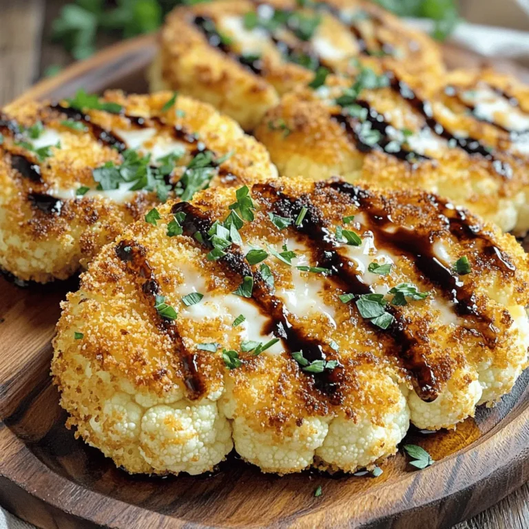 - 1 large head of cauliflower - 1 cup grated Parmesan cheese - 1 cup panko breadcrumbs - 2 large eggs - 1 teaspoon garlic powder - 1 teaspoon onion powder - 1 teaspoon Italian seasoning - Salt and pepper to taste - 2 tablespoons olive oil - Fresh parsley, finely chopped The main ingredients for Crispy Parmesan Crusted Cauliflower Steaks focus on fresh, simple items. You need a large head of cauliflower, which serves as the star of the dish. Grated Parmesan cheese adds richness, while panko breadcrumbs provide that satisfying crunch. Two large eggs help bind it all together. For seasoning, garlic powder and onion powder impart depth of flavor. Italian seasoning brings a nice herbaceous note. Don’t forget salt and pepper to taste; they enhance all the flavors. Optional garnishes like a drizzle of olive oil and fresh parsley not only add beauty but also a touch of freshness. You can easily adjust these ingredients based on your taste. If you want more flavor, try adding spices to the breadcrumb mixture, or use different herbs for garnish. First, preheat your oven to 425°F (220°C). This will help the steaks cook evenly. Next, take your large head of cauliflower and remove the leaves. Slice the cauliflower into 1-inch thick steaks. Aim for about 4-5 nice, thick pieces. Save any leftover florets for another dish. In a shallow bowl, whisk 2 large eggs with 1 teaspoon of garlic powder, 1 teaspoon of onion powder, and salt and pepper to taste. Mix until it looks smooth. In another bowl, combine 1 cup of panko breadcrumbs, 1 cup of grated Parmesan cheese, 1 teaspoon of Italian seasoning, and a pinch of salt and pepper. This mix will give the steaks a tasty crunch. Now it’s time to coat those steaks! Dip each cauliflower steak into the egg mixture. Let any extra egg drip off. Then, coat the steak in the panko-Parmesan mix. Press gently to make sure it sticks well. Repeat this for each steak until they are all coated. Place the coated steaks on your prepared baking sheet. Drizzle about 2 tablespoons of olive oil over each steak. This oil helps them get crispy. Bake in the oven for 25-30 minutes. Flip the steaks halfway through cooking. They should turn golden brown and crispy on both sides. When they are done, let them cool a bit. Garnish with finely chopped parsley if you like. Enjoy your delicious crispy Parmesan crusted cauliflower steaks! To get that perfect crunch, use panko breadcrumbs instead of regular breadcrumbs. Panko has a coarser texture, which gives a better crisp. It creates a nice, light crunch that you will love. Olive oil plays a key role in crisping too. When you drizzle it over the cauliflower, it helps the coating become golden and crunchy as it bakes. For best results, set your oven to 425°F (220°C). This high heat cooks the cauliflower quickly and makes it crisp. If you prefer a different method, try air frying. An air fryer circulates hot air and can make these steaks extra crispy with less oil. Serve your cauliflower steaks on a large platter. Drizzle them with balsamic reduction for a punch of flavor and a beautiful look. Finishing with fresh parsley adds a nice pop of color. This simple touch makes your dish look elegant and appetizing! {{image_2}} You can change the flavor of your crispy Parmesan crusted cauliflower steaks easily. Try adding spices for a kick. Smoked paprika adds a smoky taste. A pinch of cayenne gives heat that many enjoy. You can also mix in fresh herbs. Fresh basil or dill can brighten up the dish. Just chop the herbs finely and mix into the breadcrumb mix. If you want gluten-free options, use gluten-free breadcrumbs instead of panko. Many brands offer tasty gluten-free choices that work well. For a vegan version, swap the eggs. You can use a mix of ground flaxseed and water. This will help bind the coating just like eggs do. Both options let more people enjoy this dish. To keep your crispy Parmesan crusted cauliflower steaks fresh, start by letting them cool. Once cool, place them in an airtight container. This helps lock in moisture and flavor. Store the container in the refrigerator. You can keep them for up to three days. After three days, the texture may change, and they won't be as crispy. When it comes to reheating, you want to maintain that crunchy texture. The best way is to use an oven. Preheat the oven to 350°F (175°C). Place the cauliflower steaks on a baking sheet and heat for about 10-15 minutes. This method helps revive crispness. If you want to freeze the leftovers, wrap each steak tightly in plastic wrap. Then, place them in a freezer-safe bag. They can stay in the freezer for about a month. When ready to eat, thaw in the fridge overnight and reheat using the oven method. To make your cauliflower steaks crispy, use panko breadcrumbs. They are lighter and crunchier than regular breadcrumbs. Here are some tips to ensure crispiness: - Coat well: After dipping in the egg mixture, press the cauliflower steaks into the panko-Parmesan mix. This helps it stick better. - Oil is key: Drizzle olive oil on each steak. This promotes browning and adds flavor. - Bake hot: Preheat your oven to 425°F (220°C). High heat helps achieve that golden crust. - Flip halfway: Turn the steaks over halfway through cooking. This ensures both sides get crispy. Yes, you can prepare cauliflower steaks ahead of time. Here’s how: - Slice and coat: Cut the cauliflower and coat it in the egg and breadcrumb mixtures. - Refrigerate: Store the coated steaks in the fridge for up to 24 hours. This keeps them fresh. - Reheat: Bake them straight from the fridge. Add a bit more olive oil to help restore crispiness. They may need a few extra minutes to cook through. Crispy Parmesan crusted cauliflower steaks pair well with many side dishes and sauces. Here are some tasty options: - Salads: A fresh green salad with lemon vinaigrette complements the richness of the steaks. - Sauces: Try a garlic aioli or a spicy marinara for dipping. - Grains: Serve with quinoa or couscous for a hearty meal. - Vegetables: Roasted or steamed veggies add color and nutrition. This blog post covered how to make crispy Parmesan-crusted cauliflower steaks. You learned about key ingredients and step-by-step cooking instructions. I shared tips to achieve the perfect crunch and exciting variations to try. You also discovered storage methods and reheating tips for leftovers. Overall, these steaks are an easy, tasty dish. With some simple tweaks, you can make them fit any diet. Enjoy creating your tasty cauliflower steaks!