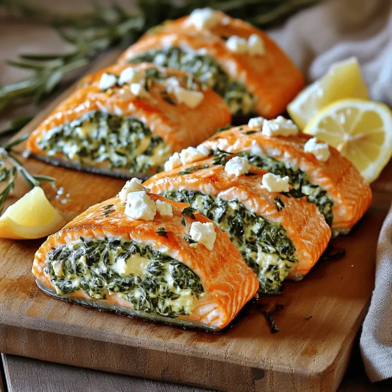 - 2 large salmon fillets - 1 cup fresh spinach, chopped - 1/2 cup feta cheese, crumbled - 1/4 cup cream cheese, softened - 1 garlic clove, minced - 1 tablespoon olive oil - 1 teaspoon lemon juice - 1/2 teaspoon dried dill (or 1 teaspoon fresh dill) - Salt and pepper to taste - Lemon wedges for serving You need fresh salmon for this dish. It is the star of the meal. The spinach adds a nice green touch and a healthy crunch. Feta cheese brings a salty flavor that pairs well with salmon. Cream cheese gives a smooth texture to the stuffing. For seasoning, garlic adds depth. A splash of lemon juice brightens the dish. Dill adds a hint of herbiness. Salt and pepper enhance all the other flavors. When serving, lemon wedges give a fresh zing. You can squeeze them over the salmon for extra flavor. This dish looks great on the plate and tastes even better. - Preheat the oven to 375°F (190°C). - In a skillet, heat 1 tablespoon of olive oil over medium heat. - Add 1 minced garlic clove and sauté for about 30 seconds until fragrant. - Add 1 cup of chopped spinach and cook for 2-3 minutes until wilted. - In a bowl, mix the sautéed spinach with 1/2 cup of crumbled feta cheese, 1/4 cup of softened cream cheese, 1 teaspoon of lemon juice, 1/2 teaspoon of dried dill, salt, and pepper. - Place 2 large salmon fillets skin side down on a cutting board. - Carefully cut pockets into each fillet without cutting all the way through. - Stuff each salmon pocket with the spinach and feta mixture. - Place the stuffed fillets on a lined baking tray. - Drizzle olive oil on top and season with salt and pepper. - Bake for 15-20 minutes, or until the salmon flakes easily with a fork. This process leads to a delightful meal that is both healthy and tasty. Enjoy the flavors! - How to check for doneness: The best way to know if your salmon is done is to use a fork. Gently flake the thickest part of the salmon. If it flakes easily, it is ready. You can also use a meat thermometer. The inside should reach 145°F (63°C). - Avoiding dry salmon: To keep your salmon moist, use a timer. Bake it for just 15-20 minutes. If it sits too long, it can dry out. Also, avoid high heat, as it cooks too fast. - Alternatives to feta cheese: If you don’t have feta, try goat cheese or ricotta. Both add creaminess and taste good with spinach. - Herbs and spices to use: Fresh herbs like parsley or basil can brighten the dish. You can also add a pinch of red pepper flakes for a kick. - Plating suggestions for serving: Serve your stuffed salmon on a nice plate. Add a slice of lemon on the side for a pop of color. You can garnish with fresh herbs for a touch of green. A sprinkle of cracked pepper adds a nice finish. {{image_2}} You can change the cheese in this recipe. Try goat cheese or ricotta instead of feta. Each cheese adds a unique flavor. You can also add more veggies to the stuffing. Try artichokes or bell peppers for added crunch. You have options when cooking the stuffed salmon. Grilling gives a nice smoky flavor. Baking is simple and allows for even cooking. If you prefer, you can also pan-sear the salmon. This method gives a crispy surface while keeping the inside tender. If you need gluten-free options, the recipe is already safe. Just check any condiments for hidden gluten. For a dairy-free version, swap the cream cheese and feta with cashew cheese or tofu. These options work well and still taste great. After enjoying your spinach feta stuffed salmon, let it cool. Store leftovers in an airtight container. Place it in the fridge. This keeps it fresh for up to three days. To maintain flavor, eat it sooner rather than later. Avoid leaving it out for more than two hours. You can freeze stuffed salmon if you want to save some for later. Wrap each piece tightly in plastic wrap. Then, place them in a freezer bag. This helps prevent freezer burn. It will stay good for up to three months. To use, just take it out and let it thaw in the fridge overnight. For reheating, the oven is your best friend. Preheat it to 350°F (175°C). Place the salmon in a baking dish. Cover it with foil to keep it moist. Heat for about 15-20 minutes. You can also use the microwave, but it may dry it out. If you do, heat in short bursts and check often. How long to bake stuffed salmon? Bake the stuffed salmon for 15 to 20 minutes. Check it at 15 minutes. The salmon should flake easily when done. Can I use frozen salmon fillets? Yes, you can use frozen salmon. Just thaw them completely before cooking. This ensures even cooking. Is this recipe healthy? Yes! Spinach and salmon are both healthy. Spinach adds vitamins and minerals, while salmon provides healthy fats. What to serve with spinach feta stuffed salmon? Pair it with a fresh salad or steamed veggies. Quinoa or brown rice also complements this dish nicely. Can I make this ahead of time? You can prepare the filling in advance. Stuff the salmon just before cooking for the best flavor. Why is my salmon sticking to the pan? Salmon may stick if the pan is not hot enough. Make sure to preheat your pan and add oil before cooking. What to do if the salmon is not cooked through? If the salmon is undercooked, return it to the oven. Cook in 2-3 minute intervals until it's done. In this post, we explored making a tasty spinach and feta stuffed salmon. We covered the main ingredients, step-by-step instructions, and helpful tips. You learned about ingredient swaps, cooking methods, and storage options. Stuffed salmon is versatile and easy to prepare. It can fit many diets and preferences. Enjoy this dish for a healthy meal or impress guests. With these tips, you’ll create a tasty dish every time.