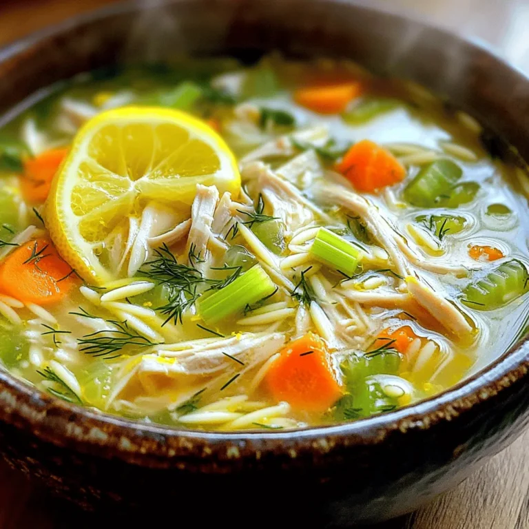 When making Greek Lemon Chicken Soup, fresh ingredients make a big difference. Here's what you need: - 1 lb boneless, skinless chicken breast - 1 medium onion, finely chopped - 2 cloves garlic, minced - 2 medium carrots, diced - 2 stalks celery, diced - 1/4 cup fresh lemon juice - Zest of 1 lemon - 1/4 cup fresh dill, chopped These fresh items add great flavor and nutrition to your soup. You also need some key items from your pantry: - 6 cups chicken broth - 1 cup orzo pasta - Salt and pepper to taste - Olive oil for sautéing These staples help create a tasty base for your soup. If you're missing an ingredient, don't worry! Here are some swaps: - Use chicken thighs instead of breasts for richer flavor. - Swap orzo for rice or quinoa if you prefer. - Fresh dill can be replaced with dried dill if needed. These alternatives can still give your soup a great taste! To start, gather all your ingredients. You will need: - 1 lb boneless, skinless chicken breast - 6 cups chicken broth - 1 medium onion, finely chopped - 2 cloves garlic, minced - 2 medium carrots, diced - 2 stalks celery, diced - 1 cup orzo pasta - 3 large eggs - 1/4 cup fresh lemon juice - Zest of 1 lemon - 1/4 cup fresh dill, chopped (or 1 tablespoon dried dill) - Salt and pepper to taste - Olive oil for sautéing Make sure to wash and chop your veggies. This makes cooking easier. 1. Heat a drizzle of olive oil in a large pot over medium heat. 2. Add the chopped onion and sauté until it turns translucent, about 5 minutes. 3. Next, stir in the minced garlic and cook for one more minute. This makes the soup smell great. 4. Now, add the diced carrots and celery. Sauté for another 5-7 minutes until they soften. 5. Pour in the chicken broth and bring it to a boil. 6. Once it boils, add the chicken breasts and orzo pasta. Reduce the heat and let it simmer for about 15 minutes. The chicken should be cooked through, and the orzo should be tender. 7. Take the chicken out of the pot. Shred it with two forks and return it to the soup. 1. In a small bowl, whisk together the eggs, lemon juice, lemon zest, and a pinch of salt. 2. Gradually add a ladle of the hot soup into the egg mixture while whisking. This step keeps the eggs from curdling. 3. Slowly pour the egg mixture back into the pot while stirring continuously. Cook for another 2-3 minutes on low heat. The soup will thicken slightly. 4. Stir in the fresh dill and season with salt and pepper to taste. 5. Serve the soup hot, garnished with extra dill and lemon slices if you like. Enjoy your tasty Greek lemon chicken soup! To make your soup shine, use fresh lemon juice and zest. This gives a bright, tangy taste. Fresh dill adds a nice herbal note. Always taste and adjust salt and pepper. You want the flavors to pop without being too salty. If you want a deeper flavor, try adding a bay leaf while cooking. Remove it before serving for a clean finish. Orzo cooks fast, so keep an eye on it. Add orzo to the boiling broth and stir well. Cooking it too long makes it mushy. It should be al dente, firm to the bite. If you want to keep it separate, cook orzo in a different pot. Then add it to the soup just before serving. One common mistake is not tempering the eggs. If you add the egg mixture too fast, it will curdle. Always whisk in a bit of hot soup first. Another mistake is cooking the soup too long after adding the eggs. It should just thicken, not boil. Lastly, don't skip the seasoning. You need salt and pepper to bring out the flavors. {{image_2}} You can easily change the flavors in Greek lemon chicken soup. Try using different pasta shapes like rice or quinoa. Swap the chicken for turkey or even cooked shrimp for a twist. If you want a creamier soup, add a bit of heavy cream or coconut milk. Making a vegetarian or vegan version is simple. Use vegetable broth instead of chicken broth. Replace chicken with chickpeas or mushrooms for protein. You can also add leafy greens like spinach or kale for extra nutrition. For a vegan soup, skip the eggs and use a plant-based thickener like cornstarch. Different regions have their own takes on this dish. In some areas, people add capers or olives for a briny touch. Others might toss in roasted red peppers for added sweetness. You could even try spices like paprika or cumin for a unique flavor. Each variation reflects local tastes and traditions. To store your Greek Lemon Chicken Soup, let it cool first. Use an airtight container. Keep it in the fridge for up to three days. This helps keep the flavors fresh. Just make sure it is sealed well. If you want to enjoy it later, freezing is a great option. For freezing, use a freezer-safe container. Pour in the soup after it cools. Leave some space at the top because the soup will expand. You can freeze it for up to three months. When you're ready to eat, just thaw it overnight in the fridge. When reheating, do it slowly. Place the soup in a pot over low heat. Stir it often to keep it from sticking. If the soup is too thick, add a splash of chicken broth or water. This will help bring back its original taste and texture. Enjoy it warm! If you do not have orzo, you can use rice or quinoa. Both options work well. They add a nice texture and soak up the soup's flavors. Just adjust the cooking time based on what you choose. For rice, you may need an extra 5-10 minutes. Quinoa cooks faster, so keep an eye on it. This soup is not gluten-free if you use orzo, as orzo is made from wheat. To make it gluten-free, simply replace orzo with gluten-free pasta or rice. Choose a gluten-free pasta that cooks well in soup. Always check for gluten-free labels to be safe. To make your soup creamier, add a splash of heavy cream or coconut milk. Stir it in right before serving for a rich texture. You can also whisk in more eggs for extra creaminess. Just remember to temper them first, so they blend smoothly. Greek Lemon Chicken Soup pairs well with a fresh salad or crusty bread. A simple Greek salad with cucumbers and tomatoes complements the soup's flavors. You can also serve it with pita bread and tzatziki for a full meal. These sides enhance the bright, zesty notes of the soup. This blog post shared how to make Greek Lemon Chicken Soup, focusing on ingredients, steps, and tips. You learned about fresh and pantry ingredients, plus fun variations like vegan options. The tips helped you avoid common mistakes and make the soup taste great. Don't forget to store leftovers properly so you can enjoy this dish later. With these insights, you can create a delicious soup that warms you up. Enjoy your cooking journey and savor every spoonful!