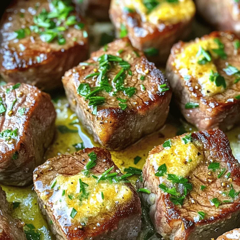To make Air Fryer Garlic Butter Steak Bites, you need simple, fresh ingredients. Here’s what you will need: - 1 lb sirloin steak, cut into 1-inch cubes - 4 tablespoons unsalted butter, melted - 4 cloves garlic, minced - 1 teaspoon fresh rosemary, chopped - 1 teaspoon fresh thyme, chopped - Salt and pepper to taste - 1 tablespoon olive oil - Fresh parsley, chopped (for garnish) These ingredients work together to create a rich and savory flavor. The sirloin steak is tender and juicy, perfect for this dish. The garlic and butter bring a wonderful aroma and taste. Fresh herbs like rosemary and thyme add depth to the flavor. Using quality ingredients makes a big difference. Fresh herbs can really enhance the taste. Be sure to use unsalted butter for better control over the saltiness. The olive oil helps to keep the steak moist while cooking. When you gather these items, you set yourself up for success. The combination of these flavors will make your steak bites a hit with everyone. First, pat the steak cubes dry with paper towels. This step is key. It helps the seasoning stick better. Then, place the steak in a large bowl. Next, mix the marinade ingredients in a small bowl. Combine melted butter, minced garlic, rosemary, thyme, olive oil, salt, and pepper. This mix adds rich flavor to your steak bites. Now, coat the steak cubes with the marinade. Pour the mixture over the steak, then toss it well. Ensure each piece is covered. Let the steak marinate for at least 15 minutes. This allows the flavors to soak in and enhances the taste. Before cooking, preheat your air fryer to 400°F (200°C) for about 5 minutes. This step ensures even cooking and a nice sear. Place the marinated steak cubes in the air fryer basket. Lay them in a single layer to ensure they cook evenly. Cook for 8 to 10 minutes. Shake the basket halfway through. This helps all sides get crispy and golden. Aim for medium-rare to medium doneness for the best flavor. For steak bites, aim for an internal temperature of 130°F to 135°F for medium-rare. If you prefer medium, go for 140°F to 145°F. Use a meat thermometer to check for the right doneness. Adjust your cooking time based on how you like your steak. For medium-rare, cook for about 8 minutes. For medium, increase the time to 10 minutes. Remember to shake the basket halfway through to cook evenly. To boost flavor, consider adding more herbs. Fresh oregano or basil can work well with your garlic butter. You might also try a pinch of red pepper flakes for a spicy kick. Resting the meat after cooking is key. Let it sit for 5 minutes before serving. This helps the juices spread, making each bite more tender and juicy. Garnish your steak bites with fresh parsley for a pop of color. You can also add a sprinkle of flaky sea salt for extra flavor. For plating, use a clean white dish to help the steak stand out. Arrange the bites in a single layer. Drizzle some of the garlic butter over the top. This not only looks nice but also adds extra flavor. {{image_2}} You can use many cuts for steak bites. Sirloin is great, but ribeye is even better. Ribeye has more fat, which adds juicy flavor. Tenderloin is also a nice choice, offering a buttery texture. Flank steak and skirt steak are good too. They give a nice chew and flavor when cooked right. Just cut them into 1-inch cubes like the sirloin. Want to change the flavor? You can add spices like paprika or cayenne for heat. Italian herbs, like oregano or basil, can give a fresh taste. You can also try different marinades. Soy sauce or Worcestershire sauce can add depth. Specialty butters are a fun twist. Try garlic herb butter or even blue cheese butter for a rich kick. The right sides make your steak bites shine. Serve them with crispy fries or roasted veggies. A fresh salad with tangy dressing pairs well too. For a cozy meal, mashed potatoes or mac and cheese are great choices. Don’t forget a dipping sauce! A creamy ranch or spicy aioli can make each bite even better. To make sure your steak bites stay fresh, store them in a good container. Use an airtight container. This helps keep moisture in and air out. You can also use plastic wrap or foil for short-term storage. Place the leftover steak bites in the fridge if you plan to eat them soon. If you want to keep them longer, freeze them. Just make sure to use freezer-safe bags or containers. When you are ready to eat your leftovers, reheating them the right way is key. I recommend using the air fryer again. Set it to 350°F (175°C). Cook for about 5 minutes, shaking the basket halfway. This method helps keep the steak bites juicy and crispy. You can also reheat them on the stovetop. Just warm them in a pan over low heat for a few minutes. In the fridge, your steak bites last about 3 to 4 days. If you freeze them, they can last up to 3 months. Just remember to label your containers with the date. This way, you know when to use them. Enjoying these steak bites later can be just as tasty as the first time! I suggest marinating the steak bites for at least 15 minutes. This time allows the flavors to seep into the meat. If you have more time, marinating for up to an hour can deepen the taste even more. The garlic, herbs, and butter work together to create a bold and rich flavor. Just make sure to keep the steak covered while it sits. Yes, you can use frozen steak! Just remember to thaw it first. You can place the steak in the fridge overnight to defrost. If you're short on time, you can use the microwave. Once thawed, pat it dry and follow the marination process. Cooking time may need slight adjustments. Ensure the steak bites reach a safe temperature for eating. Several sauces complement steak bites perfectly. Here are a few popular options: - Classic barbecue sauce - Creamy ranch dressing - Spicy Sriracha mayo - Chimichurri sauce for a fresh kick - Garlic aioli for extra garlic flavor Feel free to try different sauces to find your favorite! This post shared a simple guide to making tasty steak bites. You learned about the key ingredients, easy steps to prepare, and air fry to get perfect results. I also included tips on flavor, presentation, and storage. Remember, marinating and choosing the right cut can boost your meal. Enjoy these bites with your favorite sides or dipping sauces for a great treat. Now, you’re ready to impress with your steak bites!