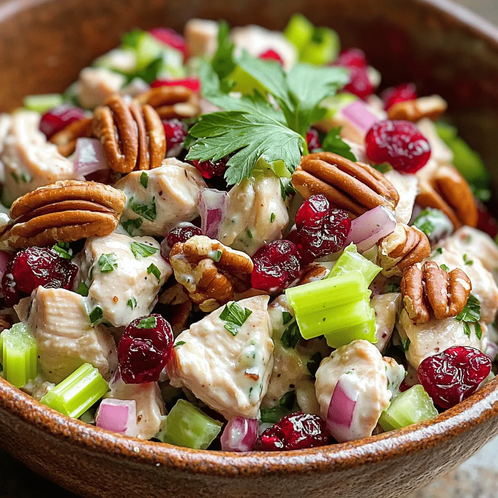 To make a tasty cranberry pecan chicken salad, gather the following items: - 2 cups cooked chicken breast, diced - 1/2 cup dried cranberries - 1/2 cup pecans, roughly chopped - 1/4 cup red onion, finely chopped - 1/2 cup celery, diced - 1/2 cup Greek yogurt - 2 tablespoons honey - 1 tablespoon Dijon mustard - Salt and pepper to taste - Fresh parsley, for garnish Each ingredient plays a key role in this dish. The cooked chicken breast is the main protein. Dried cranberries add a sweet burst. Pecans bring crunch and nuttiness. Red onion gives a bite, while celery adds crispness. Greek yogurt serves as a creamy base for the dressing, making it healthier. Honey adds a touch of sweetness, and Dijon mustard brings a mild tang. Salt and pepper enhance all the flavors, and fresh parsley makes it pretty. This list allows you to create a fresh and vibrant salad. Feel free to adjust any ingredient to match your taste! In a large bowl, add 2 cups of diced chicken breast. Next, toss in 1/2 cup of dried cranberries and 1/2 cup of roughly chopped pecans. Then, add 1/4 cup of finely chopped red onion and 1/2 cup of diced celery. Mix everything well until they are all combined. In another bowl, whisk together 1/2 cup of Greek yogurt, 2 tablespoons of honey, and 1 tablespoon of Dijon mustard. Add salt and pepper to taste. Keep whisking until the dressing is smooth and creamy. Pour the dressing over the chicken mixture. Gently fold everything together until all ingredients are coated. Taste the salad and adjust the seasoning with more salt or pepper if needed. Cover the bowl and refrigerate for at least 30 minutes. This chilling time helps the flavors blend well. Serve it cold and garnish with fresh parsley for a nice touch. Ensuring Proper Seasoning Seasoning makes a big difference in taste. Use salt and pepper well. I suggest starting with a pinch of salt. Mix well and taste. Adjust until it feels just right. This will make your salad shine. How to Avoid Weeping Salad No one likes a watery salad. To avoid this, dry your veggies well. After chopping, pat them with a paper towel. You can also add the dressing just before serving. This keeps everything crisp and fresh. Chilling Time Recommendations Chilling is key for flavor. I recommend refrigerating for at least 30 minutes. This allows the flavors to blend nicely. If you have time, chill for an hour or more. The longer, the better! {{image_2}} You can swap pecans for walnuts or almonds. Each nut adds its own flavor. Walnuts give a rich, earthy taste. Almonds add a light crunch. Choose what you like best. If you prefer a different taste, try using sour cream. It adds a nice tang. You can also go dairy-free with cashew yogurt. This keeps the salad creamy and tasty. Add diced apples or grapes for a sweet twist. These fruits bring extra crunch and flavor. You can mix and match according to your taste. Dried apricots or even fresh oranges work well too. To keep your cranberry pecan chicken salad fresh, refrigeration is key. Store it in an airtight container. Make sure the lid seals tight to keep out air. This helps the flavors stay strong. For freezing, you can store the salad too, but it will change. The texture of the chicken and veggies may get mushy. If you still want to freeze it, use a freezer-safe container. Just remember to eat it within three months for the best taste. How long does the salad last? In the fridge, it will stay good for about three to four days. After that, it may lose its flavor and freshness. Always check for any signs of spoilage before you eat. If it smells off or looks strange, toss it out. Keeping your food safe is very important. Can I make this salad ahead of time? Yes, you can make this salad early. It tastes even better after sitting. Just cover it tightly and store it in the fridge. How can I make it healthier? To make it healthier, use less honey or skip it. You can also add more veggies like carrots or spinach. Use low-fat Greek yogurt for a lighter option. What are good side dishes to serve with this salad? This salad pairs well with whole grain bread or a light soup. You can also serve it with fresh fruit or a green salad for a colorful plate. Is it possible to use leftover chicken? Absolutely! Leftover chicken works great here. Just make sure it is cooked and diced. It will save you time and add extra flavor. Can I substitute the Greek yogurt for something else? Yes, you can replace Greek yogurt with mayonnaise or sour cream. If you want a dairy-free option, try using avocado or a vegan yogurt. This blog post covered how to make a tasty cranberry pecan chicken salad. We explored essential ingredients and shared step-by-step instructions. I provided tips to enhance flavor and variations to keep the dish interesting. Finally, I gave storage advice so you can enjoy it later. This salad is not just easy to make; it’s also versatile. You can adapt it to fit your tastes. Enjoy a delicious, healthy meal that saves time and effort in the kitchen.