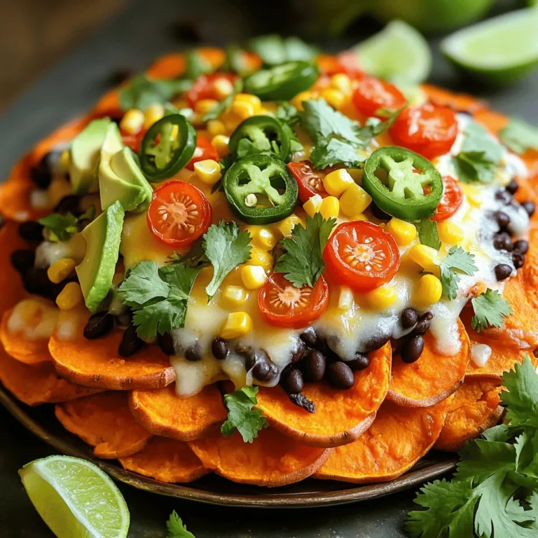 - Sweet potatoes and their preparation For this recipe, you need 2 large sweet potatoes. Slice them thinly. This helps them cook evenly and become crispy. I like to use a sharp knife or a mandoline for this task. - Vegetables to include The heart of these nachos is the colorful veggies. Use 1 cup of black beans that are drained and rinsed. They add protein and fiber. Add 1 cup of corn kernels, fresh or frozen, for sweetness. Cherry tomatoes are a must! Halve 1 cup of them for juicy bursts of flavor. You can also add 1 sliced jalapeño for a little heat. Remove the seeds if you want less spice. - Optional toppings and garnishes After baking, top your nachos with 1 diced avocado for creaminess. Fresh cilantro adds a bright flavor; use it generously. Don't forget lime wedges! They brighten the dish and add a zesty kick. These ingredients combine to create a veggie-loaded dish that is both healthy and delicious. Each bite offers a mix of flavors and textures. Enjoy customizing your nachos with your favorite toppings! 1. Start by preheating your oven to 425°F (220°C). This step is key for crispiness. 2. Take two large sweet potatoes and slice them thinly. Place them in a large bowl. 3. Add 1 tablespoon of olive oil, 1 teaspoon of smoked paprika, 1 teaspoon of garlic powder, salt, and pepper to the bowl. Toss until all slices are coated well. 4. Spread the sweet potato slices on a baking sheet lined with parchment paper. Make sure they are in a single layer. 5. Bake the slices in the oven for 20-25 minutes. Flip them halfway through. Look for a crispy, golden brown color. 6. After the sweet potatoes bake, reduce the oven temperature to 375°F (190°C). 7. Layer the baked sweet potato slices on your serving platter. Add black beans, corn, cherry tomatoes, jalapeño slices, and shredded cheese. 8. Return the nachos to the oven. Bake for 10 minutes more, until the cheese is melted and bubbly. 9. Once out of the oven, top with diced avocado and fresh cilantro. This adds color and taste. 10. Serve warm with lime wedges on the side. Squeeze lime over nachos for extra zing. This process gives you tasty, veggie-loaded sweet potato nachos. Enjoy! To get crispy sweet potatoes, cut them thin. About 1/4 inch works best. Toss them well in olive oil. This helps them crisp up in the oven. Spread them out on the baking sheet. Make sure they are not overlapping. This allows hot air to circulate. Bake at 425°F for 20 to 25 minutes. Flip them halfway through for even browning. For flavor, try adding smoked paprika and garlic powder. These spices bring depth to the dish. You can add a pinch of cayenne for heat. A touch of cumin also adds a warm flavor. Adjust the seasoning based on your taste. For parties, serve these nachos on a large platter. Layer them high for a fun display. Place toppings like avocado and cilantro on top. This makes them look fresh and colorful. Pair these nachos with lime wedges. A squeeze of lime adds brightness. You can also serve them with salsa or guacamole. These dips bring extra flavor and creaminess. Consider adding a cool yogurt dip to balance the heat from jalapeños. {{image_2}} You can easily customize your veggie loaded sweet potato nachos. If you want a dairy-free option, try using vegan cheese. It melts well and adds a nice creaminess. You can also swap out the regular cheese for cashew cheese. For extra flavor and color, think about other vegetables. Bell peppers add crunch and sweetness. Spinach gives a nice pop of green. You can even mix in some roasted zucchini or mushrooms. The options are endless! Switching up your cooking method can change the texture of your nachos. An air fryer gives you a crispier finish. Just layer the sweet potatoes in the fryer basket and cook until golden. It requires less oil, making it a healthier choice. Grilling is another fun option. It adds a smoky flavor and nice char marks. Just toss the sweet potatoes in a grill basket and watch them sizzle. If you’re short on time, you can also cook everything on the stovetop. Just sauté the sweet potatoes in a pan until they’re tender and slightly crispy. This method is quick and easy! To store leftover nachos, let them cool first. Place them in an airtight container. This keeps them fresh and tasty. You can also layer them with parchment paper to avoid sticking. When reheating, use the oven for the best results. Preheat it to 350°F (175°C). Spread the nachos on a baking sheet. Bake for about 10 minutes. This way, they stay crispy and warm. You can keep these nachos in the fridge for up to three days. If you want to save them longer, consider freezing. Just freeze the nachos before adding toppings like avocado and cheese. To thaw, place them in the fridge overnight. Then, reheat them in the oven for the best texture. Enjoy your tasty snacks! Can I make this recipe ahead of time? Yes, you can prep some parts ahead. Slice the sweet potatoes and store them in water to prevent browning. You can also cook the sweet potatoes and store them in the fridge. Just layer and bake them when ready to serve. What can I use instead of sweet potatoes? If you want a swap, use regular potatoes or even zucchini slices. Both can provide a tasty base. Just remember that cooking times may change, especially for softer veggies like zucchini. Are these nachos suitable for meal prep? Absolutely! They store well. Just keep the toppings separate. This keeps the nachos crispy. When ready to eat, reheat the sweet potato base and add toppings fresh. Caloric content and health benefits These nachos are a healthy choice. On average, one serving has about 400 calories. They offer fiber from sweet potatoes and beans, plus vitamins from fresh veggies. Avocado adds healthy fats, making them nutritious and filling. Gluten-free options for those with dietary restrictions Good news! Sweet potatoes are naturally gluten-free. All the ingredients in this recipe do not contain gluten. Just ensure your cheese and any extras are also gluten-free for safe eating. These veggie-loaded sweet potato nachos are a great mix of taste and health. We covered the ingredients, preparation steps, and tips for serving them. You can create tasty variations to fit your needs. Remember to store leftovers well for later enjoyment. Enjoy this dish at your next gathering or as a fun weeknight meal. You’ll delight in its flavors while feeling good about what you’re eating. Try these nachos, and you won’t be disappointed!
