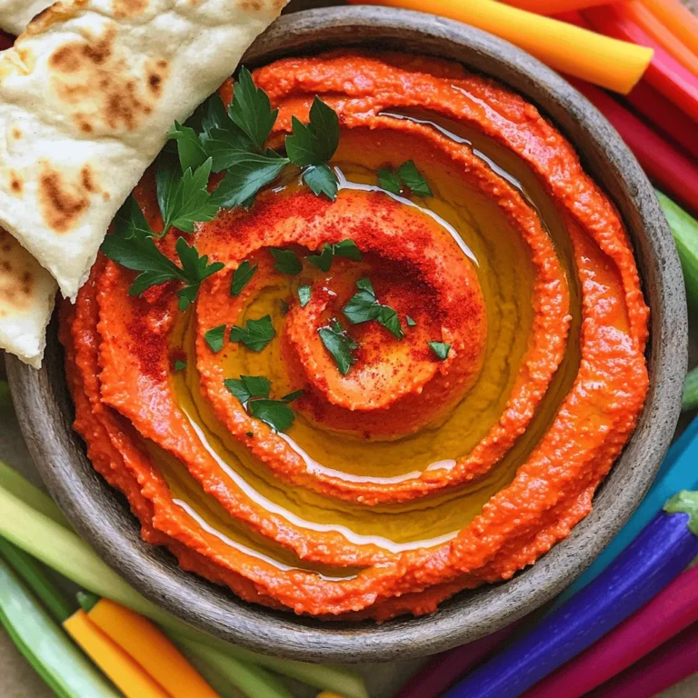 For a great roasted red pepper hummus, you need: - 1 cup canned chickpeas, drained and rinsed - 1 large roasted red pepper, peeled and chopped - 2 tablespoons tahini - 2 tablespoons olive oil - 2 cloves garlic, minced - 2 tablespoons lemon juice - 1/2 teaspoon ground cumin - Salt and pepper to taste - Water as needed for desired consistency These ingredients come together to create a smooth and tasty dip. The chickpeas give it a creamy base. The roasted red pepper adds a sweet, smoky flavor. Tahini and olive oil add richness. Garlic and lemon juice brighten the taste. Cumin gives it a warm, earthy note. You can make your hummus even better with a few garnishes: - Paprika - Fresh parsley These add color and a little extra flavor. A drizzle of olive oil on top also looks nice. If you don’t have something on hand, here are some swaps: - Use fresh roasted red peppers if you can’t find canned. - Swap tahini for sunflower seed butter for a nut-free option. - Use lime juice instead of lemon juice for a different taste. - If you want a spicier kick, add a pinch of cayenne pepper. These substitutions can help you customize the hummus to fit your taste or what you have. Experiment and have fun with it! To make great hummus, start with the roasted red pepper. You can roast one at home or use jarred ones. If roasting, preheat your oven to 400°F (200°C). Place the whole red pepper on a baking sheet. Roast it for 25 to 30 minutes. Turn it every so often to get an even char. The skin should blister and darken. After roasting, put the pepper in a bowl and cover it with plastic wrap. Let it steam for about 10 minutes. This makes peeling easy. Once cooled, peel off the skin and chop the pepper. Now it's time to blend! Take a food processor and add the chickpeas, roasted red pepper, tahini, olive oil, minced garlic, lemon juice, and ground cumin. Blend these together until the mixture is smooth. If it feels too thick, add water gradually, one tablespoon at a time. Keep blending until you reach your desired creaminess. This step is key for a nice, silky texture. Taste your hummus and season it with salt and pepper. You can also adjust the lemon juice or garlic for more flavor. Transfer your hummus to a serving bowl. Drizzle some olive oil on top. For a pop of color, sprinkle paprika and chopped parsley as a garnish. Serve it with pita bread, veggie sticks, or crackers. Arrange these around the bowl for a lovely presentation. Don't forget to add an extra drizzle of olive oil for a finishing touch! Enjoy your fresh and flavorful dip. To make your hummus super creamy, blend it well. Use a food processor for the best result. If it feels thick, add water slowly. Mix well after each addition. This keeps the texture smooth and rich. Remember, the secret is to blend long enough to whip air into it. Want to jazz up your hummus? Consider adding spices like smoked paprika or cayenne pepper. These add a kick! You can also mix in some fresh herbs. Basil or cilantro can give a fresh twist. For a tangy touch, try more lemon juice or zest. Each addition makes it unique. Store leftover hummus in an airtight container. It stays fresh in the fridge for about a week. If it thickens, just stir in a bit of water or olive oil before serving. You can also freeze hummus. Just put it in a freezer-safe container. It lasts for up to three months. When ready to eat, thaw it overnight in the fridge. {{image_2}} To make your hummus spicy, add a pinch of cayenne pepper or red pepper flakes. Start with a small amount; you can always add more. Blend it in with the other ingredients. This gives a nice heat without overpowering the dish. Serve it with cool veggies to balance the spice. For a smoky taste, use smoked paprika instead of regular paprika. Just one teaspoon will add depth and warmth. Mix it in while blending the hummus. You can garnish with a sprinkle of smoked paprika on top. This twist is great for those who love a rich flavor. This hummus is already vegan, but you can enhance it further. Try adding avocado for creaminess. You can also mix in fresh herbs like cilantro or basil for extra flavor. Serve with whole grain pita or veggie sticks. This makes for a healthy and tasty snack! Roasted red pepper hummus packs a healthy punch. It combines protein, fiber, and vitamins. Each serving offers chickpeas, a great source of plant protein. They help in muscle repair and growth. Roasted red peppers bring vitamin C, boosting your immune system. Tahini, made from sesame seeds, adds healthy fats and calcium. Olive oil contributes more healthy fats, which support heart health. Garlic has anti-inflammatory properties, enhancing overall health. This dip is not just tasty; it supports a balanced diet. A typical serving is about 2 tablespoons. This size is perfect for dipping or spreading. Each serving contains around 70-100 calories. This depends on how much olive oil you use. If you pair it with veggies or pita, the calories may rise. But, this dip remains a light choice. It can fit well into a snack or meal without guilt. Homemade hummus is fresher and healthier. You control the ingredients when you make it. Store-bought hummus often has preservatives and more salt. Homemade hummus tastes better since you can adjust flavors. You can also add more roasted peppers or spices. Making hummus at home is simple and fun. It takes just 10 minutes, plus roasting time for the pepper. You’ll feel proud serving a dip made by you. Homemade hummus stays fresh for about five to seven days. Store it in an airtight container in your fridge. Always check for signs of spoilage before eating. If it looks or smells off, throw it away. Yes, you can freeze roasted red pepper hummus! Place it in a freezer-safe container. Make sure to leave some space at the top for expansion. It can last up to three months in the freezer. When ready to eat, thaw it in the fridge overnight. Stir well before serving. Roasted red pepper hummus pairs well with many foods. Here are some great options: - Pita bread - Vegetable sticks like carrots or celery - Crackers - Toasted baguette slices - Chips You can also use it as a spread in wraps or sandwiches for added flavor. This article covered how to make roasted red pepper hummus with key ingredients and steps. You learned about optional garnishes, ingredient substitutions, and tips for the best texture. We explored tasty variations and the nutritional benefits, plus answers to common questions. As you try this recipe, remember the fun of making hummus at home. Enjoy experimenting with flavors and sharing it with friends!