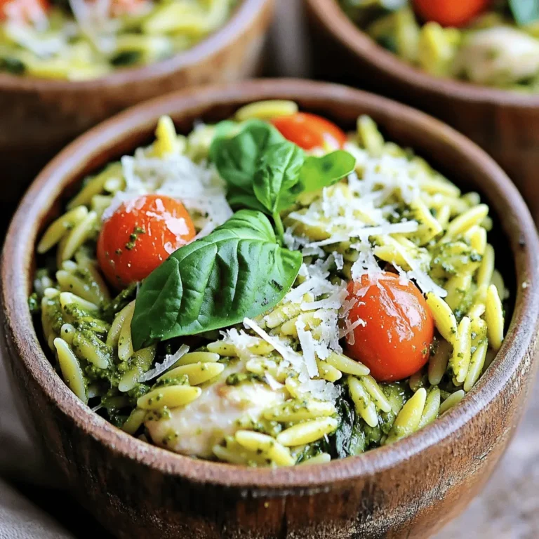 To make One-Pot Creamy Pesto Chicken Orzo, you need simple, fresh ingredients. Here’s what you will need: - 1 tablespoon olive oil - 1 pound boneless, skinless chicken thighs, cut into bite-sized pieces - Salt and pepper to taste - 3 cloves garlic, minced - 1 cup orzo pasta - 4 cups chicken broth - 1 cup heavy cream - 1 cup basil pesto (store-bought or homemade) - 1 cup cherry tomatoes, halved - 1 cup fresh spinach - ½ cup grated Parmesan cheese - Fresh basil leaves for garnish These ingredients come together to create a creamy, savory dish. Each one plays a key role. The chicken provides protein. The orzo gives a nice texture. Pesto adds rich flavor. Fresh spinach and tomatoes add color and nutrients. When choosing your ingredients, consider freshness. Fresh basil and spinach make a big difference. You can use homemade pesto for a personal touch. If you prefer, store-bought works well, too. Now, you’re ready to start cooking! With these ingredients, you can make a meal that impresses everyone. First, heat one tablespoon of olive oil in a large pot over medium heat. Once the oil is hot, season one pound of boneless, skinless chicken thighs with salt and pepper. Add these chicken pieces to the pot. Cook the chicken for about 5 to 7 minutes. Stir occasionally until the chicken is browned and cooked through. After that, remove the chicken and set it aside. In the same pot, add three cloves of minced garlic. Cook the garlic for about 30 seconds until it smells great. Then, stir in one cup of orzo pasta and pour in four cups of chicken broth. Bring this mixture to a boil. After boiling, reduce the heat to a simmer. Cover the pot and cook for 10 to 12 minutes. Stir it now and then until the orzo is tender and has absorbed most of the broth. Once the orzo is cooked, lower the heat. Stir in one cup of heavy cream and one cup of basil pesto. Mix until well combined. Next, add the cooked chicken back into the pot. Toss in one cup of halved cherry tomatoes and one cup of fresh spinach. Stir gently and let it cook for an extra 2 to 3 minutes. This helps the spinach wilt and everything heat up. Finally, add half a cup of grated Parmesan cheese. Stir until the cheese melts and makes the dish creamy. Adjust the seasoning if needed. Remove from heat and let it sit for a few minutes before serving. To cook chicken evenly, cut it into small, bite-sized pieces. This helps it cook fast and brown nicely. Always check the chicken's center to make sure it is no longer pink. For orzo, avoid mushy pasta by stirring it often while it cooks. A gentle stir helps keep the orzo from clumping together. You can try different pesto options to change the taste. If you want a milder flavor, use a spinach or sun-dried tomato pesto. For a kick, look for a spicy pesto. Adjust seasoning to your taste by adding more salt or pepper as you cook. Tasting as you go helps you find the perfect balance. Serve this dish in large, generous bowls. A big bowl makes it feel special. Garnish with fresh basil leaves for a pop of color. You can also sprinkle extra Parmesan cheese on top for a creamy finish. These small touches make your meal look fancy and inviting. {{image_2}} You can easily change the chicken in this recipe. Try using chicken breasts instead of thighs. They will cook the same way. You can also use rotisserie chicken to save time. If you want a vegetarian dish, swap chicken for mushrooms or chickpeas. Both add great flavor and texture. Want to spice things up? Add red pepper flakes or Italian seasoning. Fresh herbs like thyme or oregano can also boost the taste. You can mix in other veggies too. Bell peppers, zucchini, or peas work well. They add color and nutrients to your meal. If you need gluten-free options, use gluten-free orzo. There are many brands available now. For a dairy-free meal, swap heavy cream for coconut milk. Nutritional yeast can replace Parmesan cheese. This keeps the creamy texture without dairy. These simple changes let everyone enjoy your dish. - To store leftovers, let the dish cool down first. - Place the orzo chicken in an airtight container. - It can stay fresh in the fridge for up to 3 days. - When reheating, warm it slowly on the stove. - Add a splash of chicken broth to keep it creamy. - To freeze the dish, let it cool completely. - Transfer it to a freezer-safe container. - Seal it tightly to prevent freezer burn. - It can last for up to 3 months in the freezer. - To thaw, place it in the fridge overnight. - Reheat it on the stove, adding broth to restore creaminess. How can I make it spicier? You can add red pepper flakes for heat. Start with a pinch and adjust to taste. Fresh jalapeños also work well. Just chop them finely and toss them in when cooking the chicken. If you want more flavor, try spicy pesto or a dash of hot sauce. Can I use whole wheat orzo? Yes, whole wheat orzo is a great choice. It adds fiber and nutty flavor. The cooking time may be slightly longer, so check the package instructions. Remember, it will still blend well with the creamy sauce. What can I serve with One-Pot Creamy Pesto Chicken Orzo? This dish is filling on its own, but you can add a side salad for freshness. A simple green salad with vinaigrette pairs nicely. You could also serve garlic bread to soak up the sauce. Enjoy a light dessert after for balance, like sorbet or fruit. This blog post detailed a simple and tasty recipe for One-Pot Creamy Pesto Chicken Orzo. You learned about essential ingredients, like chicken, orzo, and pesto. Following my step-by-step instructions helps ensure a delicious meal. I shared tips for cooking, customizing flavors, and enhancing presentation. You can also swap ingredients and adjust for dietary needs. Finally, I highlighted storage options to keep leftovers fresh. Now, you can enjoy a satisfying dish any time!