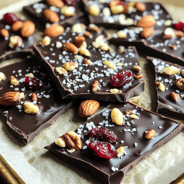 - 8 ounces dark chocolate (70% cocoa or higher), chopped - 1/2 cup mixed nuts (almonds, walnuts, and hazelnuts), roughly chopped - 1/4 cup dried cranberries or cherries - 1/4 cup shredded coconut (optional) - 1 teaspoon sea salt - 1 tablespoon coconut oil (optional, for a smoother melt) When picking dark chocolate, aim for a bar that has at least 70% cocoa. This gives you a rich flavor. Look for bars with few ingredients. The best options contain cocoa mass, cocoa butter, and sugar. Avoid chocolate with added fillers or artificial flavors. A smooth texture and a nice shine show quality. You can customize your bark with different nuts and fruits. Try using pistachios or pecans for a unique twist. Dried apricots or blueberries can add a sweet touch. You can also experiment with seeds like pumpkin or sunflower. Mix and match to find your favorite combination! First, gather your dark chocolate. I like using chocolate with 70% cocoa or higher. Chop it into small pieces for even melting. Place the chopped chocolate in a microwave-safe bowl. If you want a smoother texture, add a tablespoon of coconut oil. Heat the bowl in the microwave. Do it in 30-second bursts. Stir the chocolate after each interval. Keep going until it is fully melted and smooth. Be careful not to overheat the chocolate. While the chocolate melts, prepare your toppings. Grab your mixed nuts and chop them roughly. You can use almonds, walnuts, or hazelnuts. If you want a toasty flavor, lightly toast the nuts in a dry skillet. Chop your dried cranberries or cherries too. If you like coconut, shred some and set it aside. Once the chocolate is melted, mix in the chopped nuts and dried fruit. Stir well until everything is coated in chocolate. Now, it is time to spread the chocolate. Line a baking sheet with parchment paper. Pour the chocolate mixture onto the sheet. Use a spatula to spread it into an even layer, about 1/4 inch thick. After that, sprinkle sea salt over the top. You can adjust the salt to fit your taste. Now, place the baking sheet in the refrigerator. Let it chill for about 1-2 hours until it hardens. Once set, remove the bark from the parchment. Break it into irregular pieces for a rustic look. Enjoy your treat! To melt chocolate well, start with a microwave-safe bowl. Chop the dark chocolate into small pieces. This helps it melt evenly. If you want a smoother texture, add coconut oil. Heat the mixture in 30-second bursts. Stir after each burst until it is fully melted. Be careful not to overheat. Overheating can cause the chocolate to seize and become grainy. After melting, pour the chocolate onto a lined baking sheet. Use a spatula to spread the chocolate into a flat layer. Aim for about 1/4 inch thick. To get an even spread, work quickly. If the chocolate starts to cool, it may become harder to spread. You can also lift and tilt the baking sheet slightly to help. Feel free to get creative with your bark! You can mix in different nuts or dried fruits. Almonds and walnuts work well, but try pistachios or cashews too. Adding spices like cinnamon or cayenne can give a unique twist. Want a sweeter taste? Drizzle melted white chocolate on top after spreading the dark chocolate. Experiment with flavors to make it your own! {{image_2}} You can swap out the sugar in dark chocolate bark. Try using maple syrup or agave nectar. These sweeteners add a new flavor and keep the bark sweet. You can also add honey for a touch of natural sweetness. If you want a fun twist, try adding a little espresso powder. It enhances the chocolate taste. To make this bark vegan, choose dark chocolate that has no milk. Look for labels that say "dairy-free." You can use coconut oil for a smoother texture. This option keeps your treat rich without using dairy. Substitute nuts with seeds if you prefer. Pumpkin seeds or sunflower seeds work well too. You can change the flavors of your bark with the seasons. In fall, add pumpkin spice or candy corn for a festive touch. For winter, consider crushed peppermint candies or gingerbread spices. In spring, try fresh fruit bits like strawberries or dried mango. In summer, add zesty lime zest or citrus flavors for a refreshing twist. To keep your dark chocolate sea salt bark fresh, store it in an airtight container. Place a piece of parchment paper between layers if you stack them. This prevents the bark from sticking together. Keep the container in a cool, dry place away from heat and sunlight. Avoid storing it in the fridge, as this can cause moisture to form. When stored properly, dark chocolate sea salt bark lasts about two weeks at room temperature. If you want to keep it longer, freezing is a great option. Wrap the bark tightly in plastic wrap, then place it in a freezer-safe bag. It can stay fresh for up to three months in the freezer. To enjoy later, let it thaw at room temperature before eating. For gifts, consider using decorative tins or jars. Layer pieces of bark with parchment paper for a pretty presentation. You can also tie a ribbon around the jar or tin for a special touch. This makes a lovely gift for friends or family. Adding a personal note with serving suggestions can make it even more thoughtful. The best chocolate for bark is dark chocolate with 70% cocoa or higher. This gives the bark a rich flavor and nice texture. Look for brands with few ingredients for quality. Avoid chocolates with added oils or fillers. The higher cocoa content means less sugar, which balances well with the sea salt. Yes, you can add many toppings to your dark chocolate bark. Try using mixed nuts like almonds, walnuts, or hazelnuts for crunch. Dried fruits like cranberries or cherries add a sweet touch. Shredded coconut can give a nice chew too. Get creative! You can even try spices or seeds for extra flavor. Dark chocolate sea salt bark can last up to two weeks if stored properly. Keep it in an airtight container in a cool, dry place. If you want to store it longer, you can freeze it. Just wrap it well to avoid freezer burn. When ready to eat, let it thaw at room temperature. You learned how to make dark chocolate sea salt bark step by step. We covered the best ingredients and tips for choosing quality chocolate. You now know how to mix in nuts or fruits and even customize flavors. Proper storage and shelf life are also key to enjoying your bark later. As you experiment with variations, remember that the fun comes from making it your own. Enjoy sharing your tasty treats with friends and family!