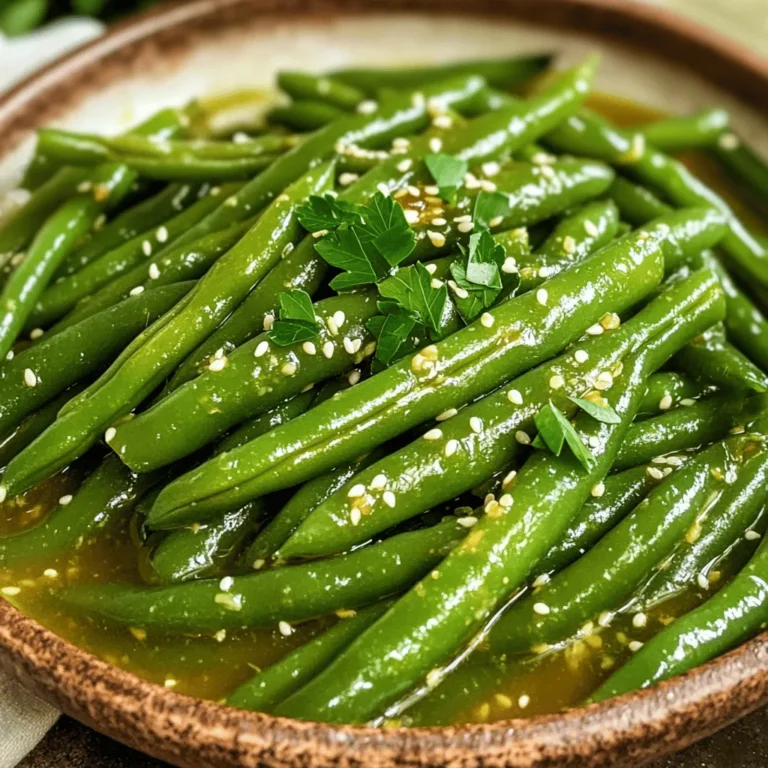 To make honey garlic butter green beans, you need a few simple items. Here’s the list of ingredients: - 1 pound fresh green beans, trimmed - 3 tablespoons unsalted butter - 2 tablespoons honey - 4 cloves garlic, minced - Salt and pepper to taste - 1 tablespoon lemon juice - 1 tablespoon sesame seeds (optional) - Fresh parsley for garnish Each ingredient plays a key role in creating the dish's flavor. Fresh green beans give a crisp bite, while unsalted butter adds richness. Honey brings sweetness, and garlic provides depth. Salt and pepper enhance all the flavors. A splash of lemon juice brightens the dish, making it lively. Sesame seeds offer a delightful crunch, but they are optional. Fresh parsley adds a pop of color and freshness at the end. Using quality ingredients makes a big difference. Choose bright green beans, as they taste better. Use real honey for the best flavor. This simple list allows anyone to create a dish that is both tasty and beautiful. 1. Start by boiling a large pot of salted water. 2. Add 1 pound of trimmed green beans to the pot. 3. Blanch the green beans for about 3-4 minutes. They should look bright green and be tender-crisp. 4. Drain the beans in a colander. 5. Transfer them to a bowl filled with ice water. This stops the cooking. 6. Leave the beans in the ice water for about 2 minutes, then drain and set aside. 1. In a large skillet, melt 3 tablespoons of unsalted butter over medium heat. 2. Once the butter is melted, add 4 cloves of minced garlic. 3. Sauté the garlic for 1-2 minutes. You want it fragrant, not browned. 4. Stir in 2 tablespoons of honey. 5. Let the mixture bubble gently for about one minute. 1. Add the blanched green beans to the skillet. 2. Toss them in the honey garlic butter mixture. 3. Cook for 3-4 minutes, stirring often for even coating. 4. Season with salt and pepper to taste. 5. Drizzle 1 tablespoon of lemon juice over the beans. 6. Toss well to mix all the flavors. 7. If you want, sprinkle 1 tablespoon of sesame seeds on top. 8. Remove from heat and garnish with fresh parsley before serving. To get the best green beans, timing is key. Blanch your beans for just 3-4 minutes. This keeps them bright green and slightly crisp. If you cook them too long, they can become mushy. After blanching, quickly move the beans to an ice water bath. This stops the cooking and locks in that vibrant color. Leave them in the ice water for about 2 minutes. Then, drain them well before using. You can add even more flavor with spices and herbs. Consider sprinkling in some red pepper flakes for a little heat. Chopped fresh thyme or basil can also add a nice touch. If you want more sweetness, adjust the honey to your taste. Try adding an extra teaspoon, but taste as you go. Finding the right balance is fun and easy. Make your dish look as good as it tastes. Garnishing with fresh parsley adds color and freshness. You can also sprinkle sesame seeds on top for a nice crunch. For a splash of color, try adding sliced cherry tomatoes or lemon wedges on the side. A simple, beautiful plate makes your meal feel special and inviting. {{image_2}} You can change the honey in this recipe. Maple syrup or agave nectar works well. Both options add sweetness without losing flavor. You can also try different beans. Snap peas or asparagus can be great swaps. Each vegetable will give a unique taste to the dish. If you're up for a twist, try oven-roasting these beans. Toss them with honey garlic butter and spread on a baking sheet. Bake at 425°F for about 15-20 minutes. This method gives a nice crispy texture. You can also grill honey garlic green beans. Just toss them in a grill basket and cook for 5-7 minutes. The smoky flavor adds a nice touch. Honey garlic butter green beans pair well with meats like chicken or steak. They also go great with grains like rice or quinoa. For special occasions, serve them as part of a holiday spread. Their bright color and rich flavor will impress your guests. To keep your honey garlic butter green beans fresh, store them in an airtight container. This method helps keep the flavors locked in. Make sure to let them cool to room temperature before sealing. In the fridge, these beans will last for about 3 to 4 days. After this time, they may lose their bright color and taste. When you're ready to eat leftovers, I suggest reheating them on the stove. This method helps maintain flavor and texture. You can add a splash of water or a bit more butter to keep them moist. Heat over low to medium heat, stirring gently until warm. You can also microwave them, but be careful not to overheat. If you want to freeze your green beans, make sure they are completely cool. Place them in a freezer-safe bag, removing as much air as possible. They can last up to 3 months in the freezer. When you are ready to use them, thaw in the fridge overnight. You can then sauté them straight from frozen or add them to soups and stews. Blanching green beans is simple. Follow these steps for great results: - Bring a large pot of salted water to a boil. - Add the trimmed green beans to the boiling water. - Cook them for 3-4 minutes until they are bright green and tender-crisp. - Drain the beans in a colander. - Transfer them to a bowl of ice water for 2 minutes. - This stops the cooking and keeps the beans crisp. Yes, you can! Here are some easy swaps: - Replace unsalted butter with vegan butter or olive oil. - Use agave syrup or maple syrup instead of honey. These changes keep the flavor and make it vegan-friendly. This dish is not spicy. It has a sweet and savory taste. If you want some heat, add red pepper flakes or a dash of hot sauce. Start with a little, and adjust to your liking. These green beans pair well with many dishes. Here are some ideas: - Serve them with grilled chicken or fish for protein. - Pair them with rice or quinoa as a base. - Add a fresh salad for a light and healthy meal. These sides enhance the flavors and create a balanced plate. In this post, we explored making honey garlic butter green beans. We covered ingredients, cooking steps, tips for perfect texture, and ways to serve. You can also customize this dish with your favorite flavors or cooking methods. As you prepare this simple yet tasty recipe, remember to enjoy the process. Whether for a weeknight dinner or a special occasion, these green beans will impress. Happy cooking!