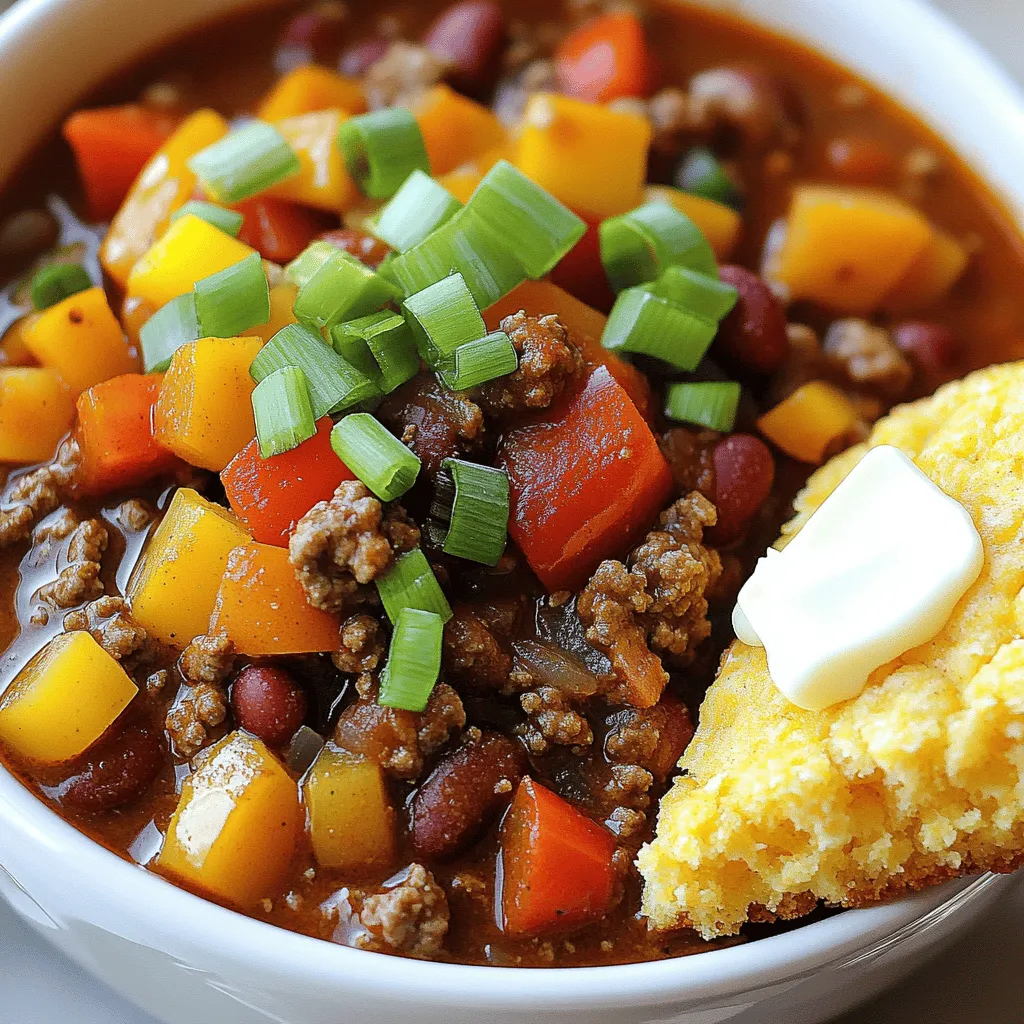 - 1 lb ground beef - 1 medium onion, diced - 3 cloves garlic, minced - 2 bell peppers (one red, one green), diced - 1 can (14 oz) diced tomatoes (with juice) - 1 can (15 oz) kidney beans, rinsed and drained - 1 can (15 oz) black beans, rinsed and drained - 1 cup beef broth - 3 tablespoons chili powder - 1 teaspoon cumin - 1 teaspoon smoked paprika - Salt and pepper to taste - 1 cup frozen sweet corn I love using ground beef for chili. It gives a rich, hearty flavor. The diced onions and minced garlic add depth and aroma. Bell peppers bring a nice crunch and sweetness. I always include diced tomatoes for a juicy texture. The beans are key for protein and fiber. I use both kidney and black beans for variety. Beef broth adds a savory base that pulls it all together. Spices really make the dish shine. I use chili powder for heat and flavor. Cumin adds warmth, while smoked paprika gives a subtle, smoky touch. Salt and pepper balance all the flavors. Finally, I add sweet corn for a pop of sweetness and color. - 1 cup all-purpose flour - 1 cup cornmeal - 1/4 cup sugar - 1 tablespoon baking powder - 1/2 teaspoon salt - 1 cup milk - 1/3 cup vegetable oil - 1 large egg - 1 cup fresh or canned corn kernels (drained) For the sweet cornbread, I mix all-purpose flour and cornmeal for a perfect texture. The sugar adds sweetness, making it a great match for chili. Baking powder helps it rise, while salt enhances flavor. Milk keeps it moist, and vegetable oil adds richness. The egg binds everything. I fold in corn kernels for extra sweetness and a lovely bite. - Sliced green onions - Fresh cilantro - Shredded cheese - Butter for cornbread When serving, I love to top the chili with sliced green onions. They add freshness and color. Fresh cilantro gives a bright taste that complements the dish. A sprinkle of shredded cheese adds creaminess. Don't forget a pat of butter on the warm cornbread. It melts beautifully and enhances the flavor. 1. Browning the beef and transferring to the slow cooker Start by heating a skillet over medium heat. Add 1 lb of ground beef. Cook until the beef turns brown. Once browned, drain any fat and move the beef to the slow cooker. 2. Adding and mixing in vegetables, beans, and seasoning Next, add the diced onion, minced garlic, and diced bell peppers to the slow cooker. Pour in the can of diced tomatoes, kidney beans, and black beans. Add 1 cup of beef broth. Sprinkle in 3 tablespoons of chili powder, 1 teaspoon of cumin, and 1 teaspoon of smoked paprika. Season with salt and pepper to taste. Mix everything well, then fold in 1 cup of frozen sweet corn. 3. Cooking times for slow cooking on low or high settings Cover the slow cooker. Cook on low for 6-8 hours or on high for 3-4 hours. Stir occasionally if you can. This helps the flavors blend well. 1. Mixing dry and wet ingredients separately In a large bowl, whisk together 1 cup of all-purpose flour, 1 cup of cornmeal, 1/4 cup of sugar, 1 tablespoon of baking powder, and 1/2 teaspoon of salt. In another bowl, mix 1 cup of milk, 1/3 cup of vegetable oil, and 1 large egg. 2. Combining and baking the cornbread batter Pour the wet mix into the dry mix. Stir until just combined. Gently fold in 1 cup of corn kernels. Preheat your oven to 400°F (200°C) and grease an 8x8-inch baking dish. Pour the batter into the dish. Bake for 20-25 minutes or until golden brown. A toothpick should come out clean when inserted in the center. Serve the chili hot in bowls. Top it with a slice of sweet cornbread on the side. For an extra touch, add garnishes like sliced green onions, cilantro, or shredded cheese. You can even add a pat of butter on the warm cornbread for a rich flavor. Enjoy your meal! To make your chili truly shine, consider these tips. First, spice levels matter. If you like heat, add more chili powder or a pinch of cayenne. For a milder chili, cut back on spices. Freshness adds depth, so toss in chopped cilantro or lime juice right before serving. Balance flavors by tasting as you go. If it's too salty, add a bit of sugar. If it lacks depth, a touch more cumin or smoked paprika can work wonders. For moist and fluffy cornbread, follow these steps. Use fresh corn kernels for better texture and flavor. Don't over-mix your batter; mix until just combined. This keeps the cornbread light. Make sure your baking powder is fresh. Old baking powder can lead to flat cornbread. Lastly, bake until golden brown. A toothpick should come out clean from the center. Let it cool a little before cutting to keep it from crumbling. Using your slow cooker effectively is key. First, don't overload it. Fill it about two-thirds full for best results. Stir occasionally if you can. This helps mix flavors and prevents sticking. Set your slow cooker on low for longer cooking. High heat works but can make food dry. Check the chili for doneness an hour early; every slow cooker is different. Enjoy the rich flavors that develop over time! {{image_2}} You can switch up the protein in this chili. Ground turkey or chicken works well. For a plant-based option, use lentils or black beans. These swaps keep the dish tasty and healthy. Adding more veggies is another great idea. Zucchini and carrots blend well. They add color and nutrition. You can sneak in extra fiber without changing the flavor much. Just chop them small, so they cook evenly. Cornbread can be fun to change, too. You can mix in cheese for a creamy bite. Sharp cheddar or pepper jack adds a nice kick. If you like heat, add jalapeños. They bring flavor and spice to the cornbread. You can also try different cornmeal types. Use fine cornmeal for a smooth texture. If you need gluten-free options, use almond flour or gluten-free cornmeal. This way, everyone can enjoy the cornbread. These variations let you make the dish your own. Feel free to experiment and find your favorite mix! To store leftover chili, first let it cool. You can do this by leaving it at room temperature for about 30 minutes. Once it’s cool, scoop it into an airtight container. Make sure to seal it tightly to keep out air. Store it in the fridge. Enjoy your chili within three to four days for the best taste. You can freeze both the chili and cornbread. For chili, place it in a freezer-safe container. Leave some space at the top, as it will expand when frozen. Seal it well. You can freeze the chili for up to three months. For cornbread, wrap it tightly in plastic wrap and then in foil. This helps prevent freezer burn. You can freeze cornbread for up to two months. When you’re ready to eat, thaw both in the fridge overnight. Reheat the chili in a pot on the stove or in the microwave. For cornbread, warm it in the oven at 350°F (175°C) for about 10-15 minutes. In the fridge, leftover chili lasts about three to four days. Make sure to check for any off smells before eating. If you stored it properly, chili should still taste great. The cornbread stays fresh for about two to three days. If you freeze it, the chili lasts about three months, and the cornbread lasts for two months. Always label your containers with the date so you know when to use them. Yes, you can make this chili ahead of time. The flavors blend well when it sits. Prepare the chili and store it in the fridge for up to three days. You can also freeze it for up to three months. Just make sure to cool it down before storing. You have many options! Try serving your beef chili with: - Rice - Tortilla chips - A fresh salad - Avocado slices - Sour cream or Greek yogurt These sides add more flavor and texture to your meal. To add spice, try these tips: - Add more chili powder - Mix in chopped jalapeños - Stir in hot sauce - Use diced green chilies Find your perfect heat level by adjusting these ingredients. Yes, you can use canned cornbread mix. Just follow the instructions on the package. Then, add corn kernels to boost flavor. This saves time and still gives you a tasty side for your chili. This blog post covered two delicious recipes: slow cooker beef chili and sweet cornbread. You learned about the key ingredients, simple steps, and tips for perfecting the dishes. We discussed storage methods and variations to fit your taste. Remember, using fresh ingredients and adjusting spices makes a big difference. Enjoy experimenting with these recipes to create your perfect meal. Cooking should be fun and rewarding!