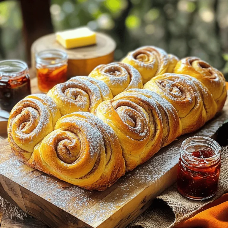 - 3 ½ cups all-purpose flour - ¼ cup granulated sugar - 1 teaspoon salt - 1 packet (2 ¼ teaspoons) active dry yeast - ½ cup whole milk, warmed (110°F) - 4 large eggs - ½ cup unsalted butter, softened - 1 tablespoon ground cinnamon - ½ cup brown sugar - ½ cup chopped walnuts or pecans (optional) - 1 additional egg for shiny finish The main ingredients are simple yet essential for great brioche. All-purpose flour gives the bread its structure. Granulated sugar adds sweetness. Active dry yeast helps the dough rise, creating a light texture. Whole milk makes the brioche rich and tender. Large eggs provide moisture and richness. Unsalted butter enhances flavor and allows the dough to be soft. The filling ingredients add that wonderful cinnamon flavor. Ground cinnamon brings warmth and spice. Brown sugar adds a nice depth of sweetness. Nuts are optional but add a lovely crunch. You can skip them if you prefer a smoother texture. Finally, the egg wash gives the brioche a beautiful shine. It makes your bread look more appealing when baked. To start, you need to combine milk and yeast. In a bowl, mix the warmed milk with the yeast. Let it sit for about five minutes. You want it to get frothy. In a large bowl, mix the dry items. Whisk together the flour, sugar, and salt. Now, combine the wet and dry ingredients. Make a well in the dry mix. Pour in the yeast mixture and add three eggs. Stir until the dough starts to come together. Next, knead the dough on a floured surface. Knead for about ten minutes until it feels smooth. Gradually add the softened butter while kneading. Once done, shape the dough into a ball. Place it in a greased bowl. Cover it with a towel and let it rise in a warm spot for one to one and a half hours. The dough should double in size. After the first rise, it’s time to prepare the cinnamon filling. In a small bowl, mix the brown sugar, cinnamon, and nuts if you like. Set this aside. Now, punch the dough down and move it to a floured surface. Roll it out into a rectangle about twelve by eighteen inches. Spread the cinnamon filling on top, leaving a one-inch edge all around. Roll the dough tightly from the long side to form a log. Next, cut the log in half lengthwise to show the layers. Twist the two pieces around each other. Then shape it into a coil or braid. Place it in a greased loaf pan. Cover it with a towel again and let it rise for another thirty to forty-five minutes, until it puffs up. While this happens, preheat your oven to 350°F (175°C). Beat the last egg and brush it over the dough for shine. Bake for thirty to thirty-five minutes. The top should be golden brown. A toothpick should come out clean when you check it in the center. After baking, let it cool in the pan for ten minutes before moving it to a wire rack. To get the best dough texture, knead until smooth. The dough should feel soft and elastic. If it sticks to your hands, add a bit more flour. Ingredient temperature matters too. Use warm milk at 110°F to help the yeast wake up. This warmth gets your dough rising well. To know when your bread is done, look for a golden brown top. The sides should pull away from the pan a bit. Use a toothpick to check for doneness. Insert it into the center. If it comes out clean, your brioche is ready. Slice your brioche and serve it warm. Add powdered sugar on top for a nice look. You can also pair it with fruit preserves or butter. For best flavor, store your brioche in an airtight container. Reheat slices in the oven for a few minutes to warm them up. Enjoy! {{image_2}} You can change the flavor of your brioche with a few fun twists. - Chocolate swirl brioche: Add chocolate chips or cocoa powder to the filling. You can mix in ½ cup of chocolate chips with the brown sugar and cinnamon. This gives a rich, sweet taste. - Fruit-infused brioche options: Try adding fruit like berries or apples. Chop them finely and mix them with the cinnamon and sugar. This adds a fresh, fruity flavor that pairs well with the soft bread. If you need to change the recipe for dietary needs, here are some easy swaps. - Gluten-free alternatives: Use a gluten-free flour blend instead of all-purpose flour. This helps keep the texture light and fluffy. Make sure your yeast is gluten-free, too. - Vegan substitutes for eggs and dairy: Replace eggs with flaxseed meal or applesauce. Use almond milk or oat milk instead of whole milk. Swap the unsalted butter for coconut oil or vegan butter. This way, everyone can enjoy a slice! To keep your cinnamon swirl brioche bread fresh, store it properly. - Room Temperature vs Refrigerated: If you plan to eat it within two days, keep it at room temperature. Store it in a bread box or a paper bag. This helps maintain the crust's crispiness. If you want it to last longer, refrigerate it. However, refrigeration can dry it out. - How to Wrap for Freshness: To keep the bread fresh at room temperature, wrap it in plastic wrap or aluminum foil. This will trap moisture and prevent it from getting stale. If you refrigerate it, make sure to wrap it tightly to avoid drying out. Freezing is a great option if you have leftovers. - Proper Freezing Techniques: First, let the brioche cool completely. Then, slice it if you like. Wrap each slice in plastic wrap, then place them in a freezer bag. Remove as much air as possible to prevent freezer burn. - Thawing Instructions for Best Results: When you’re ready to eat, take out the slices and let them thaw at room temperature. This usually takes about an hour. If you want it warm, pop the slices in the toaster or oven for a few minutes. This will bring back the fresh-baked taste. Making cinnamon swirl brioche bread takes about 3 hours in total. You will spend 30 minutes on prep and about 2.5 hours on rising and baking. The first rise takes 1 to 1.5 hours, and the second rise takes 30 to 45 minutes. Baking takes about 30 to 35 minutes. Timing is key, so watch the dough closely. Yes, you can use milk alternatives. Almond milk, soy milk, or oat milk work well. Just warm them to about 110°F before mixing with the yeast. This helps the yeast activate and rise properly. Choose unsweetened options to avoid altering the taste. If your dough doesn’t rise, check the yeast. Make sure it’s fresh and active. If your kitchen is cold, try a warm spot or preheat the oven slightly and turn it off. Let the dough rise in this warm environment. If all else fails, you may need to start over with new yeast. To check if your brioche is baked, look for a golden-brown crust. You can also tap the bottom of the loaf; it should sound hollow. Another method is to insert a toothpick; it should come out clean. If you want extra assurance, use an instant-read thermometer. The internal temperature should reach 190°F to 200°F. Making cinnamon swirl brioche bread is a fun and rewarding process. You start with basic ingredients like flour and yeast. Then, you mix, knead, and shape, creating delicious layers of flavor. Remember to keep an eye on your dough’s texture and rise times. If you want to mix it up, try chocolate or fruit variations. Store your bread right to keep it fresh. With these tips, you can make a perfect loaf every time. Enjoy baking and share your yummy results!