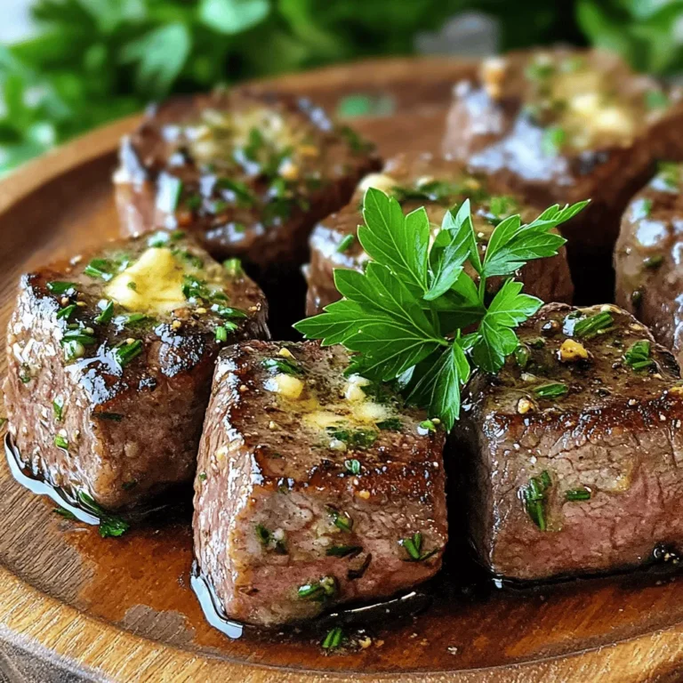 - 1 pound sirloin steak, cut into 1-inch cubes - 4 tablespoons unsalted butter - 4 cloves garlic, minced - 1 tablespoon fresh rosemary, finely chopped - 1 tablespoon fresh thyme, finely chopped - Salt and pepper to taste - 1 teaspoon olive oil - Fresh parsley, chopped (for garnish) The main ingredients for Garlic Herb Butter Steak Bites are simple yet delicious. Sirloin steak is a great choice because it is tender and flavorful. Cutting it into 1-inch cubes makes it easy to cook quickly. You'll need unsalted butter, which adds richness to the dish. The garlic should be minced finely to release its strong flavor. Fresh rosemary and thyme bring a lovely herbal note to the steak bites. For seasoning, salt and pepper are essential. They enhance the natural taste of the steak. A teaspoon of olive oil helps to prevent sticking and adds a little extra flavor. Finally, fresh parsley is perfect for garnishing your dish. It adds a bright color and fresh taste. This combination of ingredients leads to a rich and savory treat that is both easy to make and delicious. First, season the steak cubes with salt and pepper. This step is key for flavor. I like to use a bowl for this. After seasoning, let the cubes sit for about 15 minutes. This allows the flavors to soak in. Next, heat a large skillet on medium-high heat. Add the olive oil once the pan is hot. Carefully place the steak cubes in a single layer. It is important not to overcrowd the pan. Cook the steak cubes for about 3-4 minutes without moving them. This helps create a nice crust. After that, flip the cubes and cook for another 2-3 minutes. You want them to be medium-rare if you can. Now, it’s time to add the garlic herb butter. First, lower the heat to medium. Push the steak to one side of the skillet. Add the butter, minced garlic, rosemary, and thyme to the empty side. Stir these together until the butter melts and the smell is amazing. Use a spoon to drizzle the garlic herb butter over the steak bites. Toss them gently to coat the cubes evenly. Cook for one more minute to heat through. For steak bites, I recommend using sirloin. It’s tender and flavorful. Look for cuts with good marbling. Marbling means fat runs through the meat. This fat melts during cooking, adding moisture and taste. You can also try ribeye for a richer flavor. Avoid overcrowding the pan. If you add too many steak cubes, they won’t sear well. This leads to steaming instead of browning. Cook the steak in batches to get a nice crust. For perfect doneness, use a meat thermometer. Aim for 130°F for medium-rare. You can swap herbs to fit your taste. Try parsley or oregano instead of rosemary or thyme. For a zesty kick, add lemon zest to the butter mix. This change brightens the flavor and adds freshness. Adjust the butter by mixing in a bit of garlic powder for extra garlic taste. {{image_2}} You can switch up the proteins in this recipe. If you want a lighter option, try chicken. For a seafood twist, shrimp works great too. Each protein has its own cooking times. - Chicken: Cook for about 5-7 minutes until golden. - Shrimp: Only needs about 3-4 minutes until pink. These swaps keep the dish fun and tasty. Want to make it more exciting? Add chili flakes for heat. A touch of lemon zest can brighten the flavors too. You can mix different herbs like basil or oregano. This gives your dish a new vibe every time. Pair your steak bites with sides like roasted vegetables or fluffy rice. Both add color and balance to the meal. For a fun presentation, serve them on skewers. Or, try placing them on a bed of greens for a fresh look. Enjoy experimenting with these ideas! To store leftover steak bites, place them in an airtight container. Make sure they cool down first. Seal the container tightly to keep moisture in. These steak bites stay fresh in the fridge for about 3 to 4 days. If you want to enjoy them later, proper storage is key. To freeze cooked steak bites, allow them to cool completely. Then, place them in a freezer-safe bag or container. Remove as much air as possible before sealing. This helps prevent freezer burn. You can keep them frozen for up to 3 months. When you're ready to eat, thaw them overnight in the fridge for best results. For reheating, you can use the oven or a skillet. If using the oven, set it to 350°F (175°C). Place the steak bites on a baking sheet and cover with foil. Heat for about 10-15 minutes. If using a skillet, add a bit of butter over medium heat. This helps keep the bites moist and flavorful. Avoid high heat, as it can dry them out. Enjoy your tasty bites just like when they were fresh! To cook steak bites medium-rare, aim for a total of about 6-7 minutes. Start with 3-4 minutes on the first side to form a nice crust. Then flip them over and cook for 2-3 more minutes. Use a meat thermometer for best results; it should read 130-135°F. This way, your steak bites will be juicy and tender. Let them rest for a couple of minutes after cooking. This helps keep all those tasty juices inside. Yes, you can use frozen steak bites, but there are a few steps. First, thaw the steak in the fridge overnight for best results. If you're in a hurry, you can use the microwave's defrost function. Once thawed, cut the steak into cubes and follow the same steps in the recipe. Keep in mind that frozen steak may need a bit longer to cook. Check for doneness carefully, so you don’t overcook them. Garlic herb butter steak bites pair well with many sides. Here are some tasty ideas: - Mashed potatoes: Creamy and comforting. - Roasted vegetables: Carrots, broccoli, or asparagus add color and nutrition. - Rice: Flavored or plain, it absorbs all the buttery goodness. - Salad: A fresh green salad balances the rich steak bites. - Crusty bread: Perfect for soaking up the garlic herb butter. Feel free to mix and match these sides for a delicious meal! You learned how to make delicious garlic herb butter steak bites. We covered the main ingredients, preparation, and cooking methods. I shared helpful tips for choosing the right steak and avoiding common mistakes. You can also explore variations with different proteins and flavor boosts. Plus, I provided storage and reheating information for freshness. Enjoy crafting this dish, and don’t be afraid to experiment with flavors and sides! By following these steps, you will impress your friends and family with your cooking skills.