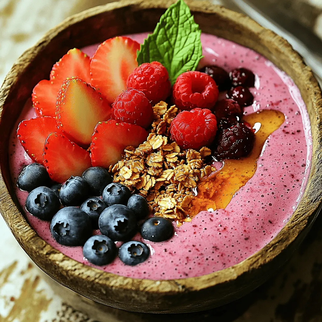 - 1 cup frozen strawberries - 1 cup frozen blueberries - 1 cup frozen raspberries - 1 banana, sliced - 1 cup almond milk (or any milk of choice) - 2 tablespoons chia seeds - 1 tablespoon honey or maple syrup (optional) - Fresh berries and granola for topping - Mint leaves for garnish (optional) - Health benefits of strawberries: Strawberries are rich in vitamin C. They help boost your immune system. Their antioxidants fight free radicals, keeping your body healthy. - Advantages of blueberries: Blueberries are low in calories and high in fiber. They improve heart health and brain function. Eating them can lower the risk of heart disease. - Nutritional value of raspberries: Raspberries are full of vitamins and minerals. They are high in fiber, which aids digestion. Their antioxidants also support your skin and overall well-being. Using these ingredients, you create a smoothie bowl that is both tasty and good for you. Blending the Ingredients First, gather your frozen strawberries, blueberries, raspberries, banana, almond milk, and chia seeds. Add these to your blender. If you like, include honey or maple syrup for extra sweetness. Blend on high speed until everything is smooth and creamy. Achieving the Right Consistency Sometimes, the mix can be too thick. If that happens, simply add a little more almond milk. Blend again until you reach the perfect creamy texture. The goal is to have a thick smoothie that you can scoop with a spoon. Serving the Smoothie Bowl Once blended, it's time to serve. Spoon the smoothie into a bowl. Now comes the fun part—topping it! Add fresh berries, granola, and mint leaves for a nice look. If you want, drizzle some honey or maple syrup on top for added sweetness. High-quality images or video links for each step I recommend checking out video tutorials online. They show blending techniques and presentation tips that can help you get it right. Common mistakes to avoid - Don’t overload the blender. This can lead to uneven blending. - Use frozen fruits for a thick texture. Fresh fruits can make it too thin. - Avoid adding too much sweetener. Taste as you go to find your perfect level. To create a great smoothie bowl, blend your ingredients just right. Start with the frozen fruits. I use strawberries, blueberries, and raspberries. They add a nice, sweet taste. Add the banana slices for more flavor. When blending, keep it on high speed. This makes the smoothie creamy. If it feels too thick, pour in a little more almond milk. This helps achieve the right texture. Choosing the right milk is key. I recommend almond milk for a nutty flavor. You can also use coconut milk for a tropical twist. If you prefer dairy, whole milk works well too. Pick a milk that fits your taste! Balancing sweetness is important for the best smoothie bowl. Start with the natural sweetness from fruits. You can add honey or maple syrup if you want more. Just a little will do. Taste as you go to find the right mix. For creaminess, chia seeds are a great addition. They thicken the mixture and add healthy fats. Blend them in with your fruits. This gives your smoothie bowl an extra smooth texture. You can also add a spoonful of yogurt for creaminess. This adds a tangy flavor too. Enjoy experimenting to find your favorite blend! {{image_2}} You can easily change up your triple berry smoothie bowl. Use seasonal fruits for a fresh twist. Try mango, peaches, or even kiwi. Each fruit adds its own flavor. For toppings, get creative! You can add nuts like almonds or walnuts. Seeds like pumpkin or sunflower work well too. They add crunch and nutrition. You can also sprinkle on some coconut flakes or granola for extra texture. If you want a dairy-free option, use almond milk or coconut milk. Both give a creamy texture. You can also try oat milk or soy milk. Each milk adds a unique taste. For vegan adaptations, skip the honey and use maple syrup. This keeps it sweet without dairy. You can also use agave syrup as a sweetener. These small changes make your smoothie bowl fit any diet. After making your smoothie bowl, you may have some left over. If so, store it in the fridge. Use an airtight container to keep it fresh. The smoothie will stay good for up to 24 hours. When ready to eat, just stir it well. If it seems too thick, add a splash of milk. For longer storage, consider freezing the leftover smoothie. Pour the smoothie into ice cube trays or freezer bags. This way, you can keep it for up to three months. To enjoy, just blend the frozen cubes with a bit of milk. You will have a quick and tasty treat! If you have extra smoothie base, don't waste it! You can use it in other recipes. Pour it over oatmeal for a fruity breakfast. Blend it with yogurt for a creamy dessert. You can even add it to pancake batter for a berry twist. The options are endless! Get creative and enjoy your leftovers in new ways. Can I use fresh berries instead of frozen? Yes, you can use fresh berries! Using fresh berries makes the smoothie bowl lighter. However, frozen berries add a nice chill and creaminess. If you use fresh berries, consider adding some ice to keep it cold. How can I make this smoothie bowl more filling? To make the smoothie bowl more filling, add more banana or some oats. You could also mix in a scoop of protein powder. These additions give you energy and keep you full longer. Is it possible to prep this smoothie bowl ahead of time? Yes, you can prep this smoothie bowl ahead! Blend the ingredients and store them in the fridge. Just remember to add toppings right before serving. This keeps them fresh and crunchy. What are the best toppings for a smoothie bowl? Great toppings include fresh berries, granola, nuts, and seeds. You can also add nut butter or coconut flakes. These toppings add flavor, texture, and nutrients. How to adjust the recipe for more servings? To serve more people, simply double or triple the recipe. Just make sure your blender can handle the larger amount. You can blend in batches if needed. You now know how to make a tasty triple berry smoothie bowl. We explored the best ingredients and their health benefits. I provided step-by-step instructions, tips for perfecting your bowl, and ideas for variations. Feel free to customize your recipe with seasonal fruits and toppings. Remember, leftovers can be stored easily and reused in other meals. A smoothie bowl can fit into many diets, from dairy-free to vegan. Enjoy creating your unique blend and share it with friends!