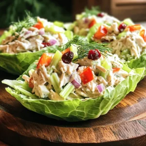 - 2 cups cooked chicken, shredded - 1 cup Greek yogurt (plain, full-fat or low-fat) - 1/2 cup diced celery - 1/2 cup diced red bell pepper - 1/4 cup red onion, finely chopped - 1/4 cup dried cranberries or raisins - 1 tablespoon Dijon mustard - 1 tablespoon honey - Juice of 1 lemon - Salt and pepper to taste - 8 large romaine lettuce leaves (or butter lettuce for softer cups) - Fresh dill or parsley for garnish (optional) You will need a mix of fresh and simple ingredients to make Greek yogurt chicken salad lettuce cups. Start with your cooked chicken, which should be shredded and ready to go. I prefer to use Greek yogurt because it adds a creamy texture without extra fat. You can choose full-fat or low-fat yogurt based on your taste. Next, chop some fresh vegetables. Diced celery gives a nice crunch, while red bell pepper adds sweetness. A bit of red onion brightens the flavor. For a touch of sweetness, include dried cranberries or raisins. They balance the savory elements perfectly. You will also want Dijon mustard, honey, and lemon juice for extra flavor. Season with salt and pepper to your liking. Finally, grab some romaine or butter lettuce leaves. These will hold your chicken salad. Fresh herbs like dill or parsley make a lovely garnish. They add color and a fresh taste that elevates the dish. First, I take a large bowl and add the shredded chicken. Next, I mix in the Greek yogurt. This makes the chicken nice and creamy. I then add the diced celery, red bell pepper, and red onion. The colors and crunch from the veggies make it fun. Lastly, I sprinkle in some dried cranberries for a sweet burst. I mix everything well until it’s all combined. In a small bowl, I whisk together Dijon mustard, honey, lemon juice, salt, and pepper. This dressing brings a zesty flavor to the salad. Once it’s smooth, I pour it over the chicken mixture. I stir it all together to coat the chicken and veggies evenly. I taste and add more salt or lemon if needed. I take a large romaine lettuce leaf and spoon a generous amount of the chicken salad in the center. It should be a good scoop! I then fold the sides of the lettuce over the salad to make a cup. This makes it easy to eat. I repeat this with all the lettuce leaves until I use all the chicken salad. To make your Greek yogurt chicken salad just right, taste as you go. Adjust the salt and pepper to fit your palate. If you want more zing, add extra lemon juice. Fresh herbs like dill or parsley can brighten the dish. They add a nice touch and flavor. Try mixing in a pinch of garlic powder or paprika for a new twist. Cooked chicken works best here. You can use leftover chicken or rotisserie chicken for speed. Shred the chicken before mixing it in. If you need a quick option, canned chicken works too. Just drain and rinse it well before use. This saves time without losing flavor. These lettuce cups pair well with fresh fruit or vegetable sticks. A light drink, like iced tea or lemonade, complements them nicely. For gatherings, arrange the cups on a big platter. Garnish with fresh herbs for a pop of color. Serve lemon wedges on the side to enhance the taste. {{image_2}} You can switch the protein in this recipe easily. Canned tuna is a great choice. It has a mild flavor and pairs well with Greek yogurt. Just drain the tuna and mix it in. Another option is chickpeas. They add a nice texture and are perfect for a meatless dish. Simply mash or chop them before adding. You can even substitute turkey for chicken. Cooked turkey gives a different but tasty twist. Want to change the taste? Adding spices can elevate your chicken salad. Try a pinch of curry or paprika for warmth. These spices bring a new depth to the dish. You can also add nuts or seeds for crunch. Sliced almonds or sunflower seeds work great here. They add a nice contrast to the creamy yogurt. If you need a dairy-free option, use coconut yogurt or a nut-based yogurt. Both can mimic the creaminess of Greek yogurt. For low-carb choices, swap the lettuce with other greens. Try collard greens or cabbage leaves for a fun twist. These options keep your meal light and fresh while still delicious. To keep your Greek yogurt chicken salad fresh, store it in an airtight container. This helps prevent any odors from mixing. Place it in the fridge within two hours of making it. This will keep your salad safe to eat. It stays good for up to three days. After that, the taste and texture may change. Always check for any off smells or changes before eating. For quick meals, compartmentalize your chicken salad. Keep the salad and lettuce separate until you're ready to eat. This keeps the lettuce crisp and fresh. You can also freeze the chicken salad for later. However, freezing may change the texture of the Greek yogurt. It’s best to eat it fresh for the best taste. Reheating chicken salad is not common, but you can serve it fresh. If you prefer it warm, gently warm shredded chicken before mixing it with the Greek yogurt. Avoid heating the entire salad, as the yogurt may separate. Always enjoy it with fresh lettuce cups for a crisp bite! Greek yogurt chicken salad lasts about 3 to 5 days in the fridge. Store it in an airtight container. After this time, the flavors and texture may change. Always check for signs of spoilage before eating. Yes, you can make this recipe ahead of time. It tastes even better after the flavors meld. Prepare the salad and store it in the fridge for up to 5 days. Just wait to assemble the lettuce cups until serving time. This keeps the lettuce fresh and crisp. If you run out of lettuce, don’t worry! You can serve the chicken salad in many ways. Try it on whole grain bread as a sandwich. You can also eat it with crackers for a crunchy snack. Another idea is to use it in a wrap with your favorite veggies. Yes, you can use other types of yogurt if you prefer. Greek yogurt is creamy and tangy, making it perfect for this dish. However, regular yogurt or dairy-free yogurt can work as well. Just keep in mind that the flavor and texture might change slightly. Yes, this chicken salad recipe is healthy! It uses Greek yogurt instead of mayo, which cuts down on fat and calories. It also includes fresh veggies, adding fiber and nutrients. This dish is a great option for a light meal or snack. For extra crunch, consider adding nuts or seeds. Chopped walnuts or sliced almonds work great. You can also add toasted sunflower seeds for a nut-free option. These add a nice texture and boost the flavor of your chicken salad. Absolutely! You can make this salad using canned tuna or chickpeas instead of chicken. This makes it a good choice for vegetarians or those looking for a lighter meal. Just follow the same steps and enjoy a different flavor profile. To spice it up, add a pinch of cayenne pepper or some hot sauce. You can also mix in curry powder for a unique twist. These small changes can make a big difference in taste. This recipe for Greek yogurt chicken salad is simple and fun. You learned about the main ingredients, how to mix them, and the tips to make it better. You can even change it up with different proteins or flavors. As you prepare your dish, remember that you can make it your own. Enjoying this meal with a side or at gatherings can make it special. Try this healthy twist next time you need a quick and tasty meal. You’ll love the freshness and flavor!