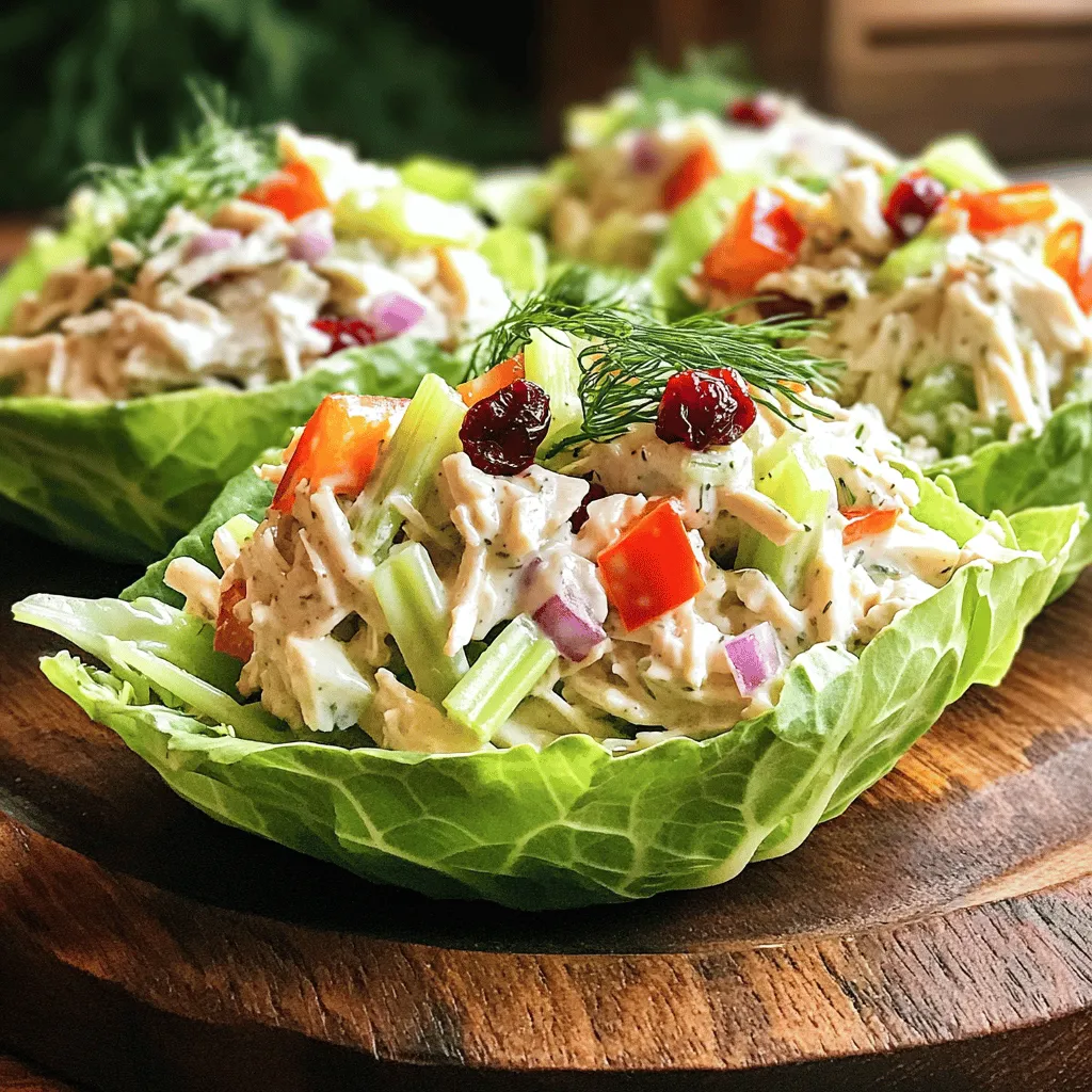 - 2 cups cooked chicken, shredded - 1 cup Greek yogurt (plain, full-fat or low-fat) - 1/2 cup diced celery - 1/2 cup diced red bell pepper - 1/4 cup red onion, finely chopped - 1/4 cup dried cranberries or raisins - 1 tablespoon Dijon mustard - 1 tablespoon honey - Juice of 1 lemon - Salt and pepper to taste - 8 large romaine lettuce leaves (or butter lettuce for softer cups) - Fresh dill or parsley for garnish (optional) You will need a mix of fresh and simple ingredients to make Greek yogurt chicken salad lettuce cups. Start with your cooked chicken, which should be shredded and ready to go. I prefer to use Greek yogurt because it adds a creamy texture without extra fat. You can choose full-fat or low-fat yogurt based on your taste. Next, chop some fresh vegetables. Diced celery gives a nice crunch, while red bell pepper adds sweetness. A bit of red onion brightens the flavor. For a touch of sweetness, include dried cranberries or raisins. They balance the savory elements perfectly. You will also want Dijon mustard, honey, and lemon juice for extra flavor. Season with salt and pepper to your liking. Finally, grab some romaine or butter lettuce leaves. These will hold your chicken salad. Fresh herbs like dill or parsley make a lovely garnish. They add color and a fresh taste that elevates the dish. First, I take a large bowl and add the shredded chicken. Next, I mix in the Greek yogurt. This makes the chicken nice and creamy. I then add the diced celery, red bell pepper, and red onion. The colors and crunch from the veggies make it fun. Lastly, I sprinkle in some dried cranberries for a sweet burst. I mix everything well until it’s all combined. In a small bowl, I whisk together Dijon mustard, honey, lemon juice, salt, and pepper. This dressing brings a zesty flavor to the salad. Once it’s smooth, I pour it over the chicken mixture. I stir it all together to coat the chicken and veggies evenly. I taste and add more salt or lemon if needed. I take a large romaine lettuce leaf and spoon a generous amount of the chicken salad in the center. It should be a good scoop! I then fold the sides of the lettuce over the salad to make a cup. This makes it easy to eat. I repeat this with all the lettuce leaves until I use all the chicken salad. To make your Greek yogurt chicken salad just right, taste as you go. Adjust the salt and pepper to fit your palate. If you want more zing, add extra lemon juice. Fresh herbs like dill or parsley can brighten the dish. They add a nice touch and flavor. Try mixing in a pinch of garlic powder or paprika for a new twist. Cooked chicken works best here. You can use leftover chicken or rotisserie chicken for speed. Shred the chicken before mixing it in. If you need a quick option, canned chicken works too. Just drain and rinse it well before use. This saves time without losing flavor. These lettuce cups pair well with fresh fruit or vegetable sticks. A light drink, like iced tea or lemonade, complements them nicely. For gatherings, arrange the cups on a big platter. Garnish with fresh herbs for a pop of color. Serve lemon wedges on the side to enhance the taste. {{image_2}} You can switch the protein in this recipe easily. Canned tuna is a great choice. It has a mild flavor and pairs well with Greek yogurt. Just drain the tuna and mix it in. Another option is chickpeas. They add a nice texture and are perfect for a meatless dish. Simply mash or chop them before adding. You can even substitute turkey for chicken. Cooked turkey gives a different but tasty twist. Want to change the taste? Adding spices can elevate your chicken salad. Try a pinch of curry or paprika for warmth. These spices bring a new depth to the dish. You can also add nuts or seeds for crunch. Sliced almonds or sunflower seeds work great here. They add a nice contrast to the creamy yogurt. If you need a dairy-free option, use coconut yogurt or a nut-based yogurt. Both can mimic the creaminess of Greek yogurt. For low-carb choices, swap the lettuce with other greens. Try collard greens or cabbage leaves for a fun twist. These options keep your meal light and fresh while still delicious. To keep your Greek yogurt chicken salad fresh, store it in an airtight container. This helps prevent any odors from mixing. Place it in the fridge within two hours of making it. This will keep your salad safe to eat. It stays good for up to three days. After that, the taste and texture may change. Always check for any off smells or changes before eating. For quick meals, compartmentalize your chicken salad. Keep the salad and lettuce separate until you're ready to eat. This keeps the lettuce crisp and fresh. You can also freeze the chicken salad for later. However, freezing may change the texture of the Greek yogurt. It’s best to eat it fresh for the best taste. Reheating chicken salad is not common, but you can serve it fresh. If you prefer it warm, gently warm shredded chicken before mixing it with the Greek yogurt. Avoid heating the entire salad, as the yogurt may separate. Always enjoy it with fresh lettuce cups for a crisp bite! Greek yogurt chicken salad lasts about 3 to 5 days in the fridge. Store it in an airtight container. After this time, the flavors and texture may change. Always check for signs of spoilage before eating. Yes, you can make this recipe ahead of time. It tastes even better after the flavors meld. Prepare the salad and store it in the fridge for up to 5 days. Just wait to assemble the lettuce cups until serving time. This keeps the lettuce fresh and crisp. If you run out of lettuce, don’t worry! You can serve the chicken salad in many ways. Try it on whole grain bread as a sandwich. You can also eat it with crackers for a crunchy snack. Another idea is to use it in a wrap with your favorite veggies. Yes, you can use other types of yogurt if you prefer. Greek yogurt is creamy and tangy, making it perfect for this dish. However, regular yogurt or dairy-free yogurt can work as well. Just keep in mind that the flavor and texture might change slightly. Yes, this chicken salad recipe is healthy! It uses Greek yogurt instead of mayo, which cuts down on fat and calories. It also includes fresh veggies, adding fiber and nutrients. This dish is a great option for a light meal or snack. For extra crunch, consider adding nuts or seeds. Chopped walnuts or sliced almonds work great. You can also add toasted sunflower seeds for a nut-free option. These add a nice texture and boost the flavor of your chicken salad. Absolutely! You can make this salad using canned tuna or chickpeas instead of chicken. This makes it a good choice for vegetarians or those looking for a lighter meal. Just follow the same steps and enjoy a different flavor profile. To spice it up, add a pinch of cayenne pepper or some hot sauce. You can also mix in curry powder for a unique twist. These small changes can make a big difference in taste. This recipe for Greek yogurt chicken salad is simple and fun. You learned about the main ingredients, how to mix them, and the tips to make it better. You can even change it up with different proteins or flavors. As you prepare your dish, remember that you can make it your own. Enjoying this meal with a side or at gatherings can make it special. Try this healthy twist next time you need a quick and tasty meal. You’ll love the freshness and flavor!