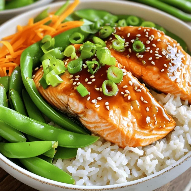 - 2 salmon fillets (about 4-6 oz each) - 1 cup cooked jasmine or sushi rice - 1/4 cup teriyaki sauce (store-bought or homemade) - 1/2 cup snap peas - 1/2 cup shredded carrots - 2 green onions, sliced - 1 tablespoon sesame oil - 1 teaspoon sesame seeds for garnish - Salt and pepper to taste To make the Minute Teriyaki Salmon Rice Bowls, gather the main ingredients first. Salmon fillets are the star of the dish. They should be fresh and firm. You can use jasmine or sushi rice, which gives a great base. Teriyaki sauce adds a sweet and savory taste. You can buy it or make your own if you prefer. Don't forget your veggies! Snap peas and shredded carrots add crunch and color. They also make the meal more balanced. Green onions bring a nice flavor boost when sliced on top. For seasoning, sesame oil adds a rich taste. Use it to cook the salmon. It gives a nice nutty flavor. Sesame seeds are great for garnish. They add a bit of crunch. Finally, salt and pepper will enhance the overall taste. With these simple ingredients, you can create a delicious meal that is both healthy and satisfying! To start, you need to cook the jasmine or sushi rice. Follow the package instructions for the best results. This rice will serve as a tasty base for your bowl. Once cooked, set the rice aside. Keep it warm so it stays fluffy and ready for your dish. Next, take your salmon fillets and place them in a bowl. Drizzle half of the teriyaki sauce over the fillets. Make sure to coat them well. Let the salmon marinate for about 10 minutes. If you have more time, you can let it sit longer for extra flavor. Now, heat a non-stick skillet over medium heat. Add 1 tablespoon of sesame oil to the skillet. Once the oil is hot, place the marinated salmon fillets in skin-side down. Cook them for about 3-4 minutes. After that, flip the fillets and pour the remaining teriyaki sauce over them. Cook for another 3-4 minutes until the salmon flakes easily with a fork. In the same skillet, add the snap peas and shredded carrots. Sauté these veggies for about 2-3 minutes. You want them to be tender but still crisp. Season with a pinch of salt and pepper to enhance their natural flavors. Time to put it all together! In serving bowls, place a scoop of the cooked rice at the bottom. Next, add the sautéed vegetables on top. Finally, place the cooked salmon fillets over everything. This creates a beautiful and colorful meal. To finish your teriyaki salmon rice bowls, sprinkle sliced green onions and sesame seeds on top. This adds a nice crunch and a pop of color. Enjoy your delicious creation! Cooking to Flake Test To know when salmon is ready, use the flake test. Gently press the fish with a fork. If it flakes easily, it is done. This test ensures your salmon stays moist and tender. Avoid overcooking, as it can dry out the fish. Marinade Variations While teriyaki sauce is great, you can mix it up. Try adding ginger or garlic for extra flavor. You might also use soy sauce or honey for a sweet touch. Experiment with different marinades to suit your taste. Using Minute Rice Minute rice cooks quickly and saves time. Just boil water, add rice, and let it sit. In about five minutes, your rice is ready. It is perfect for busy weeknights or meal prep. Skillet vs. Oven Cooking You can cook salmon in a skillet or the oven. A skillet gives a nice sear and cooks fast. If you prefer, bake it for a more hands-off approach. Just set the oven to 400°F and bake for 12-15 minutes. Additional Seasonings To boost flavor, consider adding a pinch of red pepper flakes. A squeeze of fresh lime juice can brighten the dish. You can also sprinkle some garlic powder on the vegetables for extra zing. Suggested Accompaniments Pair your salmon bowl with a side of steamed broccoli or edamame. They add color and nutrients. A sprinkle of fresh herbs, like cilantro or basil, can elevate the dish even more. Enjoy your flavorful meal! {{image_2}} You can switch out the salmon for tofu if you want a vegetarian option. Tofu soaks up flavors well. Use firm tofu and press it to remove extra water. Cut it into cubes, then marinate it just like salmon. Chicken or shrimp are great alternatives too. Use boneless chicken breasts or thighs. For shrimp, choose large, peeled shrimp. Cook them the same way as the salmon for juicy results. You can use seasonal vegetables for more color and taste. Try bell peppers, zucchini, or broccoli. These vegetables are easy to find and add crunch. Adding leafy greens can boost nutrition. Spinach or kale works well. Toss them in the skillet for a minute or two. They wilt quickly and blend nicely with the other flavors. If you prefer a homemade teriyaki sauce, it’s easy to make. Combine soy sauce, honey, garlic, and ginger in a bowl. This gives a fresh taste and helps control the sweetness. You can also try alternative sauces. Sweet chili sauce or soy sauce with a squeeze of lime offers a new twist. These options keep the dish exciting while still being delicious. To store leftovers, place the salmon and rice in separate airtight containers. This keeps the salmon moist and the rice fluffy. Try to eat leftovers within three days for the best taste. If you add the vegetables, store them separately too. They can lose their crunch if mixed with rice or salmon. To reheat salmon, use a microwave on low power for about 30 seconds. Check if it's warm and not overcooked. You want it tender, not dry. If you prefer the stove, heat a non-stick skillet on low, adding a splash of water. Cover the pan, steam gently for a few minutes, and check often. For long-term storage, you can freeze the salmon. Wrap each fillet tightly in plastic wrap and then in foil. This helps prevent freezer burn. You can also freeze the rice, but it's best to do this without the sauce or vegetables. Store in a freezer-safe bag, and try to use it within three months for the best flavor. I recommend marinating the salmon for at least 10 minutes. This time allows the teriyaki sauce to soak in and add flavor. For a stronger taste, you can marinate it longer, up to 30 minutes. Just keep an eye on it to avoid overpowering the salmon's natural flavor. Yes, you can use frozen salmon for this dish. It’s easy to cook right from frozen. Just make sure to thaw it first for best results. To do this, place the salmon in the refrigerator overnight or submerge it in cold water for quicker thawing. After thawing, pat it dry before marinating. You can add many vegetables to enhance your bowl. Some great options include: - Broccoli - Bell peppers - Zucchini - Spinach These veggies cook well and add color and crunch to your dish. Absolutely! Minute Rice is a great choice. It cooks quickly and is ready in just a few minutes. This makes it perfect for busy days. Using Minute Rice saves time and still gives you a tasty base for your salmon and veggies. This post covered how to make a delicious teriyaki salmon bowl. You learned about key ingredients like salmon, rice, and fresh veggies. We went through step-by-step instructions for cooking and assembling your dish. I shared helpful tips for getting the best flavor and texture, plus variations for personal twists. Now, it's time to try this recipe yourself. Enjoy cooking and share your results!