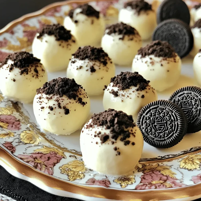 - 18 Oreo cookies, crushed - 4 oz cream cheese, softened - 1 cup whipped cream - 1/4 cup powdered sugar - 1/2 teaspoon vanilla extract - Extra crushed Oreos for topping To make No-Bake Oreo Cheesecake Bites, you need some simple yet tasty ingredients. First, grab 18 Oreo cookies. Crush them into small pieces. These cookies add a rich chocolatey flavor. Next, you need 4 ounces of cream cheese. Make sure it is softened. This gives the bites a creamy and smooth texture. Finally, get 1 cup of whipped cream. This makes the bites light and fluffy. In addition to these main ingredients, you will want some extra items. Use 1/4 cup of powdered sugar to sweeten the mixture. A little sweetness goes a long way. You also need 1/2 teaspoon of vanilla extract. This adds a nice flavor boost. Don’t forget the extra crushed Oreos for topping. They give a delightful crunch and look great too. With these ingredients, you are ready to create a delicious treat! First, take your crushed Oreo cookies and put them in a mixing bowl. Add the softened cream cheese to the bowl. Mix them together until the mixture looks like a dough. This step is key for the right texture. Next, add the powdered sugar and vanilla extract. Stir until everything is smooth. This will give the cheesecake a sweet flavor. Now, it's time to add the whipped cream. Gently fold it into the Oreo mixture. Be careful here. You want to keep the whipped cream fluffy. This light texture makes the bites feel soft and airy in your mouth. Mix just until you can't see any more white from the whipped cream. Grab a small cookie scoop or use your hands. Form bite-sized balls from the mixture. Each ball should be about the size of a small marble. Place them on a tray lined with parchment paper. This helps prevent sticking and makes cleanup easier. Once you’ve formed all the bites, sprinkle some extra crushed Oreos on top. This adds a nice crunch. Now, freeze the bites for about 1-2 hours. You want them firm enough to hold their shape. After they freeze, transfer the bites to an airtight container. Store them in the freezer until you’re ready to enjoy. To get the best texture, start with soft cream cheese. Leave it out for 30 minutes before mixing. This helps it blend well with the Oreos. You want a smooth and creamy base. When adding whipped cream, fold it in gently. Use a spatula to combine it without squishing the air out. This keeps your bites light and fluffy. Make your cheesecake bites shine on a decorative platter. A colorful plate makes the treats pop. Place whole Oreos next to the bites for extra flair. This adds a fun touch and ties in the Oreo theme. You can prepare these bites ahead of time. Form the balls and freeze them for 1-2 hours. After they are firm, move them to an airtight container. Store them in the freezer until you need them. This keeps them fresh and ready to enjoy at any time. {{image_2}} You can have fun with flavors! Try using different cookies, like chocolate wafers. They give a rich taste. Want something unique? Add peppermint extract for a minty twist. A touch of orange zest can brighten the flavor too. Need gluten-free options? Use special gluten-free cookies instead of Oreos. They work well and keep the taste great. If you're looking for vegan choices, substitute cream cheese with a vegan cream cheese. Choose a plant-based whipped cream for fluffiness. These swaps let everyone enjoy this treat! To freeze your cheesecake bites, first, ensure they are fully firm. Place the bites on a tray to freeze for 1-2 hours. After they are solid, transfer them to an airtight container. This keeps them fresh and prevents freezer burn. Wrap them tightly if you don't have a container. For best results, store them in the freezer for up to three months. This way, you can enjoy them later without losing flavor or quality. When you are ready to serve, take the bites out of the freezer. Allow them to sit at room temperature for about 10-15 minutes. This slight thawing makes them easier to eat. You can also place them in the fridge for a few hours before serving. For safety, always keep the cheesecake bites frozen until just before serving. This helps prevent any food safety issues. Enjoy your delicious treats with friends and family! No-Bake Oreo Cheesecake Bites can last for about 2 weeks in the fridge. Make sure to store them in an airtight container. If you want to keep them longer, freeze them. In the freezer, they can last up to 3 months. Just remember to thaw them in the fridge before serving. Yes, you can switch the Oreo cookies for other cookies. Some great options are chocolate wafers, vanilla wafers, or even graham crackers. Each cookie will give a unique taste. If you love peanut butter, try using peanut butter cookies for a fun twist! To get a smooth texture, start with softened cream cheese. Mix it well with the crushed Oreos before adding other ingredients. When adding whipped cream, fold it gently. This keeps the mixture light. Avoid over-mixing, as it can make the bites dense. Mix until you see no lumps, and you’ll have a creamy filling! To wrap up, we made tasty no-bake Oreo cheesecake bites. We combined crushed Oreos, cream cheese, and whipped cream to create a great base. Adding powdered sugar and vanilla makes them even better. Remember to freeze them for that perfect bite. Feel free to try other cookie flavors or dietary options. These bites can serve as a fun treat or a quick dessert. Keep them in the freezer, and enjoy whenever you want sweet bites. Now, go make your own delicious cheesecake bites!