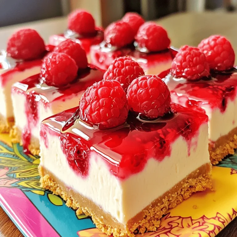 To make these delicious raspberry cheesecake bars, you will need: - 1 ½ cups graham cracker crumbs - ½ cup unsalted butter, melted - 1 tablespoon sugar (for the crust) - 16 oz cream cheese, softened - 1 cup sugar (for the cheesecake filling) - 2 large eggs - 1 teaspoon vanilla extract - 1 cup fresh raspberries (plus extra for topping) - 2 tablespoons cornstarch - 1 tablespoon lemon juice - A pinch of salt These ingredients create a rich and creamy texture. The graham cracker crust adds a nice crunch. The fresh raspberries bring a lovely tartness. You can dress up your bars with fun toppings like: - Extra fresh raspberries - A raspberry reduction (simmer raspberries with sugar) - Whipped cream - Mint leaves These options add color and flavor. They can make your dessert look stunning for guests. If you need to make swaps, here are some ideas: - Use coconut oil instead of butter for a dairy-free option. - Replace cream cheese with a vegan cream cheese for a plant-based treat. - Substitute sugar with honey or maple syrup, but adjust the amounts. These substitutions keep the essence but change the flavor. It's great to customize based on your needs! To start, preheat your oven to 325°F (160°C). You need a baking dish that is 8x8 inches. Line it with parchment paper, letting it hang over the edges. This helps you lift the bars out later. In a medium bowl, mix 1 ½ cups of graham cracker crumbs, ½ cup of melted unsalted butter, and 1 tablespoon of sugar. Stir until the crumbs look wet and stick together. Press the mixture firmly into the bottom of the dish. You want an even layer. Bake it for 10 minutes, then remove it and let it cool completely. Now, let’s make the cheesecake filling. In a large bowl, beat 16 oz of softened cream cheese until it is smooth. Gradually add 1 cup of sugar while mixing. Make sure it blends well. Next, add 2 large eggs, one at a time. Mix until just combined. Then, stir in 1 teaspoon of vanilla extract, 2 tablespoons of cornstarch, 1 tablespoon of lemon juice, and a pinch of salt. Mix until smooth. Gently fold in 1 cup of fresh raspberries. Be careful not to mash them too much; you want some whole berries. Pour the cheesecake mixture over the cooled crust. Spread it out evenly in the dish. Bake it in your preheated oven for 30-35 minutes. The center should be set but still jiggle a little. After baking, let the bars cool at room temperature. Once cooled, transfer them to the fridge. Chill for at least 3 hours, or even overnight. This helps the texture. When you are ready to serve, lift the cheesecake out of the pan using the parchment paper. Slice it into bars and top with extra raspberries for a pretty touch. To get a creamy texture in your raspberry cheesecake bars, start with room-temperature cream cheese. Cold cream cheese can mix unevenly, causing lumps. Beat the cream cheese until it’s smooth before adding other ingredients. Mix slowly when adding sugar, eggs, and vanilla. Overmixing can add air and lead to cracks. Treat your mixture gently to keep it silky. Cracks can spoil the look of your cheesecake. To avoid this, do not overbake. The center should jiggle slightly when you take it out. A water bath can also help. Place the baking dish in a larger pan filled with water. This keeps the heat even and moist. Lastly, let the cheesecake cool slowly. Rapid temperature changes can cause cracks. Chill your raspberry cheesecake bars for at least three hours. For the best texture and flavor, overnight chilling is best. This allows the flavors to meld and the texture to set properly. Cover your dish with plastic wrap to prevent any odors from the fridge. When ready to serve, slice and enjoy the creamy goodness! {{image_2}} You can swap raspberries for other fruits. Try strawberries, blueberries, or peaches. Each fruit adds its own flavor. For strawberries, slice them thin. Blueberries can be folded in whole. Peaches need dicing. Adjust sugar based on sweetness. This makes every bite unique. Your guests will love these fruity twists. To make these bars gluten-free, use gluten-free graham cracker crumbs. They work just like regular crumbs. You can also use almond flour for a nutty taste. Combine almond flour with melted butter and sugar. Press it into the dish like the original crust. This way, everyone can enjoy these treats! You can change the crust for fun. Try using Oreo cookies instead of graham crackers. Crush the cookies and mix with melted butter. Press this mixture into the baking dish. Another option is using nuts. Ground pecans or walnuts can add a rich flavor. Just mix them with butter and press firmly. This gives your bars a new character. To keep your Raspberry Cheesecake Bars fresh, place them in an airtight container. Store them in the fridge for up to five days. Make sure to separate layers with parchment paper to avoid sticking. This keeps the bars nice and neat for serving. You can freeze these bars for longer storage. Cut them into squares and wrap each piece tightly in plastic wrap. Then, place them in a freezer-safe container. They will stay good for up to three months. To thaw, transfer the bars to the fridge overnight before serving. If you want to enjoy your bars warm, preheat the oven to 325°F. Place the bars in an oven-safe dish and heat for about 10 minutes. This helps to soften the cheesecake without cooking it further. Enjoy them with a fresh raspberry topping for added flavor! Yes, you can use frozen raspberries. They work well in this recipe. Just remember, frozen raspberries can be a bit mushy. This could make the cheesecake a little wetter. If you want a firmer texture, try to drain any extra liquid after thawing. The cheesecake is done when the edges are set, but the center still jiggles slightly. This means it will firm up as it cools. A good way to check is to gently shake the pan. If the center wobbles just a bit, it’s ready. Yes, you can double the recipe. Just use a larger baking dish. Make sure to adjust the baking time too. A larger batch may need more time in the oven. Keep an eye on it to avoid over-baking. This blog post covered everything you need to make delicious raspberry cheesecake bars. We talked about the key ingredients, the step-by-step process, and tips for the best texture. You can try different fruit or crust options to mix it up. Remember to store these treats properly for maximum freshness. I hope you feel ready to bake and enjoy your cheesecake bars! Happy baking!