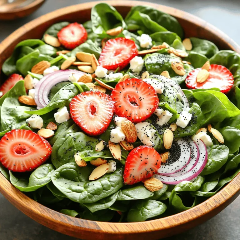 - 5 cups fresh baby spinach, washed and dried - 2 cups strawberries, hulled and sliced - 1/4 cup red onion, thinly sliced Fresh produce makes this salad bright and tasty. Baby spinach brings a nice crunch and good nutrients. Strawberries add sweetness and color. Red onion gives a mild bite that balances the flavors. - 1/2 cup sliced almonds, toasted - 1/4 cup feta cheese, crumbled Nuts and cheese add texture and depth. Toasted sliced almonds give a warm, nutty flavor. Feta cheese adds creaminess and a salty touch, making each bite rich and satisfying. - 1/3 cup olive oil - 2 tablespoons apple cider vinegar - 1 tablespoon honey The dressing ties the salad together. Olive oil brings smoothness, while apple cider vinegar adds a tangy kick. Honey sweetens the mix, balancing the salad's flavors perfectly. Mix these ingredients to create a bright and vibrant dish that everyone will love! To make the dressing, grab a small bowl or jar. Add the olive oil, apple cider vinegar, honey, and Dijon mustard. Then, sprinkle in some salt and pepper. Whisk or shake the mixture until it blends well. This blending is called emulsification. It helps mix oil and vinegar smoothly. If you want a thicker dressing, add a bit more honey. To toast the almonds, use a dry skillet. Heat it over medium heat. Add the sliced almonds and stir them often. Keep an eye on them as they cook. This takes about 3 to 5 minutes. You want them golden and fragrant, not burnt. Once they are ready, take them off the heat and let them cool. Toasting adds a nice crunch to the salad. In a large salad bowl, start layering the ingredients. First, add the fresh baby spinach. Next, top it with the sliced strawberries, toasted almonds, red onion, and feta cheese. When it's time to dress the salad, drizzle the prepared dressing over it right before serving. Gently toss everything together. This way, each bite has a mix of flavors. Finally, sprinkle the poppy seeds on top for added crunch and a touch of beauty. Serve your salad in a large wooden bowl. The wood adds warmth and beauty. It highlights the fresh ingredients. For a fun touch, place whole strawberries on top. A sprinkle of poppy seeds adds a nice crunch. You can add herbs like mint or basil for a fresh twist. Fresh herbs boost flavor and add color. Try different cheeses like goat cheese or blue cheese for unique tastes. Each cheese brings a new layer of flavor. This salad pairs well with grilled chicken or shrimp. Adding protein makes it a complete meal. It works great for summer picnics or as a light lunch. You can serve it at gatherings or special occasions. The bright colors and flavors impress everyone. {{image_2}} You can change the fruits in your salad based on the season. In summer, try fresh peaches or blueberries. Both add a nice sweetness. In fall, apples work well too. You can also switch up the greens. Instead of spinach, you might like arugula or kale. These greens have a different taste that can make your salad exciting. If you want to make this salad vegan or dairy-free, leave out the feta cheese. You can use avocado for creaminess instead. For the dressing, choose maple syrup instead of honey to keep it vegan. If you need a gluten-free dressing, check that the mustard is gluten-free. This way, everyone can enjoy the salad without worry. To keep your leftover salad fresh, store it in an airtight container. This helps keep the spinach crisp and the strawberries juicy. If you have dressing left, keep it separate. This keeps the salad from getting soggy. Pour it over just before you eat. For the best taste, eat the salad within 1-2 days. After that, the spinach and strawberries may lose their freshness. Look for signs of spoilage. If the spinach turns brown or slimy, or if the strawberries smell sour, it's best to toss it. Always trust your senses when checking for freshness. Yes, you can make this salad ahead of time. To keep it fresh, prepare the ingredients separately. Store the spinach, strawberries, and other items in airtight containers. Mix the dressing in a jar and keep it in the fridge. When you are ready to eat, simply combine everything. This method keeps the salad crisp and tasty. If you need a substitute for poppy seeds, there are many options. You can use sesame seeds for a nutty flavor. Chia seeds also work well and add health benefits. For extra crunch, consider chopped nuts like walnuts or pecans. Each option brings a unique texture and taste to the salad. This salad can be great for meal prep. Store the spinach and strawberries in separate containers. Keep the dressing in a jar to avoid sogginess. When you want to eat, just mix them together. This way, you can enjoy fresh flavors throughout the week. Make sure to eat within a few days for the best taste. This blog post details a vibrant salad, focused on fresh produce, nuts, and tasty dressing. You learned how to prepare the dressing, toast almonds, and layer ingredients effectively. Presentation and flavor tricks enhance your salad’s appeal. You can even adjust this recipe to fit seasonal fruits or dietary needs. Lastly, proper storage tips will help keep your salad fresh. With these steps, you'll create a delicious dish perfect for any occasion. Enjoy making this salad your own!