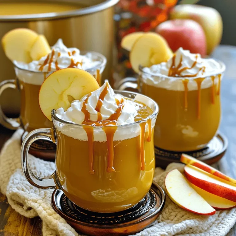 - 8 cups apple cider - 1 cup caramel sauce (plus extra for drizzling) - 1/4 cup brown sugar - 1 tsp ground cinnamon - 1/2 tsp ground nutmeg - 1/4 tsp ground allspice - 1/4 tsp ground cloves - Juice of 1 lemon - 2 cups water - 1 apple, sliced for garnish - Whipped cream (optional, for serving) To make this punch, you need simple ingredients. Apple cider is the star here, giving that warm, fruity taste. Caramel sauce adds sweetness and richness, making it feel special. Brown sugar helps deepen the flavor. The spices like cinnamon, nutmeg, allspice, and cloves bring warmth, perfect for fall. If you don’t have brown sugar, you can use white sugar. For the spices, feel free to adjust them to your taste. If you want a sweeter punch, just add more caramel sauce. You can also swap the apple cider with pear cider for a twist. Each ingredient plays a big role in making this drink delightful. - Prepping the slow cooker First, grab your slow cooker. Make sure it is clean and ready for use. Place it on a stable surface. - Mixing the base ingredients In the slow cooker, pour in 8 cups of apple cider. Add 1 cup of caramel sauce next. Then, sprinkle in 1/4 cup of brown sugar. Toss in 1 teaspoon of ground cinnamon, 1/2 teaspoon of nutmeg, 1/4 teaspoon of allspice, and 1/4 teaspoon of cloves. Stir all these together well. Finally, add the juice of 1 lemon and 2 cups of water. Mix again until all ingredients blend nicely. - Setting the slow cooker and cooking time Cover your slow cooker with the lid. Set it to low heat. Let it cook for about 2 hours. This helps the flavors come together beautifully. - Adjusting flavors after cooking After 2 hours, carefully taste your punch. If you want it sweeter, add more caramel or brown sugar. Mix well and taste again until it’s just right. Once you’re happy with the flavor, ladle the warm punch into cups. Drizzle some extra caramel sauce on top for a sweet finish. Optional: For a fun touch, add whipped cream and garnish with apple slices. Enjoy your Caramel Apple Cider Punch! To make your Caramel Apple Cider Punch even better, consider adding spices. Ground ginger adds warmth, while a dash of cayenne gives it a nice kick. You can mix in a little vanilla extract for a sweet touch. Adjusting sweetness is easy. If your punch tastes a bit tart, add more caramel sauce or brown sugar. Start with just a teaspoon; then taste again. You want it to be balanced and just right. Presentation matters! Serve your punch in clear mugs to show off its rich color. Drizzle extra caramel on top for a lovely look. You can also garnish with fresh apple slices for a fun touch. Pair this punch with salty snacks like pretzels or popcorn. It goes well with sweet treats, too. Try it with cookies or pie for a warm dessert vibe. {{image_2}} You can change up the flavors in your Caramel Apple Cider Punch. Want to skip the caramel? Use maple syrup or honey for sweetness. You can also try different spices. Cardamom or ginger adds a nice kick. For those who enjoy a little heat, add a dash of cayenne pepper. If you want to make this punch grown-up, consider adding alcohol. A splash of whiskey or spiced rum makes it festive. You could also use a bit of vodka for a lighter touch. Just remember to keep the balance right. You want to enjoy the apple and caramel flavors too. This punch is perfect for any season! In fall, add pumpkin spice for a cozy feel. You can even throw in some orange zest for a bright twist. During the holidays, add cranberry juice for a festive color. It gives a tart contrast to the sweet apple cider. For gatherings, serve the punch in a large bowl. Add cinnamon sticks and apple slices for a pretty touch. You can also set out whipped cream and extra caramel. Let guests dress their own cups! This makes it fun and interactive. To keep your Caramel Apple Cider Punch fresh, store it in the fridge. Use a glass or plastic container with a lid. Make sure it is airtight to prevent any strange smells from other foods. If you have a lot left, you can also use smaller containers for easy servings. When you are ready to enjoy your leftover punch, pour it back into the slow cooker or a pot. Heat it on low to keep the flavors intact. Stir it often to ensure even warming. If you use the microwave, warm it in short bursts. This way, you avoid losing any flavor. Your punch will stay fresh for about 3 to 5 days in the fridge. Enjoy it warm or cold! Yes, you can make this punch ahead of time. It tastes even better when flavors mix. Just prepare it in the slow cooker and let it cool. Store it in the fridge for up to three days. When ready to serve, warm it up in the slow cooker. You can use apple juice if you cannot find apple cider. The flavor will be sweeter but still good. You might want to add a little lemon juice to balance the sweetness. You can also try pear cider for a different twist. Yes, you can make this punch on the stove. Just combine all ingredients in a pot. Heat over medium-low heat until warm, stirring often. This method takes about 30 minutes. Watch closely to avoid boiling. This punch is already non-alcoholic. It is perfect for kids and families. If you want to add a little sparkle, mix in some sparkling water or ginger ale before serving. This will give it a fun fizz without alcohol. In this article, we covered everything you need for a great Caramel Apple Cider Punch. You learned about the ingredients, step-by-step instructions, and helpful tips. We also explored fun variations and how to store leftovers. Remember, you can make this punch your way. Whether you want it sweeter or spiced up, the choices are yours. Enjoy making and sharing this delicious drink at your next gathering!