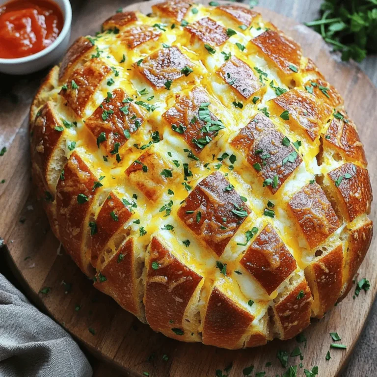 To make Cheesy Garlic Pull-Apart Bread, you need only a few key items. Here’s the list: - 1 large round loaf of bread (like sourdough or focaccia) - 1 cup shredded mozzarella cheese - 1/2 cup shredded cheddar cheese - 1/4 cup unsalted butter, melted - 4 cloves garlic, minced - 2 tablespoons fresh parsley, chopped - 1 teaspoon Italian seasoning - Salt and pepper to taste - 1/4 teaspoon red pepper flakes (optional for a kick!) These ingredients blend perfectly to create a warm, cheesy snack. The garlic and herbs give it an amazing aroma. When picking cheese, you want the best melt and flavor. I love using mozzarella for its gooey texture. It melts beautifully and stretches when you pull apart the bread. Cheddar adds a nice sharpness that contrasts well with the mild mozzarella. You can also try mixing in some provolone or gouda for a twist. Each cheese adds its own character, so feel free to experiment with your favorites. For this recipe, select a bread that has a sturdy crust and soft inside. Sourdough is a top choice because it has a slight tang that enhances the flavors. Focaccia is also great as it is fluffy and absorbs the garlic butter well. Avoid bread that is too soft, as it may fall apart when you cut it. A round loaf shape makes it easy to pull apart and share! Start by preheating your oven to 375°F (190°C). In a small bowl, mix together 1/4 cup of melted unsalted butter and 4 cloves of minced garlic. Add in 2 tablespoons of chopped fresh parsley, 1 teaspoon of Italian seasoning, and a pinch of salt and pepper. If you like heat, add 1/4 teaspoon of red pepper flakes. Stir until everything blends well. This mix will give your bread an amazing flavor. Take your large round loaf of bread, like sourdough or focaccia. Place it on a cutting board. Use a sharp knife to make deep cuts in the bread, forming a crosshatch pattern. Make sure to cut deep enough to create pockets but do not cut all the way through. This step is key! It allows the garlic butter and cheese to seep into the bread. Now it’s time to stuff your bread. Grab a spoon or a brush. Carefully drizzle the garlic butter mixture into the cuts you made. Make sure it goes deep into those crevices. Then, take 1 cup of shredded mozzarella cheese and 1/2 cup of shredded cheddar cheese. Stuff it into the cuts, pushing down to fill each pocket generously. This is where the magic happens! Your bread will become cheesy and flavorful. Now you're ready to bake! To get that gooey, melted cheese, use fresh cheese. Shredded cheese melts better than blocks. Mix mozzarella with cheddar for a tasty blend. Stuff the cheese deep into the bread cuts. This helps the cheese melt evenly. Bake the bread wrapped in foil first. This traps steam and keeps the bread soft. Unwrap it for the last few minutes. This gives you that nice, golden top. One common mistake is cutting the bread too deep. You want cuts but not all the way through. This keeps the bread intact. Another mistake is not using enough garlic butter. More butter means more flavor! Don't rush the baking. Follow the times in the recipe. If you take it out too soon, the cheese won’t melt well. Serve your pull-apart bread warm for the best taste. A wooden board looks nice for serving. Add extra parsley on top for color. A small bowl of marinara sauce pairs well for dipping. You can also try it with a side of ranch dressing. This adds a fun twist to your snack! {{image_2}} Want a kick in your cheesy bread? Add red pepper flakes! This spice brings heat and flavor. Simply mix 1/4 teaspoon of red pepper flakes into your garlic butter. This small tweak can make a big difference. You’ll enjoy a warm, spicy bite with each piece. You can change the flavor by using fresh herbs. Try basil, thyme, or rosemary. Each herb gives a new taste. Chop about two tablespoons of your chosen herb and mix it into the garlic butter. This adds freshness and depth. Experiment to find your favorite mix! While mozzarella and cheddar are great, don’t stop there! Try gouda or pepper jack for a twist. These cheeses melt well and add unique flavors. Mix different kinds for a cheesy surprise. Use equal parts of each cheese for balance. Your pull-apart bread will become a fun cheese adventure! To keep your leftover cheesy garlic pull-apart bread fresh, wrap it well. Use plastic wrap or foil. This keeps moisture in and air out. Store it at room temperature for one to two days. For longer storage, you should consider freezing. When you're ready to enjoy leftover bread, preheat your oven to 350°F (175°C). Place the bread in foil to keep it from drying out. Heat for about 10 to 15 minutes. This makes the cheese melty again and warms the bread perfectly. If you want to save your pull-apart bread for later, freezing is a great option. Wrap the bread tightly in plastic wrap, then again in foil. This prevents freezer burn. You can keep it frozen for up to three months. When you want to eat it, let it thaw in the fridge overnight before reheating. Yes, you can use gluten-free bread. Just choose a sturdy loaf. Sourdough or focaccia works well. The texture may differ, but the flavor still shines. Make sure to check the gluten-free bread for freshness. This bread tastes best fresh, but it can last for two days. Store it in an airtight bag at room temperature. If you want it to last longer, consider freezing it. Just make sure to wrap it tightly in foil. You can prepare the garlic butter mix and cut the bread ahead of time. Just store the bread in the fridge until you are ready to bake. When you are ready, stuff it with cheese and bake as directed. Enjoy the warm, cheesy goodness! Cheesy garlic pull-apart bread is a tasty treat that’s easy to make. We covered the key ingredients, from choosing the right cheese to selecting bread types. I shared steps to prepare the garlic butter and stuff the bread. You learned various tips to ensure perfect cheese melt and avoid common mistakes. We also explored fun variations, storage tips, and answered your FAQs. Enjoy experimenting with flavors and making this dish your own. With these tips, you can impress everyone with your cooking skills.