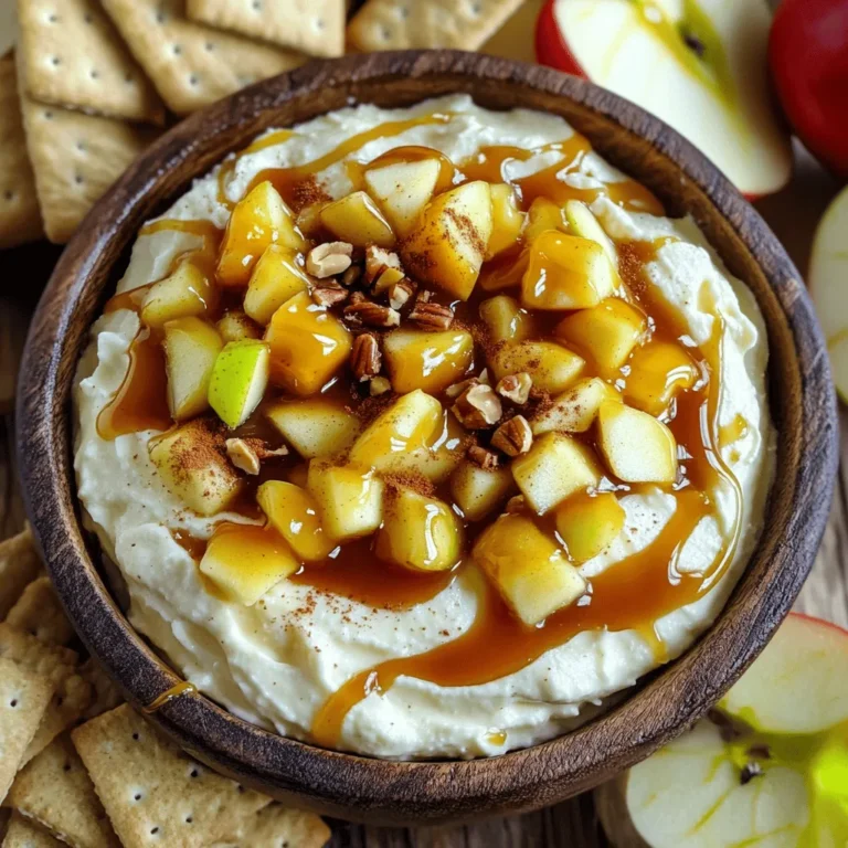 - 8 oz cream cheese, softened - 1/2 cup powdered sugar - 1 tsp vanilla extract - 1/2 cup sour cream - 1 cup caramel sauce (store-bought or homemade) - 1 large apple (Granny Smith or Honeycrisp), diced - 1/2 teaspoon cinnamon - 1/4 cup chopped nuts (walnuts or pecans optional) - Graham crackers and apple slices for dipping To make the best Caramel Apple Cheesecake Dip, gather your ingredients first. Start with 8 ounces of cream cheese. This gives the dip its creamy base. Next, you need 1/2 cup of powdered sugar. This sweetens the dip just right. Add 1 teaspoon of vanilla extract for flavor. Then, use 1/2 cup of sour cream for added creaminess. Now, let's add the fun part: caramel! You will need 1 cup of caramel sauce. You can use store-bought or make your own if you prefer. Choose a large apple, like Granny Smith or Honeycrisp, and dice it. This adds a nice crunch. Don’t forget 1/2 teaspoon of cinnamon for a warm spice note. If you like nuts, 1/4 cup of chopped walnuts or pecans works great too. Finally, grab some graham crackers and apple slices for dipping. With these ingredients, you’ll create a rich, sweet dip that everyone will love. The mix of caramel, apples, and cream cheese makes for a delightful treat. To start, you need to beat the cream cheese until it is smooth. Take your softened cream cheese and place it in a medium mixing bowl. Using a hand mixer, mix it on low speed. Gradually increase the speed until it becomes fluffy and creamy. This step is key for a nice dip texture. Next, add the powdered sugar slowly. Mix well until it is fully combined. This will add sweetness to your dip. Now, add the vanilla extract and sour cream. Continue to mix until everything is creamy. This creates a rich base for your dip. Now, let’s add flavor! Pour in half a cup of caramel sauce. Save some for drizzling later. Gently stir to combine it with your cream mixture. Then, fold in the diced apples. This adds a fresh crunch. Be careful not to break the apple pieces; you want them intact. If you like, fold in the chopped nuts for more texture. Walnuts or pecans work well here. Once combined, transfer the dip to a serving bowl. Drizzle the rest of the caramel sauce on top. You can also sprinkle more cinnamon and nuts for extra flair. This dip shines when served with graham crackers and fresh apple slices. The sweet dip pairs perfectly with the crunchy crackers. You can arrange the crackers and apple slices around the dip for a beautiful spread. This makes it easy for guests to dive in. Enjoy your tasty treat at your next gathering! When making caramel apple cheesecake dip, the right apple makes a big difference. I recommend using Granny Smith or Honeycrisp apples. These apples have the right balance of tartness and sweetness. The tartness cuts through the rich dip. For extra flavor, add spices like cinnamon or nutmeg. A little sprinkle enhances the taste and gives warmth to each bite. If you have leftover dip, store it in an airtight container. Keep it in the fridge for up to three days. To use leftovers, try spreading the dip on toast or filling crepes. You can even swirl it into yogurt for a quick snack. This way, you won’t waste any tasty dip! You can prepare the dip a day in advance. Mix the cream cheese and other ingredients, but keep the apples out until serving. This keeps them fresh and crunchy. Store the dip in the fridge. Just before serving, fold in the apples and drizzle with caramel. It’s a nice time-saver for parties! {{image_2}} You can make this dip even more fun with simple flavor add-ins. Try adding chocolate for a sweet twist. Melt some chocolate and mix it in. You can also use chocolate chips for a quick touch. Peanut butter is another great option. Just stir in a few spoonfuls for a rich, nutty flavor. If you want to add more fruit, diced strawberries or pears work well too. They bring a fresh taste to the dip. If you need gluten-free options, use gluten-free graham crackers for dipping. You can also make this dip vegan. Swap the cream cheese for a vegan cream cheese. Use coconut cream or cashew cream for a rich taste. For those avoiding nuts, just leave out the chopped nuts. The dip still tastes great without them. How you serve the dip can make it even more special. Use a cute bowl or a small cast-iron skillet for a rustic look. You can also create a fun platter with sliced apples and graham crackers around the dip. For a party, use themed garnishes. Add Halloween sprinkles for a spooky vibe or fresh mint leaves for a spring touch. The way you present the dip can impress your guests and make the snack even more exciting. To keep your Caramel Apple Cheesecake Dip fresh, store it in an airtight container. It will last about 3 to 5 days in the fridge. Make sure to keep it covered to avoid it drying out. If you want to freeze it, you can do that too. Just use a freezer-safe container. It can stay good for up to 2 months in the freezer. When you want to eat it again, let it thaw in the fridge overnight. You might want to reheat the dip if it has been in the fridge. The best way to do this is in the microwave. Heat it in short bursts of 15 to 20 seconds. Stir it after each burst. This helps it heat evenly. Be careful not to overheat. If it gets too hot, the dip can become runny. The texture should stay creamy and smooth. If you freeze it, let it thaw first, then follow the same reheating tips. Yes, you can prepare this dip ahead of time. Mix the dip and store it in the fridge. It stays fresh for up to two days. Just keep it in an airtight container. Before serving, give it a quick stir. Drizzle some caramel sauce on top for extra flavor. If you need a cream cheese alternative, try using Greek yogurt or ricotta cheese. These options are lighter but still creamy. For a vegan choice, use cashew cream or coconut cream. Each option gives a different taste, so pick what you like best. Once made, the dip lasts about three days in the fridge. Store it in an airtight container. If you see any change in color or smell, it’s best to toss it. For the best taste, enjoy it within the first two days. In this blog, we explored how to make a tasty Caramel Apple Cheesecake Dip. You learned about the key ingredients like cream cheese and apples. I shared step-by-step instructions, tips on choosing apples, and how to store leftovers. Remember, you can add your favorite flavors too! This dip is perfect for gatherings and simple to make ahead. With these insights, you can impress your friends and family with a delightful treat. Enjoy crafting your dip and experimenting with new ideas!