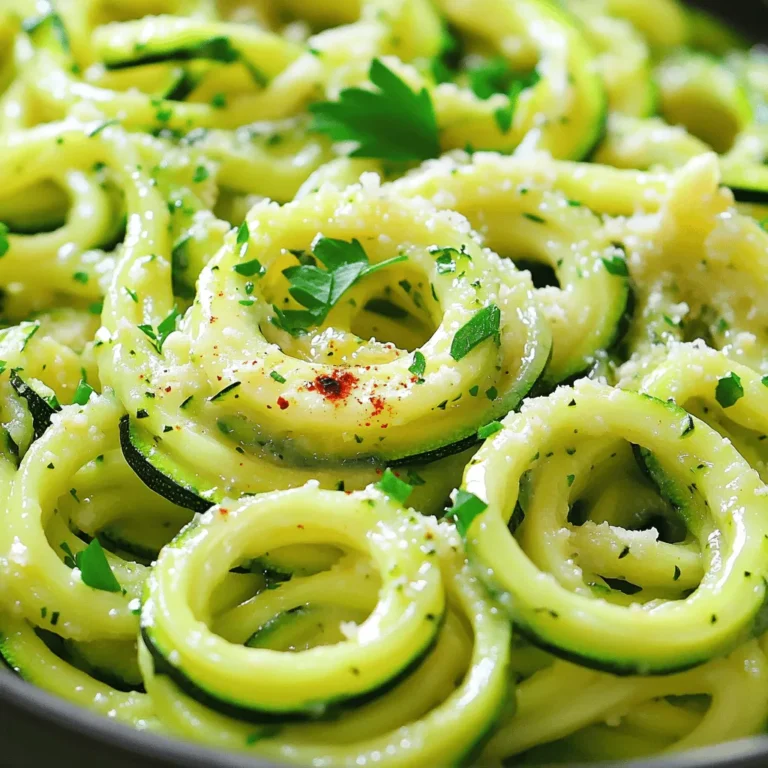 To make Minute Garlic Butter Zucchini Noodles, you need a few simple ingredients. Here’s what you will need: - 4 medium zucchinis - 4 tablespoons unsalted butter - 4 cloves garlic, minced - 1 teaspoon red pepper flakes (adjust to taste) - Salt and pepper to taste - 1 tablespoon fresh parsley, chopped (for garnish) - Grated Parmesan cheese (optional, for serving) Each ingredient plays a key role. Zucchini gives the dish its main base. The unsalted butter adds richness and flavor. Fresh garlic brings a nice aroma and taste. Red pepper flakes add a little heat, but you can adjust that to your liking. Salt and pepper enhance all the flavors. Fresh parsley adds a pop of color and freshness. Finally, Parmesan cheese, while optional, adds a creamy finish. Using fresh ingredients makes all the difference. Fresh garlic is more fragrant than the jarred stuff. Look for firm, shiny zucchinis with no blemishes. When you use these quality ingredients, your dish will shine. Using a Spiralizer To make zucchini noodles, grab your spiralizer. First, wash the zucchinis. Then, cut off both ends. Insert one zucchini into the spiralizer. Twist to create long, curly noodles. Repeat with all zucchinis. Set these fun noodles aside. Using a Vegetable Peeler If you don’t have a spiralizer, use a vegetable peeler. Wash and trim the zucchinis first. Peel strips lengthwise to form thin noodles. Keep peeling until you reach the seeds. Set these aside too. Both methods work well for this dish. Melting the Butter Next, grab a large skillet and place it on medium heat. Add 4 tablespoons of unsalted butter to the skillet. Let the butter melt slowly. Swirl the pan gently to help it melt evenly. Sautéing the Garlic Once the butter melts, add 4 minced garlic cloves. Sprinkle in 1 teaspoon of red pepper flakes for some heat. Stir the garlic for about 1-2 minutes. Watch closely to avoid burning it. The garlic should smell amazing and not brown. Tossing in the Garlic Butter Quickly add the zucchini noodles to the skillet. Toss them in the garlic butter mix. This step makes sure they soak up all the flavors. Cooking Time for Perfect Texture Cook the noodles for just 2-3 minutes. Stir them often to keep them from sticking. You want them tender but still a bit crunchy. This texture makes the dish great! Season with salt and pepper to taste. Adjusting Level of Spice To change the spice level, use red pepper flakes. Start with one teaspoon. Add more if you like heat. Just keep in mind, a little goes a long way. Taste as you go. This way, you can find your perfect balance. Adding Herbs for Freshness Fresh herbs brighten the dish. I love using parsley here. It gives a nice pop of color and flavor. You can also try basil or cilantro. Just chop them fine and sprinkle them on top before serving. Tips for Avoiding Soggy Noodles To keep noodles crispy, cook them quickly. Stir them in the skillet for only 2-3 minutes. If you cook too long, they get soggy. You can also salt the noodles before cooking. This helps draw out extra moisture. Ideal Cooking Temperature Medium heat works best for this dish. It melts the butter without burning it. It also cooks the garlic just right. Too high, and you risk burnt garlic. Too low, and the noodles won’t cook fast enough. Benefits of Fresh Garlic Fresh garlic makes a huge difference. It adds a strong, aromatic flavor. Use whole cloves and mince them yourself. Store-bought garlic can lack the same punch. Plus, fresh garlic is healthier and adds nutrients. Choosing the Right Zucchini Look for firm zucchinis with smooth skin. Avoid ones with blemishes or soft spots. Smaller zucchinis are often sweeter. If you find them, grab a few. They work great in this dish. {{image_2}} You can make gluten-free meals by using other veggies. Try using carrots or sweet potatoes. These can spiralize well too. They add a nice crunch and color. Feel free to mix and match your favorite vegetables. This keeps your meals fresh and fun. If you want a vegan dish, swap the butter for olive oil. Use about the same amount. Olive oil brings a rich taste and healthy fats. You can also add some lemon juice for a zesty twist. This change keeps the dish light and tasty. Want to make this meal heartier? Add grilled chicken or shrimp. Cook them separately and toss them in at the end. This adds protein and makes it more filling. You can season the protein like you do the noodles. This makes sure every bite is packed with flavor. After cooking your Minute Garlic Butter Zucchini Noodles, let them cool first. Use an airtight container for storage. Glass or plastic containers work well. Make sure to seal them tightly. This keeps moisture in and prevents drying out. Store the noodles in the fridge for up to three days. When you are ready to eat, reheat the noodles carefully. Use a skillet over low heat. Add a tiny bit of butter or oil to help. Stir gently to keep the noodles from getting mushy. Heat them for about 2-3 minutes until warm. This helps keep their nice texture. Freezing zucchini noodles is not ideal. They can become watery when thawed. If you want to freeze, do it before cooking. Place raw, spiralized zucchini in a freezer bag. Squeeze out air and seal it. Use within two months for best taste. When ready to cook, thaw them in the fridge overnight before sautéing. You can easily make zucchini noodles with a vegetable peeler. First, wash the zucchini. Then, hold it firmly and peel long strips. Keep turning the zucchini as you peel. This method gives you flat, ribbon-like noodles. You can also use a box grater. Just grate the zucchini on the large holes. This will create thin, noodle-like strands. Both methods work well for this dish. Yes, you can prep some parts ahead. You can spiralize or peel the zucchini in advance. Just store them in a sealed bag in the fridge. However, I recommend cooking the noodles right before serving. Zucchini noodles can become soggy if stored for long. The garlic butter sauce is quick to make, so it's best to prepare it fresh. Zucchini noodles are low in calories and high in nutrients. They are rich in vitamins A and C. They also provide fiber, which is great for digestion. Since they are low in carbs, they are a good choice for those watching their carb intake. Zucchini noodles can help you feel full while keeping meals light. Plus, they are a fun way to add more veggies to your diet. In this blog post, we explored how to make healthy zucchini noodles. We covered the key ingredients, from zucchini to fresh garlic, and walked through step-by-step instructions to prepare and cook them perfectly. Tips on enhancing flavor and ensuring the right texture helped refine your dish. We also discussed fun variations, storage options, and answered common FAQs. Zucchini noodles are tasty, simple, and a great way to eat more veggies. Enjoy creating your own delicious meals, and let your cooking journey inspire others!