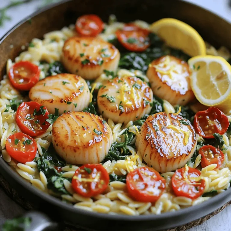 To make One Pan Lemon Butter Scallops & Orzo, gather these fresh ingredients: - 1 pound sea scallops, patted dry - 1 cup orzo pasta - 4 tablespoons unsalted butter - 2 tablespoons olive oil - 3 cloves garlic, minced - 1 lemon, zested and juiced - 2 cups chicken broth (or vegetable broth) - 1 cup cherry tomatoes, halved - 1 cup fresh spinach, roughly chopped - Salt and pepper to taste - Fresh parsley, chopped (for garnish) Each ingredient plays a key role in creating a bright and flavorful dish. The scallops bring a sweet taste, while orzo adds a nice texture. The lemon zest and juice brighten the flavors, and garlic adds warmth. Fresh spinach and tomatoes bring color and nutrition. Using high-quality ingredients makes a big difference in taste. Enjoy the process of preparing this dish, as it combines freshness with comfort. First, pat the scallops dry with paper towels. This step is key. A dry surface helps them sear well. Next, sprinkle salt and pepper on both sides. Seasoning enhances the flavor. In a large skillet, heat 2 tablespoons of olive oil over medium-high heat. When the oil is hot, add the scallops in a single layer. Do not overcrowd the pan; work in batches if needed. Sear the scallops for about 2-3 minutes on each side. You want them golden brown and cooked through. Once done, remove them from the pan and set aside. Now, let’s cook the orzo. In the same skillet, add 2 tablespoons of butter and the minced garlic. Sauté the garlic for about one minute. The smell should be fragrant. Next, add the orzo pasta to the skillet. Toast it for 2-3 minutes, stirring constantly. This step adds depth to the flavor. Then, pour in 2 cups of chicken broth, the lemon juice, and the lemon zest. Bring this mixture to a boil. Once boiling, reduce the heat to low and cover the skillet. Cook for about 8-10 minutes. The orzo should be al dente and absorb most of the broth. Now it’s time to bring everything together. Stir in the cherry tomatoes and chopped spinach. The colors will pop! Add the remaining 2 tablespoons of butter. Cook for an additional 2-3 minutes until the spinach wilts. Finally, gently fold the seared scallops back into the mixture. Let them warm through for about a minute. Taste and adjust seasoning with salt and pepper if needed. To get a great sear on your scallops, start with dry scallops. Pat them with a paper towel to remove moisture. This helps them brown nicely. Heat your pan until it's hot before adding the scallops. Don't crowd the pan; cook them in batches if needed. Each scallop needs space to sear well. This way, they develop a lovely crust. When cooking orzo, check for doneness after about 8 minutes. You want it al dente, not mushy. The orzo should absorb most of the broth. If it looks too dry, add a bit more broth. Stir occasionally to keep it from sticking. Adjust the liquid based on how you like the texture. For creamier orzo, add a splash more broth or even a little water. To boost flavor, consider adding fresh herbs like thyme or basil. A pinch of red pepper flakes can bring a nice heat. If you want more zest, try adding lemon slices while cooking. For garnishing, use fresh parsley or even some toasted pine nuts for crunch. These small touches can really elevate your dish! {{image_2}} For those who need gluten-free options, use rice or quinoa instead of orzo. Both are great at soaking up flavors and work well in this dish. If you want a dairy-free meal, swap unsalted butter for olive oil or a dairy-free butter. These options keep the meal rich and tasty while meeting dietary needs. You can change up the seafood in this dish. Shrimp, fish, or even crab can work well. Each option brings its own flavor. If you want more veggies, add zucchini, bell peppers, or asparagus. These add color and nutrients. Feel free to mix and match ingredients based on what you have. For sides, a simple green salad pairs well. A light vinaigrette keeps flavors fresh. When it comes to wine, a crisp white like Sauvignon Blanc complements the meal nicely. For plating, serve in the skillet for a rustic look. Sprinkle fresh parsley on top and add a lemon wedge on the side. A dash of cracked pepper adds a nice touch too. To store your One Pan Lemon Butter Scallops & Orzo, use an airtight container. Glass or plastic containers work well. Make sure the dish is cool before sealing. This helps prevent moisture buildup inside. Store the leftovers in the fridge for up to three days. When you’re ready to enjoy your leftovers, reheating is key. The best way to reheat scallops and orzo is on the stove. Use a non-stick skillet over low heat. Add a splash of chicken broth to keep things moist. Stir gently until warmed through, about 5-7 minutes. This method keeps the scallops tender and the orzo creamy. Avoid microwaving, as it can overcook the scallops. Scallops cook quickly. You need about 2-3 minutes on each side. They should turn golden brown. Perfectly cooked scallops will feel firm and not rubbery. Timing is key, so watch them closely! Yes, you can prep some parts ahead. You can cook the orzo and store it. Keep the scallops separate until you are ready to serve. Store leftovers in the fridge for up to two days. Reheat gently to keep them tender. If you prefer other proteins, try shrimp or fish. Both cook quickly like scallops. You can even use chicken if you slice it thin. Adjust the cooking time to ensure they are cooked through. This blog post covered a delicious dish highlighting scallops and orzo pasta. You learned about the ingredients, cooking steps, helpful tips, and variations. Perfecting the sear on scallops and achieving the right texture in orzo can truly elevate your meal. Don’t be afraid to try different ingredients or flavors. Remember to store your leftovers properly and reheat them with care. Enjoy this recipe with friends or family, and let your creativity shine in the kitchen. Happy cooking!