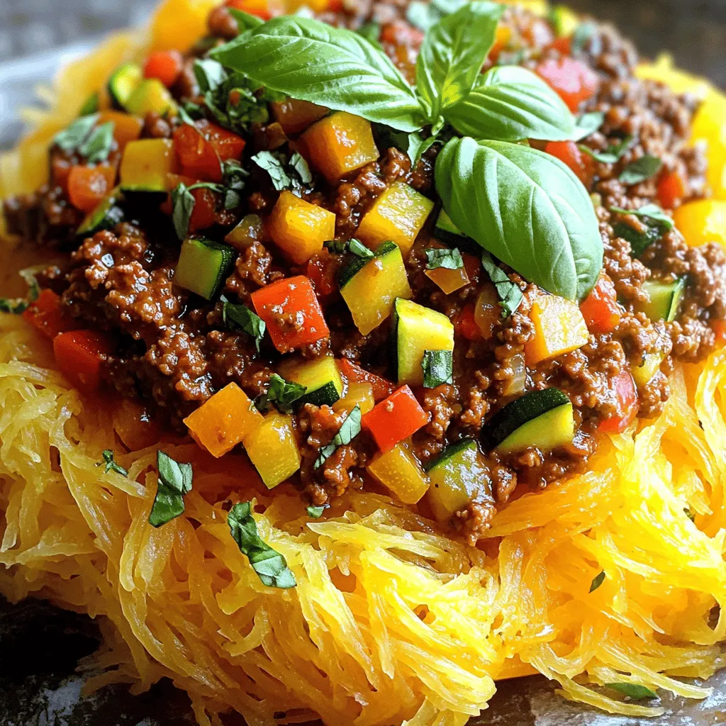 To make Spaghetti Squash Bolognese, gather these items: - 1 medium spaghetti squash - 1 tablespoon olive oil - 1 onion, finely chopped - 2 cloves garlic, minced - 1 carrot, diced - 1 celery stalk, diced - 1 bell pepper (any color), diced - 1 zucchini, diced - 1 (14 oz) can crushed tomatoes - 1 tablespoon tomato paste - 1 teaspoon dried oregano - 1 teaspoon dried basil - Salt and pepper to taste - Fresh basil leaves for garnish For a fresh twist, consider using: - Fresh basil instead of dried - A mix of colorful bell peppers - Seasonal veggies like spinach or mushrooms These fresh ingredients boost flavor and nutrition. They add color and texture too. You might already have these in your kitchen: - Olive oil - Garlic - Canned crushed tomatoes - Tomato paste - Dried herbs like oregano and basil - Salt and pepper These pantry staples make the sauce rich. They create that classic Bolognese taste. First, preheat your oven to 400°F (200°C). Cut the spaghetti squash in half lengthwise. Be careful while cutting! Scoop out the seeds with a spoon. Drizzle a bit of olive oil inside each half. Then, sprinkle with salt and pepper. Place the squash cut side down on a baking sheet. Bake it for 30-40 minutes. You want it soft enough to scrape with a fork. While the squash bakes, heat olive oil in a large skillet over medium heat. Add the chopped onion and sauté until it looks clear, about 3-4 minutes. Next, stir in the minced garlic, diced carrot, celery, and bell pepper. Cook for another 5 minutes. This makes the veggies tender. Then, add the diced zucchini and cook until it gets soft. Pour in the crushed tomatoes and add the tomato paste, oregano, basil, salt, and pepper. Mix well. Lower the heat and let it simmer for 15-20 minutes. Stir it occasionally to blend the flavors. Once the spaghetti squash is done, take it out from the oven. Let it cool for a few minutes. Use a fork to scrape the flesh into spaghetti-like strands. Place these strands on a plate. Top with your Bolognese sauce, and don’t forget to garnish with fresh basil leaves. Enjoy your healthy and delicious meal! To get a rich Bolognese flavor, start with good olive oil. Sauté the onion until it turns clear. This step builds a tasty base. Add garlic next for a nice aroma. Using fresh herbs like basil and oregano makes a big difference. If you want a bit more depth, add a splash of red wine while the sauce simmers. Let it cook slowly for about 20 minutes. This time lets the flavors mix well. Cooking spaghetti squash is simple but needs care. Start by cutting the squash in half. Scoop out the seeds before seasoning. Drizzle olive oil inside and sprinkle salt and pepper. Make sure to place it cut side down on a baking sheet. Bake it at 400°F for 30 to 40 minutes. You know it’s ready when you can scrape the flesh easily with a fork. When serving, use a fork to create the noodle strands. Place the strands on a plate and top with the Bolognese sauce. A few fresh basil leaves on top add color and taste. If you like cheese, sprinkle some grated Parmesan for extra flavor. This dish pairs well with a simple green salad or crusty bread. Enjoy your healthy meal! {{image_2}} You can easily make this dish vegetarian or vegan. Simply skip the meat and use extra veggies. For a vegan twist, swap in vegetable broth for added taste. You can also add lentils or chickpeas for protein. These swaps keep the dish hearty and flavorful. If you want more protein in your meal, add ground turkey or beef. You can also use plant-based proteins like tempeh or lentils. Just brown them in the skillet before adding the vegetables. This way, you keep the rich flavor of Bolognese while boosting nutrition. Feel free to adjust the spices to suit your taste. A pinch of red pepper flakes adds heat. Fresh herbs like thyme or rosemary can deepen the flavors. You can also try adding a splash of red wine for a richer sauce. Experimenting with spices makes each meal unique and exciting. After you enjoy your Spaghetti Squash Bolognese, store any leftovers in an airtight container. This keeps the dish fresh and tasty. You can keep it in the fridge for up to three days. Make sure to let the dish cool down before sealing it. This step helps prevent moisture build-up inside the container. To reheat, you can use a microwave or a stovetop. If using a microwave, place the portion on a plate and cover it with a damp paper towel. Heat for about 1-2 minutes, checking if it’s warm throughout. For stovetop reheating, warm the Bolognese sauce in a pan over low heat until it’s hot. Stir occasionally to avoid burning. If you want to save your Spaghetti Squash Bolognese for later, freezing is a great option. First, let the dish cool completely. Then, pack it in a freezer-safe container. You can also use freezer bags for easy storage. Squeeze out as much air as possible before sealing. This can keep the dish good for about three months. When you're ready to eat, thaw it overnight in the fridge before reheating. Yes, you can! Other squash types like butternut or acorn squash work well. They have a sweet taste that adds flavor. Keep in mind, they may not have the same noodle-like texture. You might need to adjust cooking times based on the squash type. Experimenting can lead to fun new dishes. You will know it's done when the flesh is soft. After baking for 30-40 minutes, poke it with a fork. If it easily scrapes into strands, it is ready. If it feels firm or hard, bake it a little longer. Trust your fork; it is the best test! Spaghetti squash is low in calories but high in nutrients. It is rich in vitamins A and C, which help your body. It also has fiber, which is good for digestion. Plus, it is a great low-carb alternative to regular pasta. Eating it can help you feel full and satisfied. We explored how to make a great Bolognese sauce with spaghetti squash. We covered ingredients, step-by-step cooking, and helpful tips. You also learned about tasty variations and storage methods. Remember, cooking is about finding what you enjoy. Try different spices and flavors to make this dish your own. Don't be afraid to mix things up and have fun. Happy cooking!