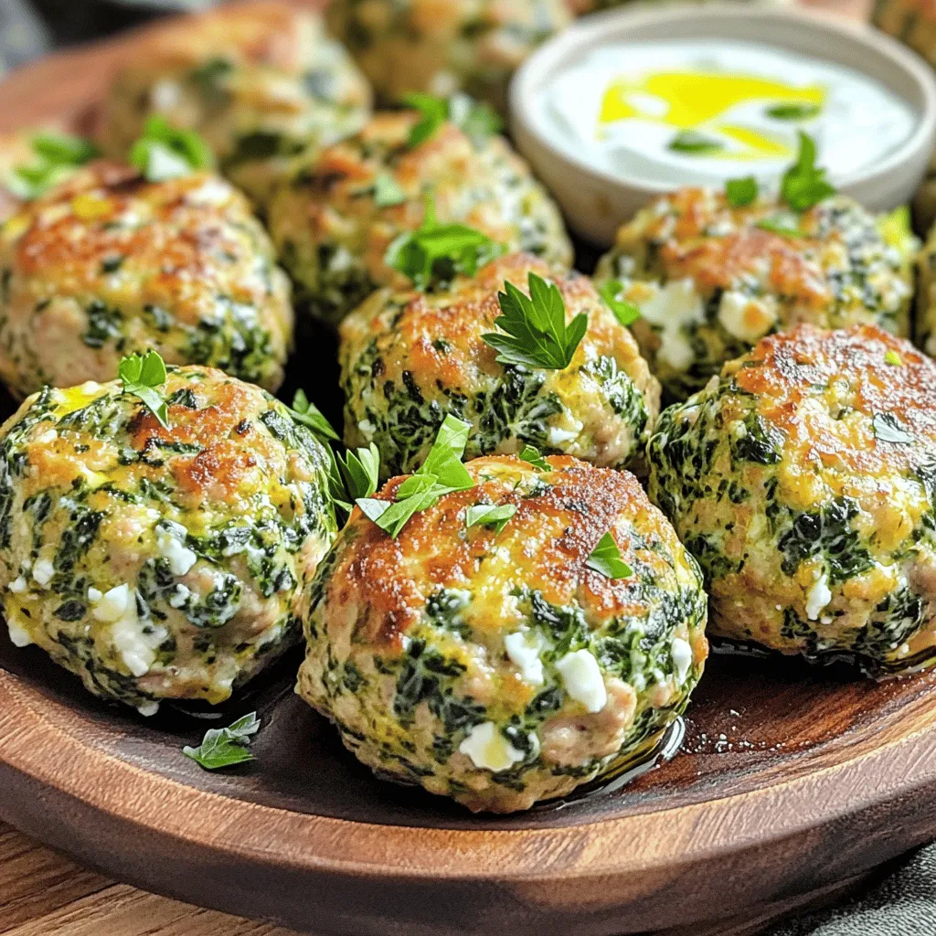 To make delicious Spinach Feta Turkey Meatballs, you need these key ingredients: - 1 pound ground turkey - 1 cup fresh spinach, finely chopped - 1/2 cup crumbled feta cheese - 1/4 cup breadcrumbs - 1/4 cup grated Parmesan cheese - 1 clove garlic, minced - 1/2 teaspoon onion powder - 1/2 teaspoon dried oregano - 1/2 teaspoon salt - 1/4 teaspoon black pepper - 1 large egg, beaten - 1 tablespoon olive oil These ingredients work together to create a tasty and healthy meal. Ground turkey is lean and full of protein. The spinach adds color and nutrients. Feta cheese offers a salty, creamy flavor. Breadcrumbs help bind the meatballs and keep them from being too dry. You can add a few optional ingredients to enhance the flavor of your meatballs: - Fresh herbs like parsley or basil - A pinch of red pepper flakes for heat - A splash of lemon juice for brightness - Chopped onions for extra sweetness These additions can make your meatballs even more delicious. Experiment with different flavors to find your favorite mix. If you have dietary needs, here are some great substitutes: - Use ground chicken instead of turkey for a different taste. - Swap breadcrumbs for almond flour for a gluten-free option. - Replace feta with goat cheese or a dairy-free cheese for a lactose-free meal. - Use egg replacer if you're vegan or allergic to eggs. These substitutions keep the meatballs tasty while meeting your dietary needs. You can enjoy this dish no matter your restrictions! Start by preheating your oven to 400°F (200°C). This step is key for even cooking. Line a baking sheet with parchment paper. The paper helps keep the meatballs from sticking. It also makes cleanup easier, which you will appreciate later. In a large bowl, combine the ground turkey, finely chopped spinach, and crumbled feta cheese. Next, add the breadcrumbs and grated Parmesan cheese. Then, mix in the minced garlic, onion powder, oregano, salt, and black pepper. These ingredients create a tasty flavor profile. After that, pour in the beaten egg. Use your hands to mix everything together. Be gentle and avoid overworking the meat. This keeps the meatballs tender and juicy. Now it's time to shape the mixture. Grab a small amount and roll it into a ball about 1.5 inches wide. Place each meatball on the prepared baking sheet. Make sure to space them evenly. This allows them to cook properly. Once all the meatballs are shaped, drizzle olive oil over them. This helps them brown nicely in the oven. Now, they are ready to bake for 20-25 minutes. Keep an eye on them until they reach an internal temperature of 165°F (75°C). Enjoy the delicious aroma that fills your kitchen! To keep your meatballs moist, you need to balance the ingredients. Use fresh spinach and feta cheese. The moisture from these ingredients keeps the meatballs tender. Make sure not to overmix the turkey. Overworking the meat can lead to dry meatballs. Instead, mix until just combined. This keeps your meatballs light and fluffy. Store leftover meatballs in an airtight container. They will stay fresh for up to three days in the fridge. For longer storage, freeze them. Place the cooled meatballs in a single layer on a baking sheet. Once frozen, transfer them to a freezer bag. When reheating, bake them in the oven at 350°F (175°C) until warm. This helps to maintain their texture. Presentation makes your dish more inviting. Serve the meatballs on a large platter. Garnish with fresh parsley for a pop of color. A squeeze of lemon juice adds brightness and flavor. Pair the meatballs with a creamy yogurt dip or warm marinara sauce. This not only elevates the dish but also offers tasty options for dipping. {{image_2}} You can swap turkey for chicken or beef in this recipe. Both meats work well. Ground chicken gives a lighter flavor, while ground beef adds richness. Adjust spices to suit the meat. Ground chicken may need a bit more seasoning, as it is milder. Beef often yields a richer taste, balancing well with spinach and feta. If you want a vegetarian option, use plant-based ground meat. This will keep the dish flavorful. You can also use mashed chickpeas or lentils as a base. They provide protein and a nice texture. Crumbled tofu works too; just squeeze out excess water first. Add extra spices, as plant-based proteins can be bland on their own. Feel free to mix in your favorite herbs and spices. Fresh herbs like basil or parsley add a bright taste. You can also use spices like cumin or paprika for a kick. A touch of red pepper flakes brings heat, while lemon zest adds freshness. Experiment with your favorite flavors to make these meatballs truly your own! After you cook your spinach feta turkey meatballs, let them cool down. Place them in an airtight container. This keeps them fresh. Store them in the fridge for up to three days. If you want to keep them longer, freezing is a great option. To freeze your meatballs, first cool them completely. Lay them on a baking sheet in a single layer. Freeze them for about an hour until firm. Then, transfer the meatballs to a freezer-safe bag or container. Make sure to remove as much air as possible. They can last for up to three months in the freezer. When you are ready to enjoy your meatballs, take them out of the freezer. Thaw them overnight in the fridge for safety. If you need them fast, use the microwave. Heat them in 30-second intervals until warm. You can also reheat them in the oven at 350°F (175°C) for about 15 minutes. Ensure they reach an internal temperature of 165°F (75°C) before serving. You can tell the meatballs are done when they reach 165°F (75°C). Use a meat thermometer to check this. The outside should be golden brown. This means they cooked well. If they look firm and juicy, they are ready to eat. Yes, you can make these meatballs ahead of time. Prepare them, then store them in the fridge. They stay fresh for up to two days. You can also freeze them for longer storage. Just make sure to cool them first before freezing. These meatballs go well with many sides. You can serve them with pasta and marinara sauce. They also pair nicely with a fresh salad or rice. For a tasty dip, try a creamy yogurt sauce. A squeeze of lemon adds a nice touch too! We covered a lot about making Spinach Feta Turkey Meatballs. You learned about key ingredients, how to prep and cook, and tips for great texture. I shared variations for dietary needs and storage info. These meatballs are not just tasty but also easy to make. Experiment with flavors and enjoy. You can use this guide to create meals that everyone loves. Happy cooking!