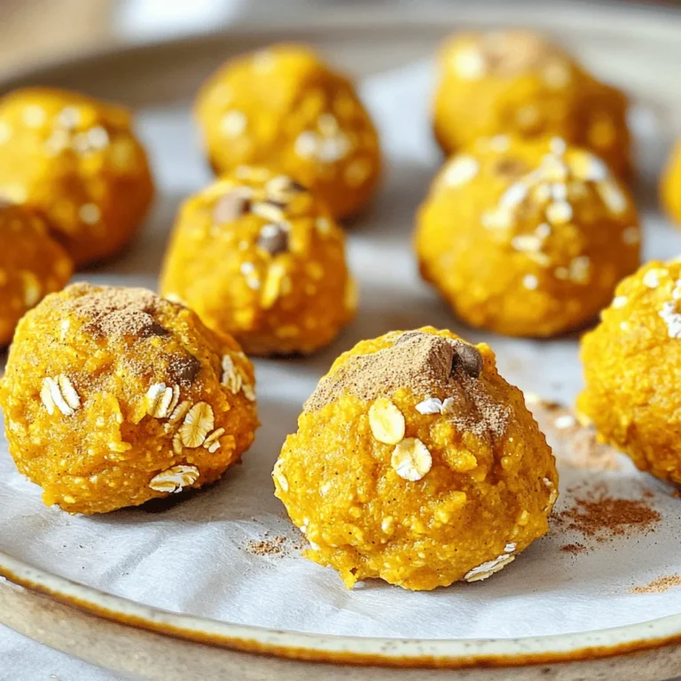 To make delicious pumpkin spice energy bites, gather these key ingredients: - 1 cup rolled oats - 1/2 cup pumpkin puree - 1/4 cup almond butter (or another nut butter) - 1/4 cup honey or maple syrup - 1/2 teaspoon vanilla extract - 1 teaspoon pumpkin pie spice - 1/4 teaspoon salt - 1/4 cup mini chocolate chips (optional) - 1/4 cup chopped nuts (like walnuts or pecans) (optional) These ingredients work together to create energy bites that are both tasty and nutritious. Rolled oats provide a hearty base. Pumpkin puree adds moisture and a lovely flavor. Nut butter gives it creaminess and healthy fats. Honey or maple syrup adds just the right sweetness. Vanilla extract brings a warm note, while pumpkin pie spice adds that classic fall flavor. A pinch of salt enhances all the tastes. Optional ingredients like mini chocolate chips make them extra fun, while nuts add a crunchy texture. You can customize these bites to fit your taste. To start, grab a large mixing bowl. Combine these dry and wet ingredients: - 1 cup rolled oats - 1/2 cup pumpkin puree - 1/4 cup almond butter (or any nut butter) - 1/4 cup honey or maple syrup - 1/2 teaspoon vanilla extract Mix all these ingredients until they are well combined. Next, we need to add flavor. Stir in: - 1 teaspoon pumpkin pie spice - 1/4 teaspoon salt Mix again until everything is thoroughly blended. If you want to add some fun textures, fold in any optional ingredients like: - 1/4 cup mini chocolate chips - 1/4 cup chopped nuts (like walnuts or pecans) Now that the mixture is ready, it’s time to chill it. Place the bowl in the fridge for about 30 minutes. This helps the mixture firm up. Once chilled, take it out. Scoop the mixture and roll it into small balls, about 1 inch wide. This should make about 12 bites. For a little extra flair, roll each bite in cinnamon or shredded coconut. This adds a delightful twist to the flavor. Then, place the energy bites on a parchment-lined plate or tray. Finally, store them in an airtight container in the fridge. They stay fresh for up to one week. You can also freeze them for longer storage. Enjoy your tasty and healthy treats! To get the right texture in your pumpkin spice energy bites, you might need to tweak the ingredients a bit. If your mixture feels too dry, add a little more pumpkin puree or nut butter. This will help bind everything together. If it’s too wet, sprinkle in more rolled oats until you get that perfect consistency. Stickiness can be a problem, especially when rolling the bites. To avoid this, keep your hands slightly damp with water. You can also dust your hands with a bit of oats. This will help prevent sticking and make rolling easier. These energy bites pair well with many drinks. Try them with a warm cup of coffee or tea. They also taste great with a glass of almond milk or a smoothie. These bites are perfect for any occasion. Serve them at kids' parties or as a snack after school. They also make a great pick-me-up during busy workdays. Making these energy bites fun for kids is easy. Let them help mix the ingredients. They can also roll the bites into fun shapes. Adding colorful sprinkles or rolling them in shredded coconut makes them more appealing. Use this opportunity to teach kids about healthy eating. Talk about the benefits of oats and pumpkin. Explain how these ingredients give energy and help them grow strong. {{image_2}} You can easily change the flavor of your energy bites. Swap out the pumpkin pie spice for cinnamon or nutmeg to give a new taste. Using different nut butters adds a twist too. For example, try peanut butter for a rich, nutty flavor. Cashew butter brings a creamy texture, perfect for a smooth treat. Want to boost the nutrition? Add in some dried fruits like cranberries or raisins. They add sweetness and chewiness. If you like protein, include protein powder or seeds. Chia seeds or flaxseeds work great here. They help keep you full longer and add extra crunch. You can make these bites fun for any season. For the holidays, add crushed candy canes or gingerbread spice for a festive touch. In the summer, fresh fruits like strawberries or blueberries can lighten them up. These seasonal twists keep things exciting and tasty! For your pumpkin spice energy bites, I recommend using airtight containers. This keeps the bites fresh and prevents them from drying out. Plastic bags are okay too, but they might not seal as tightly. When it comes to temperature, refrigeration is best for short-term storage. Your bites stay good in the fridge for up to one week. If you want to store them longer, freeze them. Just remember to use an airtight container or freezer bag to avoid freezer burn. To enjoy maximum flavor, eat your energy bites fresh. If they start to smell off or look discolored, toss them. Also, if they feel dry or hard, they may have spoiled. Freshness is key to enjoying their taste, so check them regularly. These energy bites are perfect for travel. Just pack a few in a small container or a bag. They make a great snack for road trips or busy days. For meal prep, you can make a big batch at once. Store them in portions, so grabbing a bite is easy. Having these ready means you always have a healthy snack on hand! Pumpkin spice energy bites are quite healthy. They offer a good mix of fiber, protein, and healthy fats. Here’s a quick breakdown: - Rolled oats provide fiber and keep you full. - Pumpkin puree is low in calories and high in vitamins. - Nut butter adds protein and healthy fats. - Honey or maple syrup gives natural sweetness and energy. Homemade energy bites are healthier than store-bought ones. You control the ingredients and avoid added sugars or preservatives. Store-bought snacks often lack nutrition. Making these bites at home means you get the best flavors and health benefits. Yes, you can easily make these bites nut-free. Instead of almond butter, try using sunflower seed butter or soy nut butter. These options give a similar texture and taste without nuts. You can also skip the butter entirely and use mashed banana or applesauce as a binder. This way, you keep the energy bites tasty and safe for those with nut allergies. Pumpkin spice energy bites last about one week in the fridge. Store them in an airtight container to keep them fresh. If you want to keep them longer, you can freeze them. In the freezer, they last for about three months. Just make sure to thaw them in the fridge before eating. Yes, you can use fresh pumpkin. First, you need to cook it until soft. Then, mash it well to get a smooth texture. You might need to adjust the amount you use. Fresh pumpkin can be wetter than canned puree. If your mix is too wet, add a bit more oats to help it bind. This keeps the energy bites from falling apart. This blog post covered everything you need to make delicious pumpkin spice energy bites. We explored essential ingredients, step-by-step instructions, helpful tips, tasty variations, and storage methods. Making these bites can be fun and easy. You can customize them to suit your taste and needs. Plus, they are great for kids! Keep this guide handy for your next snack adventure. Enjoy your healthy treats, knowing you created them with care!